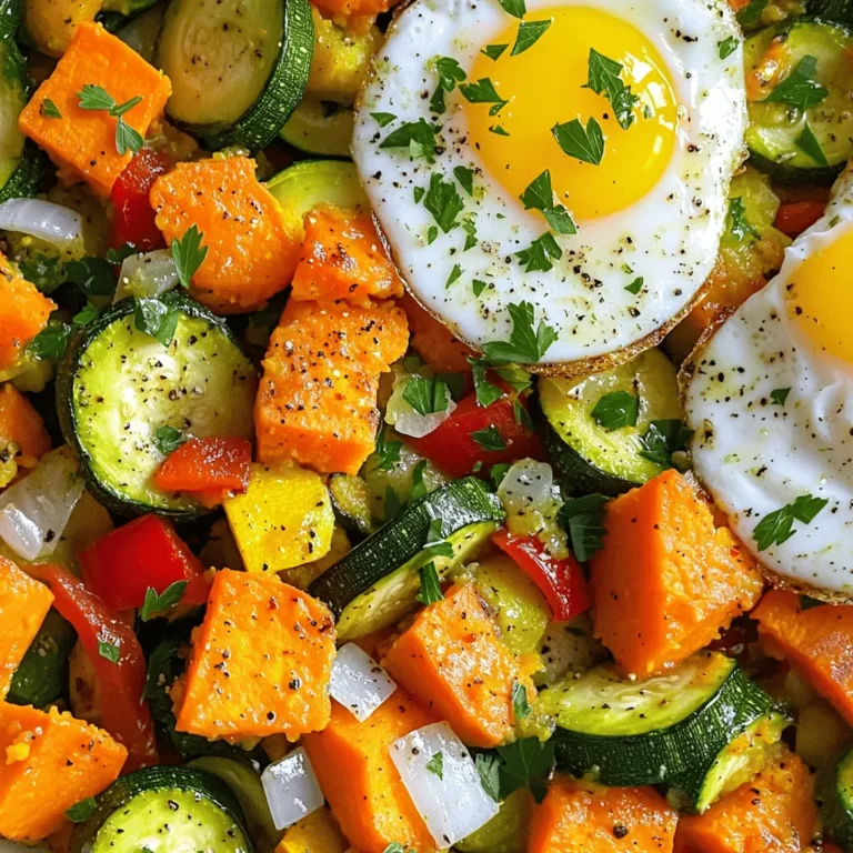 - 2 medium sweet potatoes, peeled and cut into small cubes - 2 medium zucchinis, diced into bite-sized pieces - 1 red bell pepper, diced - 1 small onion, finely chopped - 3 cloves garlic, minced - 1 teaspoon smoked paprika - 1 teaspoon ground cumin - 2 tablespoons extra virgin olive oil - Salt and black pepper to taste - Fresh parsley, finely chopped (for garnish) These main ingredients bring a colorful mix to your plate. Sweet potatoes add a nice sweetness and creaminess. Zucchini brings freshness and a slight crunch. The red bell pepper and onion add depth. Garlic gives that rich flavor, while spices like smoked paprika and cumin give warmth. - Eggs for topping - Fresh parsley for garnish - Alternative seasoning ideas Adding eggs gives your dish a protein boost. You can fry or poach them to your liking. Fresh parsley not only looks great but also adds a fresh taste. You can experiment with other seasonings like chili powder or oregano for a twist. For the full recipe, check out the Zesty Zucchini and Sweet Potato Hash 🥒. To start, I heat 1 tablespoon of olive oil in a large skillet over medium heat. Once the oil is hot, I add the small cubes of sweet potatoes, seasoning them with salt and black pepper. I cook them for about 10-12 minutes. I stir them occasionally. I look for a light golden-brown color and softness. This step builds a great base for the dish. Next, I add the finely chopped onion and minced garlic to the skillet. I sauté them for about 2-3 minutes. I stir often until the onions turn soft and see-through. This step is crucial because it infuses the whole dish with amazing flavors. The aroma fills the kitchen and makes me hungry! Now, I toss in the diced zucchini and red bell pepper. I keep stirring regularly for another 5-7 minutes. I want all the veggies to cook evenly. They should become tender and bright in color. This adds a nice crunch and freshness to the dish. I then sprinkle in the smoked paprika and ground cumin. I stir well to coat all the vegetables. This helps the spices bloom and mix with everything. I let the hash cook for another 2-3 minutes. After this, I taste it and adjust the seasoning with more salt and black pepper if needed. If I want to add eggs, I cook them in a small pan. I usually fry or poach them. I do this during the last few minutes of cooking the hash. This timing ensures the eggs are ready right when the dish is done. When everything is cooked and golden, I remove the skillet from heat. I serve the zesty zucchini and sweet potato hash hot. If I used eggs, I place them on top. I love garnishing with fresh parsley for color and taste. For a beautiful dish, I serve it in shallow bowls. This adds a nice touch to my meal. To get your hash crispy, you need some simple tricks. First, use a wide skillet. This helps the heat spread evenly. Next, don't overcrowd the pan. If you add too many veggies at once, they will steam instead of fry. For the oil, use enough to coat the pan but not drown the veggies. I suggest using extra virgin olive oil. Heat it to medium-high for the best results. This helps achieve that golden-brown color you want. You can prep your hash ahead of time. Start by chopping the sweet potatoes and zucchini. Store them in the fridge for up to two days. This saves time on busy mornings. You can also cook the hash in advance. Let it cool, then store it in a sealed container. When you're ready to eat, just reheat it in a skillet for the best taste. You can also microwave it for quick meals, but the skillet gives it a better texture. Want to jazz up your hash? Consider adding some extra flavors. You can mix in black beans for protein. They add a nice texture and flavor. For a kick, try adding jalapeños or red pepper flakes. Fresh herbs like thyme or basil can also brighten the dish. Use smoked paprika and cumin to deepen the flavor. Don't be shy about experimenting with different herbs and spices. This makes your hash unique and personal to you. For the full recipe, check out the Zesty Zucchini and Sweet Potato Hash. {{image_4}} You can add protein to your zucchini and sweet potato hash for a heartier dish. Great options include beans, chicken, or sausage. - Beans: Black beans or chickpeas work well. Just add them in during the last few minutes of cooking. - Chicken: Cooked, diced chicken adds great flavor. Stir it in with the veggies. - Sausage: Chopped sausage gives a nice kick. Cook it first, then add the sweet potatoes and other veggies. If you love heat, consider making a spicy version of this dish. - Add crushed red pepper flakes during cooking for a mild kick. - Chili powder can also spice things up. - For more heat, try diced jalapeños. Adjust the amount based on your heat preference. You can easily make this dish vegetarian or vegan. - Substitutes: Instead of eggs, use tofu or avocado for topping. - Plant-based: Skip eggs entirely to keep it vegan. Use vegetable broth for extra flavor when cooking. For the full recipe, check out the Zesty Zucchini and Sweet Potato Hash. Enjoy exploring these tasty variations! To keep your zucchini and sweet potato hash fresh, cool it first. Then, place it in an airtight container. Store it in the fridge. Make sure to eat it within three to four days. This way, you enjoy the great taste and texture. You can freeze this hash for later. First, let it cool completely. Then, transfer it to a freezer-safe bag or container. Remove as much air as possible before sealing. It can stay in the freezer for up to three months. When you want to eat it, thaw it in the fridge overnight before reheating. For the best texture, reheat the hash on the stovetop. Use medium heat and a bit of oil. Stir it often until it’s hot. This helps avoid mushiness. You can also use a microwave if you prefer. Just heat it in short bursts, stirring in between. This keeps the veggies from becoming too soft. Zucchini and sweet potato hash lasts about 3 to 5 days in the fridge. Store it in an airtight container. Always check for signs of spoilage before eating. Yes! You can mix in other veggies. Try adding bell peppers, mushrooms, or spinach. Broccoli and carrots also work well. Get creative and use what you like. Yes, zucchini and sweet potato hash is gluten-free. All the ingredients are naturally free from gluten. Just ensure any added spices or toppings are gluten-free too. Absolutely! You can make the hash ahead of time. Just cook it, let it cool, and store it in the fridge. You can reheat it on the stove or in the microwave later. This hash pairs well with many dishes. Try it with fried eggs, grilled chicken, or a fresh salad. It also tastes great alongside avocado or a dollop of yogurt. You can find the full recipe for Zesty Zucchini and Sweet Potato Hash [here](#). This blog post covers how to make a delicious zucchini and sweet potato hash. You learned about key ingredients, step-by-step instructions, and helpful tips. We discussed tasty variations and storage options to keep your dish fresh. In my experience, meal prepping this dish can save time and enhance your meals. Experiment with different ingredients to make it your own. Enjoy creating a flavorful and healthy dish that everyone will love.