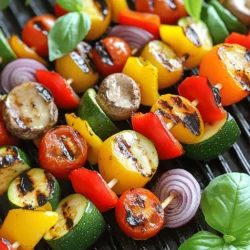For my colorful skewers, I use: - 1 zucchini, sliced into thick rounds - 1 bell pepper (red, yellow, or orange), cut into 1-inch squares - 1 red onion, cut into wedges - 1 cup cherry tomatoes, whole - 1 cup mushrooms, halved These veggies add great taste and color to each bite. Feel free to mix and match your favorites! The marinade gives the veggies a tasty boost. You will need: - 2 tablespoons olive oil - 1 tablespoon balsamic vinegar - 1 teaspoon garlic powder - 1 teaspoon smoked paprika - Salt and freshly ground black pepper, to taste This blend helps the flavors pop and keeps your veggies tender. To make your skewers even better, try adding: - Fresh basil leaves, for garnish These leaves add a fresh touch that makes every skewer shine. For the full recipe, check out the detailed cooking steps. Start by heating your grill to medium-high. This temperature helps get nice char marks on the veggies. If you use wooden skewers, soak them in water for 30 minutes. This step stops them from burning during grilling. Next, grab a large bowl. Add your sliced zucchini, bell pepper squares, onion wedges, cherry tomatoes, and halved mushrooms. Mix them well. In a smaller bowl, whisk together olive oil, balsamic vinegar, garlic powder, smoked paprika, salt, and black pepper. This marinade adds great flavor. Pour it over the veggies and toss them gently. Make sure all the pieces are coated evenly. Now it’s time to put the skewers together. Carefully thread the marinated veggies onto the soaked skewers. Alternate colors and shapes. This makes a pretty pattern for your dish. Once your skewers are ready, place them on the grill. Cook for about 10 to 12 minutes. Turn them often for even cooking. You want them tender and marked with grill lines. After grilling, let the skewers cool for a minute. Add fresh basil leaves on top for a burst of flavor. For the full recipe, check out the ingredients and detailed steps above. For the best grilled veggie skewers, pick fresh, colorful vegetables. Use a mix of textures and flavors. My favorites are zucchini, bell peppers, red onions, cherry tomatoes, and mushrooms. These veggies grill well and look great. You can also try eggplant or asparagus for more variety. Just keep the sizes similar for even cooking. If you use wooden skewers, soak them in water for at least 30 minutes. This step helps to keep them from burning on the grill. It is simple but very important. If you skip this, your skewers can char and break. Metal skewers do not need soaking, but use caution; they get hot! To get those perfect grill marks, grill your skewers on medium-high heat. Place them on the grill and let them sit for a few minutes before turning. This allows the veggies to sear nicely. Turn them every few minutes for even cooking. Aim for about 10-12 minutes total grilling time. You want them tender but not mushy. For more tips, check the Full Recipe! {{image_4}} You can easily boost your veggie skewers with protein. Try adding cubed chicken, shrimp, or tofu. Chicken cooks fast and takes on flavors well. Shrimp grill quickly and add a nice touch. Tofu absorbs marinades and brings a creamy texture. Aim for about 1 inch pieces for even cooking. Marinades can change the flavor of your skewers. Use soy sauce and honey for a sweet twist. A lemon and herb mix adds a fresh taste. For a spicy kick, mix sriracha with olive oil. Let your veggies soak for at least 30 minutes to soak up those flavors. Seasoning makes a big difference. Instead of garlic powder, try onion powder for a sweet touch. Cumin adds warmth and earthiness. If you want a zesty taste, use lemon zest. Experiment with your favorite herbs too, like oregano or thyme. Each will give your skewers a new vibe. After your meal, let the skewers cool down. Place any leftovers in an airtight container. They will stay fresh for up to three days. This helps keep the flavors intact and reduces waste. If you want to enjoy them later, make sure to store them properly. You can freeze grilled veggie skewers for later use. Wrap them tightly in plastic wrap or foil. Then, place them in a freezer bag. They can last up to three months in the freezer. When you want to eat them, just thaw them in the fridge overnight. Reheating the skewers brings back their delicious taste. The best way is to use an oven. Preheat it to 350°F (175°C). Place the skewers on a baking sheet. Heat them for about 10 minutes. You can also use a microwave, but the oven keeps them crisp and tasty. Remember to check the temperature to ensure they are heated through. For more details, you may want to refer to the Full Recipe. To stop veggies from sticking, use oil. Brush olive oil on the grill grates. You can also coat the veggies lightly with oil before grilling. This makes them slide off easily. Yes, you can use many vegetables. Try eggplant, asparagus, or corn. Just make sure they are cut evenly. This helps them cook at the same rate. Grill veggies on medium-high heat. This gives them nice grill marks and keeps them tender. Turn them often to avoid burning. Cooking for 10-12 minutes usually works well. Clean your grill while it is still warm. Use a grill brush to scrub off bits of food. Rinse with water and dry it afterward. This keeps your grill in great shape for next time. You can find a full recipe for these delicious grilled veggie skewers by following the link above! Grilling veggies on skewers is fun and easy. I shared the best ingredients, from fresh vegetables to marinades. You learned step-by-step instructions for prepping, marinating, and grilling. Tips for choosing veggies and ensuring grill marks add extra flavor. Consider the tasty variations, like proteins or different seasonings. Don’t forget about storing leftovers and reheating them right. Enjoy your grilled creations and customize them to your taste! Happy grilling!
