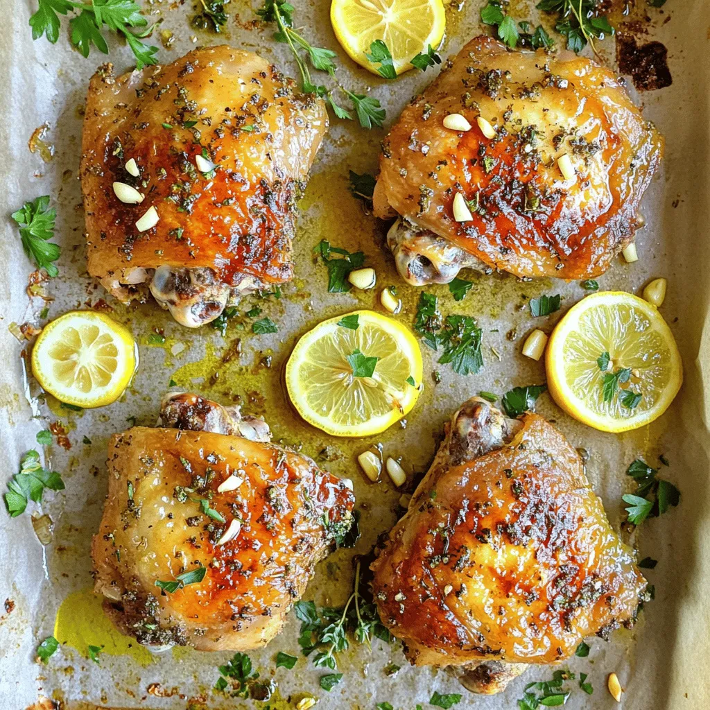 - 4 bone-in, skin-on chicken thighs - 3 tablespoons extra virgin olive oil - 1 tablespoon fresh rosemary, finely chopped - 1 tablespoon fresh thyme, finely chopped - 1 tablespoon fresh parsley, finely chopped - 4 cloves garlic, minced - Zest and juice of 1 lemon - Salt and freshly ground black pepper, to taste - Lemon slices for garnish I love these ingredients because they create a rich flavor. The chicken thighs stay juicy, and the herbs add freshness. The olive oil helps the skin crisp up, giving you that perfect bite. Fresh herbs like rosemary and thyme bring an earthy taste that shines through the chicken. Using lemon zest and juice brightens the dish. It cuts through the richness of the chicken. Garlic adds a punch of flavor that pairs well with everything. Remember to season well with salt and pepper. This step is key for enhancing all the flavors. You can find the full recipe at the end of the article. Enjoy gathering these ingredients! - Preheat the oven to 425°F (220°C). - Line a baking sheet with parchment paper or aluminum foil. - Combine 3 tablespoons of extra virgin olive oil, 1 tablespoon each of fresh rosemary, thyme, and parsley, 4 cloves of minced garlic, and the zest and juice of 1 lemon in a bowl. - Mix thoroughly to create the marinade. - Pat 4 bone-in, skin-on chicken thighs dry with paper towels. This helps the skin get crispy. - Season each thigh well with salt and pepper. - Apply the herb marinade under and on top of the skin. This step adds great flavor. - Arrange the thighs on the baking sheet, skin side up. - Scatter lemon slices around the chicken for added flavor. - Roast for 30-35 minutes. Check that the internal temperature reaches 165°F (75°C). - After roasting, let the chicken rest for 5 minutes before serving. This helps keep the meat juicy. Feel free to check the Full Recipe for more details on this delicious dish! Drying chicken thighs is key. If you want crispy skin, pat them dry with paper towels. This removes extra moisture. Moisture will steam the skin, making it soggy. A high oven temperature helps too. Preheat your oven to 425°F (220°C). This hot air crisps up the skin fast. You can mix in other herbs or spices to boost flavor. Try adding oregano or dill for a twist. Smoked paprika adds a nice depth too. You can also switch oils. Instead of olive oil, use avocado oil. It has a high smoke point and a mild taste. Serve the chicken on a big platter. Arrange the chicken neatly and surround it with lemon slices. This adds color and flair. For a well-rounded meal, pair it with roasted veggies or a fresh salad. You can also add fresh herbs for a pop of green. {{image_4}} You can change the herbs in this recipe. If you don’t have fresh herbs, dried ones work well. Use one-third the amount of dried herbs as fresh. For example, if the recipe calls for one tablespoon fresh rosemary, use about one teaspoon dried rosemary. You can also mix herbs like basil and oregano for a new taste. This lets you enjoy different flavors every time you cook. You can cook your chicken thighs in an air fryer. This method is fast and makes the skin very crispy. Preheat your air fryer to 400°F (200°C). Cook the thighs for about 20-25 minutes, turning them halfway through. You can also grill the chicken for a smoky flavor. Heat your grill to medium-high and cook the thighs for 6-7 minutes on each side. Both methods will give you juicy and tasty chicken. You can turn these chicken thighs into a salad or wrap. Chop the cooked chicken and mix it with fresh greens, tomatoes, and cucumbers. Add your favorite dressing for a light meal. You can also serve the chicken with different sauces or salsas. A lemon-garlic sauce or a spicy salsa can add extra flavor. Explore these ideas to make your meal more fun and exciting. For the full recipe, check the previous section. To keep your herb roasted chicken thighs fresh, store them in the fridge. Use airtight containers for the best results. These containers prevent air from getting in, which helps keep the chicken juicy. If you don’t have these, you can wrap the chicken tightly in plastic wrap. However, this method may not keep the chicken as fresh. When reheating your chicken, you want to keep it moist and tasty. The best way to do this is in the oven. Preheat it to 350°F (175°C). Place the chicken on a baking sheet and cover it with foil. Heat for about 15-20 minutes. This helps keep the skin crispy while warming the meat. You can also use a microwave, but this may make the skin soft. Heat it in short bursts, checking to avoid overcooking. If you need to store the chicken for longer, freezing is a good option. To freeze cooked chicken thighs, let them cool first. Then wrap each piece in plastic wrap. You can also use freezer bags for easy storage. Make sure to remove as much air as possible. To thaw, place the chicken in the fridge overnight. For reheating, follow the same oven instructions to keep it juicy. For the full recipe, check out the details above! Using a meat thermometer is key for safety. Insert it into the thickest part of the thigh. The chicken should reach 165°F (75°C) to be safe to eat. You can also look for visual cues. The skin should turn golden brown. The juices should run clear when you cut into the meat. If they are pink, cook a bit longer. Yes, boneless thighs work well too. They cook faster, so reduce the cooking time by about 5-10 minutes. Boneless thighs may be less juicy, but the flavor remains great. You can use the same herb marinade for tasty results. Many sides complement this dish perfectly. Roasted vegetables like carrots, broccoli, or Brussels sprouts add color and taste. Salads with fresh greens and a light vinaigrette are also nice. You can serve it with grains like rice or quinoa for a hearty meal. Yes, you can prep the chicken in advance. Marinate the thighs the night before for more flavor. Store them in the fridge until you're ready to cook. For leftovers, keep them in an airtight container. Reheat gently in the oven to keep them juicy. For the full recipe, check out the instructions above. Herb-roasted chicken thighs are simple and tasty. You learned about essential ingredients, step-by-step prep, and cooking tips. Remember, the key to crispy skin lies in drying the chicken well. You can also mix up herbs or try different cooking methods for added flavor. Store leftovers properly to enjoy later. With these tips, you can make a meal that impresses. Get ready to savor delicious chicken any night!