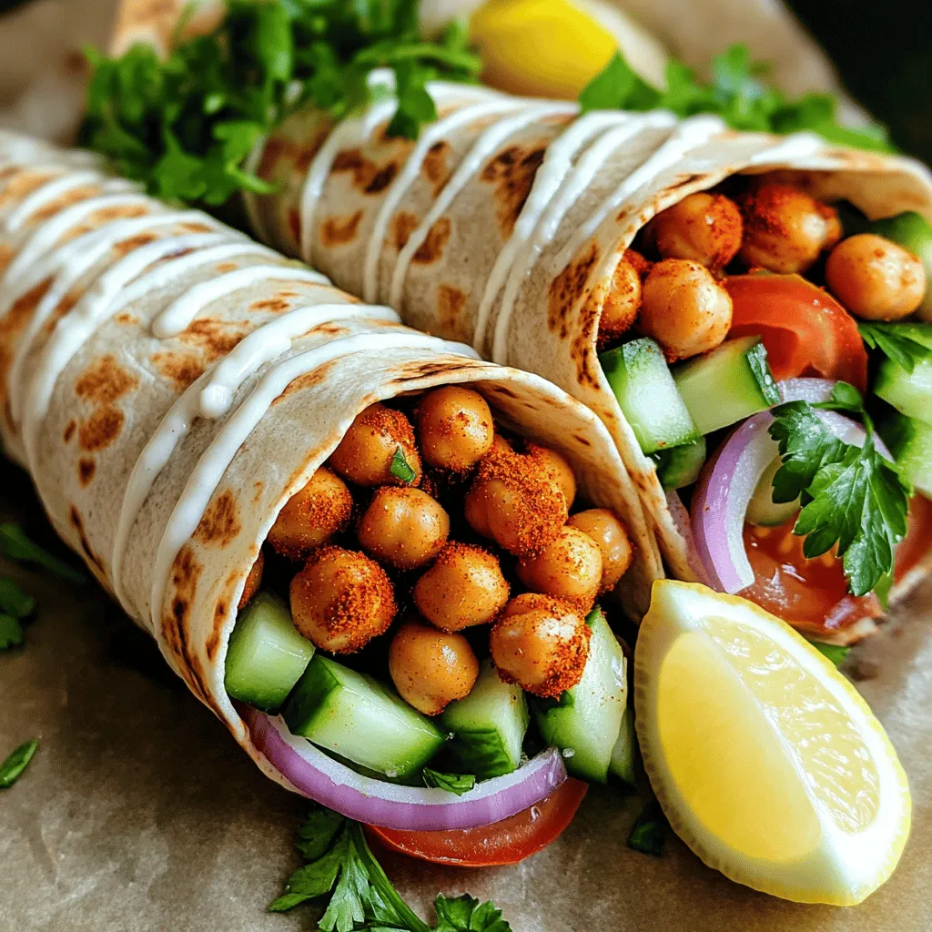 For these delicious wraps, you need simple and fresh ingredients. Here’s the list: - 1 can (15 oz) chickpeas, drained and thoroughly rinsed - 2 tablespoons olive oil - 1 tablespoon ground cumin - 1 tablespoon ground coriander - 1 teaspoon smoked paprika - 1 teaspoon garlic powder - 1/2 teaspoon cayenne pepper (adjust according to desired spice level) - Salt and pepper to taste - 4 whole wheat or regular wraps - 1 cup tahini sauce (store-bought or homemade) - 1 cup diced cucumber - 1 cup diced tomatoes - 1/2 red onion, thinly sliced - Fresh parsley, chopped (for garnish) - Lemon wedges (for serving) These ingredients come together to make a wrap that is both tasty and satisfying. You can add more flavor with some fun garnishes. Consider these options: - Feta cheese crumbles - Sliced olives - Pickled radishes - Hot sauce or chili flakes These extras can take your wraps to another level. No chickpeas? Use cooked lentils instead. You can swap tahini for hummus or Greek yogurt. If you want a gluten-free option, try rice wraps or corn tortillas. For the spices, you can use taco seasoning in a pinch. Mix and match to suit your taste! Find the full recipe to start cooking today! First, preheat your oven to 400°F (200°C). This step is key for crispy chickpeas. In a large bowl, mix the drained and rinsed chickpeas with olive oil, ground cumin, ground coriander, smoked paprika, garlic powder, cayenne pepper, salt, and pepper. Stir well until each chickpea gets a nice coating. Next, spread them out on a baking sheet in a single layer. Bake for 20-25 minutes. Toss them halfway through for even crisping. While the chickpeas roast, gather your fresh ingredients. In another bowl, combine diced cucumber, diced tomatoes, and thinly sliced red onion. Add a pinch of salt and pepper to enhance the taste. This mix adds crunch and freshness to your wrap. When the chickpeas finish roasting, let them cool for a few minutes. This makes them easier to handle. Now it’s time to build your wraps! Place a whole wheat wrap flat on your clean surface. Spread a generous layer of tahini sauce across the wrap. This sauce adds a creamy, nutty flavor. Next, add a handful of the roasted chickpeas in the center of the wrap. Top this with a scoop of your cucumber, tomato, and onion mix. For a zesty kick, sprinkle chopped parsley and squeeze some lemon juice on top. Carefully roll the wrap, tucking in the sides as you go. Serve your wraps right away, with extra tahini sauce and lemon wedges on the side. Enjoy the delightful mix of flavors! To get crispy chickpeas, start by drying them well. After rinsing, pat them dry with a towel. This step helps remove extra moisture. Use olive oil and spices to coat them evenly. Spread the chickpeas on a baking sheet in a single layer. Bake at 400°F for 20-25 minutes. Toss them halfway through for even crispness. Let them cool before adding them to your wrap. To make your tahini sauce extra tasty, try adding lemon juice or garlic. A pinch of salt brightens the flavor. You can mix in yogurt for creaminess. If you like extra spice, add a dash of cayenne pepper. Blend the ingredients until smooth. Taste and adjust the flavors to your preference. A flavorful sauce makes your wrap shine. To roll your wraps neatly, start with a flat surface. Lay the wrap down and spread tahini sauce in the center. Add chickpeas and veggies in the middle. Fold the sides in first, then roll from the bottom up. Keep the filling tight as you roll. This technique keeps everything inside. If you want, you can slice the wraps in half for easy eating. Enjoy your delicious creation! {{image_4}} You can switch up the chickpeas for other proteins. Try using lentils, which offer a similar texture. Tofu also makes a great option. Marinate it in the same spices and roast until golden. Another choice is tempeh; it's hearty and fills you up. You can even mix chickpeas with these proteins for added flavor and depth. While I love whole wheat wraps, you can choose various breads. Pita bread gives a fun, pocket-like shape. Flatbreads add a lovely chewiness. Tortillas, both corn and flour, work well too. Even lettuce wraps make a fresh, low-carb option. Find what suits your taste and enjoy! Adding seasonal veggies can elevate your wraps. In summer, try fresh bell peppers or zucchini for crunch. In fall, roasted sweet potatoes or butternut squash add sweetness. Winter brings hearty greens, like kale or spinach, for a nutrition boost. Customize your wraps with fresh herbs too, like mint or dill, for extra flavor. To keep your leftover wraps fresh, store them in an airtight container. Wrap each one in plastic wrap or foil first. This keeps the wrap from getting soggy. Place the container in the fridge. They will stay good for up to three days. When reheating chickpeas, aim for crispiness. Preheat your oven to 375°F (190°C). Spread the chickpeas on a baking sheet. Heat them for about 10 to 15 minutes. This will help them regain their crunch. You can also use an air fryer for a quick reheat. Just check often to avoid burning. If you want to freeze the wraps, wrap each one tightly in plastic wrap. Place them in a freezer bag and squeeze out as much air as possible. They can stay in the freezer for up to three months. When ready to eat, thaw in the fridge overnight. Reheat in the oven or microwave for the best taste. Enjoy the flavors of your Chickpea Shawarma Wraps even later! Yes, you can prepare these wraps ahead of time. Roast the chickpeas and store them in an airtight container. You can also chop your veggies and make the tahini sauce in advance. When you're ready to eat, just assemble the wraps. This saves time and lets you enjoy a tasty meal quickly. Chickpeas are packed with nutrients! They are a great source of plant-based protein. They also provide fiber, which aids digestion. Eating chickpeas may help lower cholesterol and stabilize blood sugar levels. Plus, they are rich in vitamins and minerals like iron, magnesium, and folate. Adding them to your diet is a smart choice for health. While tahini adds a creamy texture and nutty flavor, it is not required. You can skip it if you prefer. You might try yogurt or hummus as alternatives. Each option brings its own taste to the wraps. Feel free to experiment and find what you enjoy most! Chickpea shawarma wraps are tasty and easy to make. We covered main ingredients, step-by-step instructions, and fun tips. I shared ways to customize your wraps with different proteins and veggies. Storing and reheating wraps is simple, too. You can enjoy delicious, healthy meals while saving time. Try these wraps for lunch or dinner, and feel free to experiment. Now you have ideas to make good meals with chickpeas. Enjoy your cooking journey!