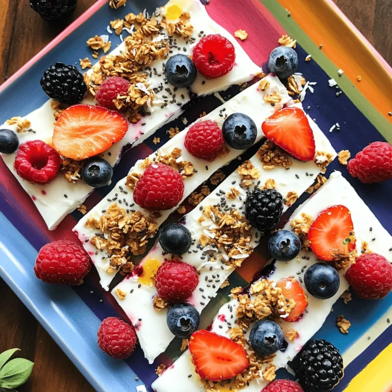 - 2 cups Greek yogurt (choose plain or vanilla) - 1 tablespoon honey or maple syrup - 1 cup mixed fresh berries (strawberries, blueberries, raspberries, blackberries) - 1/4 cup granola - 2 tablespoons shredded coconut (unsweetened) - 1 tablespoon chia seeds (optional) The main ingredients make this treat creamy and sweet. Greek yogurt is the star. It gives a thick base. You can pick plain for a tangy taste. If you want sweetness, go for vanilla. Honey or maple syrup adds sweetness. You can adjust how much you use. Mixed fresh berries add vibrant color and flavor. Strawberries, blueberries, raspberries, and blackberries work well together. For extra crunch, granola is great. It adds texture to each bite. Shredded coconut gives a nice touch. Use unsweetened for a pure flavor. Chia seeds are optional, but they boost nutrition. They add fiber and omega-3 fatty acids. This mix of ingredients makes Greek Yogurt Berry Bark a tasty and healthy snack. You can enjoy it anytime. For the complete recipe, check the Full Recipe. - Line the baking sheet with parchment paper. This makes it easy to lift the bark later. - Mix Greek yogurt and sweetener until smooth. Use a whisk for best results. - Spread yogurt mixture evenly on the baking sheet. Aim for about 1/2 inch thick. - Top with berries, granola, coconut, and chia seeds. Push the berries in gently. - Freeze for 2-3 hours until firm. Check if it feels solid to the touch. - Remove and cut into pieces for serving. Enjoy right away or store in the freezer. For the complete recipe, check out the Full Recipe above. Choosing the right Greek yogurt When making Greek yogurt berry bark, pick either plain or vanilla yogurt. Plain yogurt gives a tangy taste, while vanilla adds sweetness. Both options work well with fresh berries. Adjusting sweetness to taste Sweetness is key in this recipe. You can use honey or maple syrup. Start with one tablespoon and taste it. If you want it sweeter, add more. Remember, the berries also add natural sweetness. Serving ideas and garnishing tips Once your bark is ready, serve it on a colorful platter. You can cut it into fun shapes. Try to arrange it with some berries around the edges. This makes it look even more inviting. Using colorful platters for visual appeal A bright platter makes your yogurt bark pop. Choose a plate that contrasts with the colors of the berries. This will make your dessert stand out at any gathering. For the full recipe, check the detailed instructions above. {{image_4}} You can change the fruits in your Greek yogurt berry bark. Try using banana slices for a creamy touch. Kiwi adds a tart flavor that brightens every bite. You can also mix in some peaches or mangoes for a tropical twist. Adding flavor extracts can enhance your bark too. A splash of vanilla extract gives a warm note. If you prefer a nutty taste, almond extract works great. Just a few drops will make a big difference in flavor. If you want to make this treat dairy-free, swap the Greek yogurt for coconut yogurt. It has a creamy texture and a hint of sweetness. This option is perfect for those who avoid dairy. For a vegan version, coconut yogurt is also the best choice. It contains no animal products, making it a great fit for plant-based diets. You can still use maple syrup to sweeten it, keeping your bark delicious and healthy. Check out the Full Recipe to create your tasty Greek yogurt berry bark today! To keep your Greek yogurt berry bark fresh, place it in an airtight container. This will help prevent freezer burn and keep it tasty. You can stack the bark pieces with parchment paper between them. This way, they won’t stick together. The yogurt bark can stay in the freezer for up to one week. After that, it might lose its flavor and texture. If you have leftover yogurt bark, do not waste it! You can chop it up and add it to smoothies for a creamy treat. It also works well mixed into oatmeal or yogurt bowls. If you want to freeze it again, wrap it tightly in plastic wrap. This will help avoid freezer burn. Just remember to use it within a week for the best taste! Greek Yogurt Berry Bark lasts up to one week in the freezer. Store it in an airtight container. After that, it may lose its taste and texture. Yes, you can use frozen berries. They will work well, but they may release more juice. This can make your bark a little soggy if not eaten quickly. Greek yogurt bark is a healthy treat. It is low in calories and high in protein. It also contains beneficial nutrients from berries. This recipe offers several benefits: - Protein: Greek yogurt is high in protein, great for muscle health. - Vitamins: Berries provide vitamins and antioxidants. - Fiber: Granola and chia seeds add fiber, aiding digestion. - Healthy fats: Chia seeds offer good fats for heart health. This delicious treat combines health and flavor in every bite! For the complete recipe, check out the Full Recipe. Greek Yogurt Berry Bark is a fun, easy treat full of health benefits. You learned about fresh ingredients, simple steps, and creative variations. This recipe is very flexible, fitting different diets and tastes. In the end, enjoy making your own Greek Yogurt Berry Bark. It’s a tasty snack for anyone. Share it with friends or family for a delicious treat they’ll love!