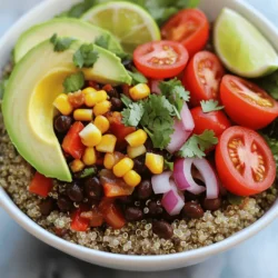 - Quinoa - Black beans - Corn kernels - Red bell pepper - Avocado - Cherry tomatoes - Red onion - Spices (cumin, chili powder) - Olive oil - Lime juice - Salt and pepper - Fresh cilantro The base of this vegan burrito bowl is quinoa. It is light, fluffy, and full of protein. You'll need one cup of rinsed quinoa. Next, black beans add texture and protein. Use one can, drained and rinsed. Corn gives sweetness and color. Fresh or frozen both work well, so grab one cup. Add a diced red bell pepper for crunch and flavor. One ripe avocado adds creaminess, while one cup of halved cherry tomatoes brings freshness. Finely chop one small red onion for a flavorful kick. Don't forget your spices! A teaspoon each of cumin and chili powder adds depth. You will also need one tablespoon of olive oil to sauté the onion. Use the juice of one lime for a zesty finish. Lastly, season with salt and pepper. Fresh cilantro adds a pop of color and flavor to the bowl. - Additional vegetables (e.g., zucchini, spinach) - Proteins (e.g., tofu, tempeh) - Sauces (e.g., salsa, vegan sour cream) Feel free to customize your bowl! Add more veggies like zucchini or spinach for extra nutrients. For more protein, toss in cooked tofu or tempeh. Want a kick? Try drizzling your favorite sauce, like salsa or vegan sour cream. This way, you create a bowl that suits your taste. For the full recipe, check the details above. 1. Start by rinsing 1 cup of quinoa under cold water. This removes any bitter taste. 2. In a medium saucepan, combine the rinsed quinoa and 2 cups of vegetable broth. 3. Bring this mixture to a rolling boil over high heat. 4. Once boiling, reduce the heat to low and cover the pot. 5. Let it simmer for about 15 minutes. The quinoa will absorb all the liquid. 6. After 15 minutes, remove the pot from the heat. Keep it covered for 5 more minutes. 7. Finally, use a fork to fluff the quinoa. 1. While the quinoa cooks, heat 1 tablespoon of olive oil in a skillet over medium heat. 2. Add 1 small finely chopped red onion to the skillet. Sauté for about 3 minutes. 3. The onion should become soft and translucent. 4. Next, stir in 1 can of rinsed black beans and 1 cup of corn. 5. Add 1 teaspoon of ground cumin and 1 teaspoon of chili powder. 6. Season with salt and freshly ground black pepper to taste. 7. Cook this mixture for another 5 minutes to blend the flavors. 1. To build your burrito bowl, start by placing a generous scoop of quinoa in each bowl. 2. Next, layer the warm black bean mixture over the quinoa. 3. Add diced red bell pepper, sliced avocado, and halved cherry tomatoes. 4. Drizzle fresh lime juice over the top for zest. 5. Finish by garnishing with fresh cilantro leaves for a pop of color and flavor. For the full recipe, check out the cooking instructions above. Enjoy your fresh and vibrant vegan burrito bowl! Rinsing quinoa before cooking is key. This step removes bitter saponins. To rinse, place quinoa in a fine-mesh strainer. Run cold water over it for about 30 seconds. This simple act enhances the taste of your dish. Fluffing quinoa for texture is essential. After cooking, let it sit covered for five minutes. Then, use a fork to gently fluff it. This will give your quinoa a light and airy feel, making it perfect for your burrito bowl. Using fresh lime juice brightens your vegan burrito bowl. Just squeeze half a lime over the top before serving. This adds a zesty kick and lifts all the flavors in your bowl. For seasoning, consider using ground cumin and chili powder. These spices provide warmth and depth. Don’t be shy with salt and pepper. Adjust these seasonings to fit your taste, creating a dish that feels just right for you. Pair your burrito bowl with complementary dishes. A simple green salad or fresh guacamole works well. These sides add freshness and balance to your meal. For presentation ideas, use colorful bowls. Bright dishes make the food pop and look inviting. Serve lime wedges alongside your bowl for an extra touch. This not only looks good but lets everyone customize their flavor. Check out the Full Recipe for more details on creating this vibrant meal! {{image_4}} You can easily change up the protein in your burrito bowl. Tofu is a great choice. It soaks up flavors well. Simply cube firm tofu and sauté it until golden. Tempeh is another fantastic option. It has a nutty taste and a firm texture. Slice or crumble it, then cook it in your skillet. You can also use legumes besides black beans. Chickpeas add a nice crunch. They also provide protein and fiber. Lentils are another healthy choice. They cook quickly and absorb spices well. Mix and match these options to find what you love best. Sauces can take your burrito bowl to the next level. I love making a homemade lime-cilantro sauce. Just blend fresh cilantro, lime juice, and a bit of olive oil. It adds a bright kick. You can also try a spicy salsa. Chop some tomatoes, onions, and jalapeños, then mix with lime juice. If you prefer store-bought options, look for avocado crema or tahini sauces. These can add a creamy touch. Many brands offer tasty vegan sauces. Just check the labels to ensure they fit your diet. Using seasonal veggies keeps your burrito bowl fresh. In spring, add asparagus or peas. They bring a crisp taste. Summer is perfect for zucchini and bell peppers. They are colorful and flavorful. In fall, consider using roasted sweet potatoes. They add sweetness and warmth. Winter gives you hearty options like kale or Brussels sprouts. These veggies are filling and nutritious. Adapting to the seasons makes your meals exciting. It also helps you enjoy what’s fresh. For the full recipe, check out the vibrant vegan burrito bowl guide. To keep your vegan burrito bowl fresh, store leftovers in the fridge. Place them in an airtight container. They will last up to three days. Make sure to let the bowl cool down before sealing it. This helps avoid moisture buildup. For freezing, use freezer-safe containers. You can freeze the quinoa and black bean mixture separately. This will help maintain texture and flavor. When ready to eat, thaw overnight in the fridge. To reheat your burrito bowl, use the microwave for quick results. Heat it in short bursts. Stir the bowl every minute for even warmth. If you prefer the stovetop, place the bowl in a skillet. Add a splash of vegetable broth to keep it moist. Stir frequently until heated through. To maintain texture, avoid overheating. This keeps the veggies crisp and the quinoa fluffy. A vegan burrito bowl is a colorful and tasty dish. It combines grains, beans, veggies, and spices. The key components are: - 1 cup quinoa - 1 can black beans - Corn kernels - Diced red bell pepper - Sliced avocado - Cherry tomatoes - Red onion - Spices like cumin and chili powder - Lime juice - Fresh cilantro These ingredients create a hearty meal. You can mix and match to suit your taste. To add heat, try these tips: - Use jalapeños or serrano peppers. - Add a dash of hot sauce. - Mix in cayenne pepper or red pepper flakes. - Choose a spicier salsa as a topping. Each method gives your bowl a kick. Adjust the heat to fit your flavor preference. Yes, you can meal prep burrito bowls! Here are some best practices: - Cook the quinoa and black bean mixture ahead of time. - Store each component in separate containers. - Assemble bowls just before eating to keep them fresh. - Use airtight containers to maintain flavor and texture. This way, you save time and enjoy a quick meal. You can swap traditional ingredients for these alternatives: - Use brown rice instead of quinoa. - Swap black beans for chickpeas or pinto beans. - Try different veggies like zucchini or spinach. - Replace avocado with guacamole or tahini. These substitutes keep the dish fresh and interesting. To cook quinoa perfectly, follow these tips: - Rinse quinoa well to remove bitterness. - Use a 2:1 ratio of liquid to quinoa. - Bring to a boil, then lower the heat and cover. - Let it sit for 5 minutes after cooking, then fluff. If your quinoa is undercooked, add a splash of water and cook longer. This should fix any issues. For the full recipe, check the earlier sections. You can create a tasty vegan burrito bowl with simple, fresh ingredients. Start with quinoa and black beans. Add corn, veggies, and spices to enhance the flavor. Don’t forget optional ingredients for a personal touch! Remember to store leftovers properly for later enjoyment. Use these tips for great taste every time. Enjoy customizing your bowl to fit your taste. The right ingredients and methods make the difference. Now go try it out and enjoy your meal.