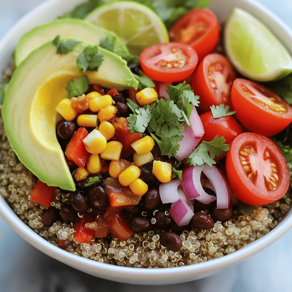 - Quinoa - Black beans - Corn kernels - Red bell pepper - Avocado - Cherry tomatoes - Red onion - Spices (cumin, chili powder) - Olive oil - Lime juice - Salt and pepper - Fresh cilantro The base of this vegan burrito bowl is quinoa. It is light, fluffy, and full of protein. You'll need one cup of rinsed quinoa. Next, black beans add texture and protein. Use one can, drained and rinsed. Corn gives sweetness and color. Fresh or frozen both work well, so grab one cup. Add a diced red bell pepper for crunch and flavor. One ripe avocado adds creaminess, while one cup of halved cherry tomatoes brings freshness. Finely chop one small red onion for a flavorful kick. Don't forget your spices! A teaspoon each of cumin and chili powder adds depth. You will also need one tablespoon of olive oil to sauté the onion. Use the juice of one lime for a zesty finish. Lastly, season with salt and pepper. Fresh cilantro adds a pop of color and flavor to the bowl. - Additional vegetables (e.g., zucchini, spinach) - Proteins (e.g., tofu, tempeh) - Sauces (e.g., salsa, vegan sour cream) Feel free to customize your bowl! Add more veggies like zucchini or spinach for extra nutrients. For more protein, toss in cooked tofu or tempeh. Want a kick? Try drizzling your favorite sauce, like salsa or vegan sour cream. This way, you create a bowl that suits your taste. For the full recipe, check the details above. 1. Start by rinsing 1 cup of quinoa under cold water. This removes any bitter taste. 2. In a medium saucepan, combine the rinsed quinoa and 2 cups of vegetable broth. 3. Bring this mixture to a rolling boil over high heat. 4. Once boiling, reduce the heat to low and cover the pot. 5. Let it simmer for about 15 minutes. The quinoa will absorb all the liquid. 6. After 15 minutes, remove the pot from the heat. Keep it covered for 5 more minutes. 7. Finally, use a fork to fluff the quinoa. 1. While the quinoa cooks, heat 1 tablespoon of olive oil in a skillet over medium heat. 2. Add 1 small finely chopped red onion to the skillet. Sauté for about 3 minutes. 3. The onion should become soft and translucent. 4. Next, stir in 1 can of rinsed black beans and 1 cup of corn. 5. Add 1 teaspoon of ground cumin and 1 teaspoon of chili powder. 6. Season with salt and freshly ground black pepper to taste. 7. Cook this mixture for another 5 minutes to blend the flavors. 1. To build your burrito bowl, start by placing a generous scoop of quinoa in each bowl. 2. Next, layer the warm black bean mixture over the quinoa. 3. Add diced red bell pepper, sliced avocado, and halved cherry tomatoes. 4. Drizzle fresh lime juice over the top for zest. 5. Finish by garnishing with fresh cilantro leaves for a pop of color and flavor. For the full recipe, check out the cooking instructions above. Enjoy your fresh and vibrant vegan burrito bowl! Rinsing quinoa before cooking is key. This step removes bitter saponins. To rinse, place quinoa in a fine-mesh strainer. Run cold water over it for about 30 seconds. This simple act enhances the taste of your dish. Fluffing quinoa for texture is essential. After cooking, let it sit covered for five minutes. Then, use a fork to gently fluff it. This will give your quinoa a light and airy feel, making it perfect for your burrito bowl. Using fresh lime juice brightens your vegan burrito bowl. Just squeeze half a lime over the top before serving. This adds a zesty kick and lifts all the flavors in your bowl. For seasoning, consider using ground cumin and chili powder. These spices provide warmth and depth. Don’t be shy with salt and pepper. Adjust these seasonings to fit your taste, creating a dish that feels just right for you. Pair your burrito bowl with complementary dishes. A simple green salad or fresh guacamole works well. These sides add freshness and balance to your meal. For presentation ideas, use colorful bowls. Bright dishes make the food pop and look inviting. Serve lime wedges alongside your bowl for an extra touch. This not only looks good but lets everyone customize their flavor. Check out the Full Recipe for more details on creating this vibrant meal! {{image_4}} You can easily change up the protein in your burrito bowl. Tofu is a great choice. It soaks up flavors well. Simply cube firm tofu and sauté it until golden. Tempeh is another fantastic option. It has a nutty taste and a firm texture. Slice or crumble it, then cook it in your skillet. You can also use legumes besides black beans. Chickpeas add a nice crunch. They also provide protein and fiber. Lentils are another healthy choice. They cook quickly and absorb spices well. Mix and match these options to find what you love best. Sauces can take your burrito bowl to the next level. I love making a homemade lime-cilantro sauce. Just blend fresh cilantro, lime juice, and a bit of olive oil. It adds a bright kick. You can also try a spicy salsa. Chop some tomatoes, onions, and jalapeños, then mix with lime juice. If you prefer store-bought options, look for avocado crema or tahini sauces. These can add a creamy touch. Many brands offer tasty vegan sauces. Just check the labels to ensure they fit your diet. Using seasonal veggies keeps your burrito bowl fresh. In spring, add asparagus or peas. They bring a crisp taste. Summer is perfect for zucchini and bell peppers. They are colorful and flavorful. In fall, consider using roasted sweet potatoes. They add sweetness and warmth. Winter gives you hearty options like kale or Brussels sprouts. These veggies are filling and nutritious. Adapting to the seasons makes your meals exciting. It also helps you enjoy what’s fresh. For the full recipe, check out the vibrant vegan burrito bowl guide. To keep your vegan burrito bowl fresh, store leftovers in the fridge. Place them in an airtight container. They will last up to three days. Make sure to let the bowl cool down before sealing it. This helps avoid moisture buildup. For freezing, use freezer-safe containers. You can freeze the quinoa and black bean mixture separately. This will help maintain texture and flavor. When ready to eat, thaw overnight in the fridge. To reheat your burrito bowl, use the microwave for quick results. Heat it in short bursts. Stir the bowl every minute for even warmth. If you prefer the stovetop, place the bowl in a skillet. Add a splash of vegetable broth to keep it moist. Stir frequently until heated through. To maintain texture, avoid overheating. This keeps the veggies crisp and the quinoa fluffy. A vegan burrito bowl is a colorful and tasty dish. It combines grains, beans, veggies, and spices. The key components are: - 1 cup quinoa - 1 can black beans - Corn kernels - Diced red bell pepper - Sliced avocado - Cherry tomatoes - Red onion - Spices like cumin and chili powder - Lime juice - Fresh cilantro These ingredients create a hearty meal. You can mix and match to suit your taste. To add heat, try these tips: - Use jalapeños or serrano peppers. - Add a dash of hot sauce. - Mix in cayenne pepper or red pepper flakes. - Choose a spicier salsa as a topping. Each method gives your bowl a kick. Adjust the heat to fit your flavor preference. Yes, you can meal prep burrito bowls! Here are some best practices: - Cook the quinoa and black bean mixture ahead of time. - Store each component in separate containers. - Assemble bowls just before eating to keep them fresh. - Use airtight containers to maintain flavor and texture. This way, you save time and enjoy a quick meal. You can swap traditional ingredients for these alternatives: - Use brown rice instead of quinoa. - Swap black beans for chickpeas or pinto beans. - Try different veggies like zucchini or spinach. - Replace avocado with guacamole or tahini. These substitutes keep the dish fresh and interesting. To cook quinoa perfectly, follow these tips: - Rinse quinoa well to remove bitterness. - Use a 2:1 ratio of liquid to quinoa. - Bring to a boil, then lower the heat and cover. - Let it sit for 5 minutes after cooking, then fluff. If your quinoa is undercooked, add a splash of water and cook longer. This should fix any issues. For the full recipe, check the earlier sections. You can create a tasty vegan burrito bowl with simple, fresh ingredients. Start with quinoa and black beans. Add corn, veggies, and spices to enhance the flavor. Don’t forget optional ingredients for a personal touch! Remember to store leftovers properly for later enjoyment. Use these tips for great taste every time. Enjoy customizing your bowl to fit your taste. The right ingredients and methods make the difference. Now go try it out and enjoy your meal.