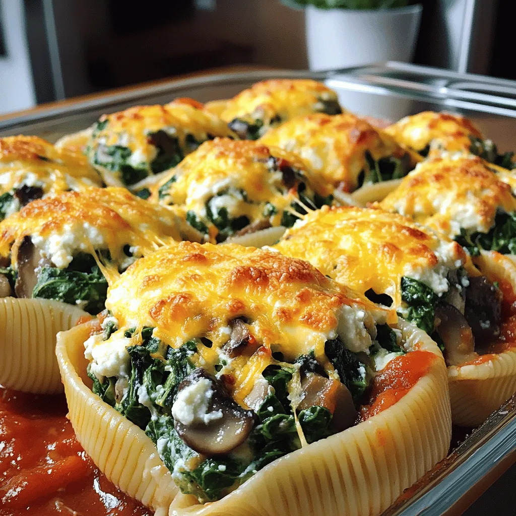 This recipe for Mushroom Spinach Stuffed Shells is simple and tasty. It combines pasta, cheese, mushrooms, and spinach in a fun way. You can follow the [Full Recipe](#) for detailed steps. To make these stuffed shells, gather the following items: - 20 jumbo pasta shells - 2 cups fresh spinach, finely chopped - 1 cup mushrooms, finely chopped (cremini or button varieties work well) - 1 cup ricotta cheese - 1/2 cup grated Parmesan cheese - 1 cup shredded mozzarella cheese, divided (reserve half for topping) - 1 clove garlic, minced - 1 teaspoon dried oregano - 1 teaspoon olive oil - Salt and pepper, to taste - 2 cups marinara sauce These ingredients create a rich and creamy filling that pairs well with the marinara sauce. If you need alternatives, here are some ideas: - Use gluten-free pasta shells for a gluten-free option. - Replace ricotta with cottage cheese for a lighter choice. - Swap mushrooms for cooked ground meat or a mix of veggies. - Try vegan cheese if you want a dairy-free version. - Use fresh herbs like basil or thyme for extra flavor. Feel free to mix and match to fit your taste! Start by preheating your oven to 375°F (190°C). Grab a large pot and fill it with salted water. Bring the water to a boil. Once boiling, add the jumbo pasta shells. Cook them based on the package instructions until they are al dente. This usually takes about 10 to 12 minutes. After that, drain the shells and set them aside to cool. Make sure they are completely cool before you stuff them. While the shells cool, take a large skillet and heat up some olive oil over medium heat. Add one clove of minced garlic and one cup of finely chopped mushrooms. I like using cremini or button mushrooms. Sauté the mushrooms for about five minutes. Stir them often until they are soft and the liquid has mostly gone. After that, toss in two cups of finely chopped spinach. Cook this mixture for another two minutes. You want the spinach to wilt. Season it with salt, pepper, and one teaspoon of dried oregano. Once done, remove the skillet from heat and let the filling cool slightly. Now, grab a mixing bowl. Combine one cup of ricotta cheese, half a cup of grated Parmesan cheese, and half of the shredded mozzarella cheese. Add the cooked mushroom and spinach mixture, stirring until everything is mixed well. For each cooked pasta shell, take about two tablespoons of this filling and stuff it inside. Make sure each shell is packed well. Next, take a 9x13 inch baking dish and spread half of the marinara sauce evenly across the bottom. Place the stuffed shells in a single layer over this sauce. Pour the remaining marinara sauce over the top. Make sure to cover the shells completely. Finally, sprinkle the reserved mozzarella on top. Cover the dish with aluminum foil and pop it in the oven. Bake for 25 minutes. After that, remove the foil and bake for another 10 minutes until the top is bubbly and golden. Let the shells cool for a few minutes before serving. Enjoy your delicious creation from the Full Recipe! To make perfect stuffed shells, use a piping bag. It helps fill each shell evenly. If you don’t have one, a zip-top bag with a corner cut off works too. Pack the filling tightly, but don’t overstuff. This keeps the shells from breaking. Arrange them gently in the baking dish to prevent crushing. Add fresh herbs like basil or thyme for extra flavor. A pinch of red pepper flakes gives a nice kick. If you love garlic, add more minced garlic to the filling. You can also mix in some sun-dried tomatoes for a tangy twist. Taste your filling before stuffing to ensure it’s just right. Bake the shells covered for the first 25 minutes. This keeps them moist. Remove the foil for the last 10 minutes to brown the cheese. Make sure the shells are heated through before serving. Let them cool for a few minutes after baking. This helps the flavors meld together beautifully. For a stunning finish, garnish with fresh herbs before serving. For the complete process, check the Full Recipe. {{image_4}} You can make mushroom spinach stuffed shells vegan. Simply swap out the ricotta and Parmesan cheese for tofu or cashew cheese. Both options give a creamy texture. Use a vegan mozzarella for a delicious topping. This way, you keep the taste while removing all dairy. Feel free to add more to your filling. Chopped sun-dried tomatoes bring a sweet twist. Artichokes add a tangy bite. You can also mix in some nuts for crunch. Pine nuts or walnuts work great. They enhance the taste and nutrition. If you need a gluten-free option, use gluten-free pasta shells. Many brands offer these now. Check the label to ensure they fit your needs. You can follow the same steps for the filling. Just make sure to watch the baking time, as gluten-free pasta may cook differently. For the complete recipe, refer to the Full Recipe section. To keep your mushroom spinach stuffed shells fresh, place them in an airtight container. Make sure they cool to room temperature before sealing. Store them in the fridge for up to three days. This way, you can enjoy a tasty meal again soon. If you want to save some for later, freezing is a great option. First, let the stuffed shells cool completely. Then, wrap each shell in plastic wrap, and place them in a freezer-safe bag. You can also freeze them in a single layer in a dish, then transfer them to a bag. They will stay fresh for up to three months. When you're ready to eat your stored shells, use one of these methods. - Oven: Preheat to 350°F (175°C). Place the shells in a baking dish with some marinara sauce, cover with foil, and heat for about 20 minutes. - Microwave: Place a few shells on a microwave-safe plate. Cover them with a damp paper towel. Heat for about 2-3 minutes, checking to make sure they are hot throughout. - Stovetop: Add a splash of water or sauce in a skillet. Heat on low, covering the skillet, until warmed through. These methods will keep your stuffed shells tasty and ready to enjoy! For the full recipe, check the earlier section. Mushroom spinach stuffed shells are jumbo pasta shells filled with a savory mixture of mushrooms, spinach, and cheese. The filling blends creamy ricotta, earthy mushrooms, and fresh spinach. You bake the shells in marinara sauce, which adds moisture and flavor. This dish is hearty, satisfying, and perfect for sharing. Stuffed shells usually take about 35 to 40 minutes to cook in the oven. First, you bake them covered with foil for 25 minutes. Then, you uncover them and bake for another 10 to 15 minutes. The shells need to be hot and the cheese should be bubbly and golden for the best results. Yes, you can prepare stuffed shells ahead of time. Make them fully stuffed and arranged in the baking dish. Cover the dish with plastic wrap or foil and store it in the fridge for up to 24 hours. When you are ready to bake, just add a few extra minutes to the cooking time to ensure they heat through. You can serve stuffed shells with a simple side salad or garlic bread. A fresh green salad balances the meal well. Garlic bread is great for scooping up extra sauce. You might also consider a glass of red wine to complement the rich flavors of the dish. For more ideas, check the Full Recipe for inspiration! Mushroom spinach stuffed shells are a tasty meal that anyone can enjoy. We covered the ingredients you'll need, how to prepare the filling, and how to stuff the shells. I shared tips to enhance flavors and discussed various options for different diets. You learned how to store leftovers and prep shells ahead of time. Remember, cooking should be fun and flexible. Enjoy making this dish your own and share it with those you love. Happy cooking!