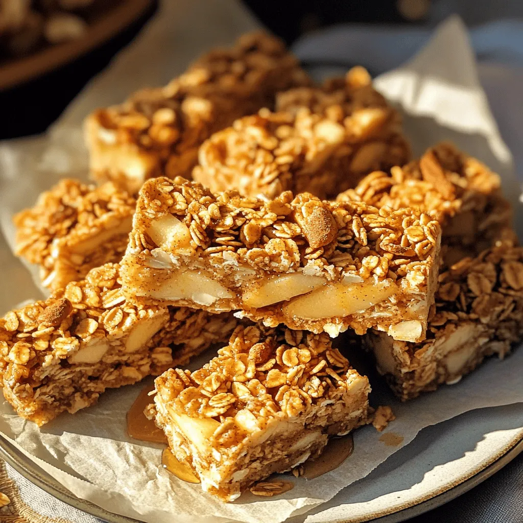 - 2 cups rolled oats - 1 cup unsalted almonds, chopped - 1 cup dried apples, diced - 1/2 cup honey or maple syrup - 1/4 cup almond butter (or your favorite nut butter) - 1 teaspoon ground cinnamon - 1/2 teaspoon vanilla extract - 1/4 teaspoon salt - 1/2 cup mini chocolate chips (optional) I love using these ingredients for my apple cinnamon granola bars. Each one adds flavor and texture. The rolled oats give a hearty base. They also provide fiber, making these bars filling. Almonds add a nice crunch and healthy fats. You can swap them for any nut you like. The dried apples bring sweetness and a chewy bite. Honey or maple syrup acts as a binder and sweetener. Almond butter gives a creamy touch. You can use any nut butter you love. Ground cinnamon adds that warm, cozy flavor. Vanilla extract makes everything taste richer. Finally, salt balances all the sweetness. If you want a bit of fun, add mini chocolate chips. They melt slightly, making each bite extra special. This combination makes these bars a simple and tasty snack. You can find the full recipe to make your own delicious apple cinnamon granola bars. - Preheat oven to 350°F (175°C) - Line a 9x9 inch baking pan with parchment paper Start by preheating your oven. This step is key for even baking. I love using parchment paper because it helps the bars come out easily. Just leave some paper hanging over the sides. - Combine rolled oats, chopped almonds, dried apples, and cinnamon In a big bowl, mix the rolled oats, chopped almonds, dried apples, and cinnamon. Make sure to stir it well. This helps blend all the flavors together. The oats provide texture, while the apples add sweetness. - Heat honey (or maple syrup) with almond butter - Stir in vanilla extract and salt Next, take a small pot. Heat the honey or maple syrup with the almond butter. Stir it until it’s smooth. Then, remove it from the heat and add the vanilla and salt. This mixture binds everything together. - Pour wet mixture into the dry ingredients and mix thoroughly Now, pour your warm wet mix into the bowl of dry ingredients. Use a spatula to mix everything well. You want every oat and almond to get coated. This helps the bars stick together. - Transfer the mixture to the pan and bake for 20-25 minutes Spread the mixture into your prepared pan. Press it down firmly with a spatula. This helps the bars hold their shape. Bake for 20-25 minutes until the edges look golden brown. Keep an eye on them so they don’t burn. - Allow to cool, then cut into bars or squares Once baked, take the pan out of the oven. Let it cool completely. Use the parchment paper to lift the bars out. Place them on a cutting board and cut them into squares or bars. Enjoy your homemade treat! You can find the full recipe above for more details on the ingredients and prep time. To make the best apple cinnamon granola bars, start with fresh ingredients. Fresh oats and nuts give great flavor and texture. You can also adjust the sweetness. If you like it sweeter, add a bit more honey or maple syrup. These bars pair well with yogurt or fresh fruit. You can also drizzle honey on top for extra sweetness. This makes a tasty treat that is fun to eat and share. Store your granola bars in an airtight container. This keeps them fresh and tasty. If you want them to last longer, freeze them. Freezing helps maintain their flavor and texture. Enjoy your homemade apple cinnamon granola bars anytime! {{image_4}} You can make these bars nut-free with a simple swap. Use sun butter instead of almond butter. Sun butter tastes great and adds a nice texture. It’s made from sunflower seeds, so it’s safe for those with nut allergies. You won’t lose any flavor, and your bars will still be delicious. Want to change up the flavor? You can add other spices. Nutmeg or ginger can give your bars a warm kick. Just a pinch goes a long way. You can also mix in different fruits. Raisins or cranberries are great choices. They add sweetness and chewiness to each bite. For extra nutrition, consider adding chia seeds or flaxseeds. They boost fiber and healthy fats. You can also play with your chocolate choices. Dark chocolate, white chocolate, or even yogurt-covered options add unique flavors. Dried fruits like apricots or bananas can also elevate your bars. Get creative and enjoy making these fun snacks! To keep your apple cinnamon granola bars fresh, store them in an airtight container. This will help prevent them from drying out. You can keep them at room temperature for up to a week. If you want to keep them longer, refrigerate the bars. This will help maintain their flavor and texture. To freeze your granola bars, wrap each bar in plastic wrap or foil. Place the wrapped bars in a freezer-safe bag or container. This helps avoid freezer burn. When you want to enjoy a bar, simply take it out and let it thaw at room temperature. You can also microwave it for a few seconds for a warm treat. This method keeps the texture nice and chewy. When stored properly, your apple cinnamon granola bars can last about a week at room temperature. If refrigerated, they can stay fresh for two weeks. In the freezer, they can last up to three months. Always check for any signs of spoilage before eating, especially if they have been stored for a while. To make your granola bars chewier, you can increase the wet ingredients. Adding a bit more honey or almond butter helps. You can also reduce the baking time. This keeps the bars soft instead of hard. You can use quick oats, but they change the texture. Rolled oats are chewier and hold together better. Quick oats will make the bars softer and more crumbly. If you like a heartier bite, stick with rolled oats. Yes, these granola bars can be gluten-free. Just make sure to use gluten-free oats. Also, check that other ingredients, like almond butter, are gluten-free. This way, everyone can enjoy them. Absolutely! You can add many toppings or mix-ins. Try walnuts for a crunch or dried cranberries for sweetness. You can also swap the mini chocolate chips for white chocolate or coconut flakes. Mix and match to find your favorite flavors! You can easily make delicious granola bars with just a few simple steps. We went through the required ingredients, step-by-step instructions, and even some helpful tips. You can change the flavors and ingredients to fit your taste. Store them well to keep them fresh for longer. Enjoy these healthy snacks that are fun to make and eat! Making granola bars is a great way to experiment in the kitchen. Now, get baking and create your own tasty treats!