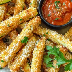 To make crispy air fryer zucchini fries, you need the right ingredients. Here’s what you will need: - 2 medium zucchini, cut into thick fries for a hearty bite - 1 cup panko breadcrumbs for that delightful crunch - 1/2 cup freshly grated Parmesan cheese to add a rich, cheesy flavor - 1 tablespoon Italian seasoning to infuse a blend of herbs - 1/2 teaspoon garlic powder for a subtle kick - 1/2 teaspoon onion powder for depth of flavor - 2 large eggs, beaten for egg wash - Salt and pepper, to taste for seasoning - Cooking spray or olive oil spray to enhance crispiness These simple ingredients come together to create a delicious snack. The zucchini fries are crispy, cheesy, and full of flavor. The panko breadcrumbs add a perfect crunch. You can adjust the seasoning to your taste. If you want a spicier kick, try adding some red pepper flakes to the mix. For the full recipe, click here [Full Recipe]. - Preheat the air fryer to 400°F (200°C). - In a bowl, mix the panko breadcrumbs, Parmesan cheese, Italian seasoning, garlic powder, onion powder, and a pinch of salt and pepper. - In another bowl, beat the eggs until smooth. - Take each zucchini fry and dip it in the egg wash. - Roll the coated fry in the breadcrumb mixture, pressing gently for an even coat. - Spray the air fryer basket lightly with cooking spray. - Place the coated zucchini fries in a single layer, leaving space between them. - For extra crispiness, lightly spray the tops of the fries. - Cook for 10-12 minutes, flipping halfway through to ensure even cooking. - Check for a golden brown color and that delightful crunch. - Let the fries rest for a few minutes before serving. For the full recipe, check out the details above. Enjoy your crispy air fryer zucchini fries! To get crispy air fryer zucchini fries, preheat your air fryer. Preheating helps the fries cook evenly and become golden brown. Set the air fryer to 400°F (200°C) for the best results. Before cooking, lightly spray the fries with cooking spray. This simple step adds moisture and helps them crisp up nicely. Zucchini fries taste great with dips. Try serving them with marinara sauce or ranch dressing. These dips complement the flavor well. For a beautiful presentation, arrange the fries on a platter. Add a small bowl of dip in the center. You can also sprinkle chopped parsley on top for color. This makes your dish look even more appetizing. Enjoy your crispy air fryer zucchini fries! For the full recipe, check the recipe section above. {{image_4}} You can switch up the coating for your zucchini fries. If you want a gluten-free option, use gluten-free breadcrumbs. They still give a nice crunch. You can also play with spices. For a bit of heat, add cayenne or paprika to your breadcrumb mix. This adds flavor and makes your fries exciting. Don't stop at zucchini! You can use other veggies too. Eggplant makes a great substitute. Slice it into fries and follow the same steps. Carrots are another yummy choice. They add a sweet taste and work well in the air fryer. For fun, create a mixed veggie fry platter. This way, you can enjoy a variety of flavors and textures. Try these variations to keep your meals fresh and fun. For the full recipe, check the Crispy Air Fryer Zucchini Fries section. To keep your leftover zucchini fries fresh, follow these tips: - Refrigeration: Place the fries in an airtight container. This helps keep them from getting soggy. Store them in the fridge for up to 3 days. - Freezing: For long-term storage, freeze the fries. First, let them cool completely. Then, place them in a single layer on a baking sheet. Freeze until solid. After that, transfer them to a freezer-safe bag. This way, they can last up to 2 months. To enjoy your zucchini fries again, use these methods: - Crispy Reheating: Preheat your air fryer to 350°F (175°C). Place the fries in the basket. Heat them for about 5-7 minutes. This keeps them crispy and warm. - Other Appliances: You can also use an oven. Preheat it to 375°F (190°C). Spread the fries on a baking sheet and bake for about 10-12 minutes. This method works well too but may not be as crispy. For the full recipe, check out the Crispy Air Fryer Zucchini Fries section. How do I make zucchini fries without eggs? You can skip the eggs by using a mixture of flour and water. Mix equal parts of both until smooth. Dip the zucchini fries in this mixture, then coat with breadcrumbs. This method still gives a nice crunch. Can I cook zucchini fries in an oven instead? Yes, you can cook zucchini fries in an oven. Preheat your oven to 425°F (220°C). Arrange the coated fries on a baking sheet. Bake for about 20-25 minutes, flipping halfway. This will also give you crispy fries. What can I use instead of panko breadcrumbs? If you don't have panko, you can use regular breadcrumbs. You can also crush some crackers or chips for a fun twist. Just make sure they are seasoned for added flavor. Calories and serving size details Each serving of crispy air fryer zucchini fries has about 150 calories. A serving is typically around 4-5 fries. This makes them a great snack option. Health benefits of zucchini Zucchini is low in calories and full of vitamins. It provides good fiber and hydration. Eating zucchini can support digestion and help keep you full longer. What to do if the fries aren't crispy If the fries come out soggy, check the air fryer. Make sure they are in a single layer and not crowded. You can also spray them lightly with cooking oil for better crispiness. Adjusting cook times for thicker fries If your fries are thicker, increase the cooking time. Start with an additional 2-3 minutes. Always check for that golden color to know they are done. You now have a complete guide to making tasty zucchini fries. We covered essential ingredients, step-by-step cooking, and helpful tips for crispiness. You can explore variations and learn about proper storage and reheating. Don’t forget to experiment with different dips and vegetables. Zucchini fries are easy to make and a fun, healthy snack option. Try them today and enjoy the crunch!