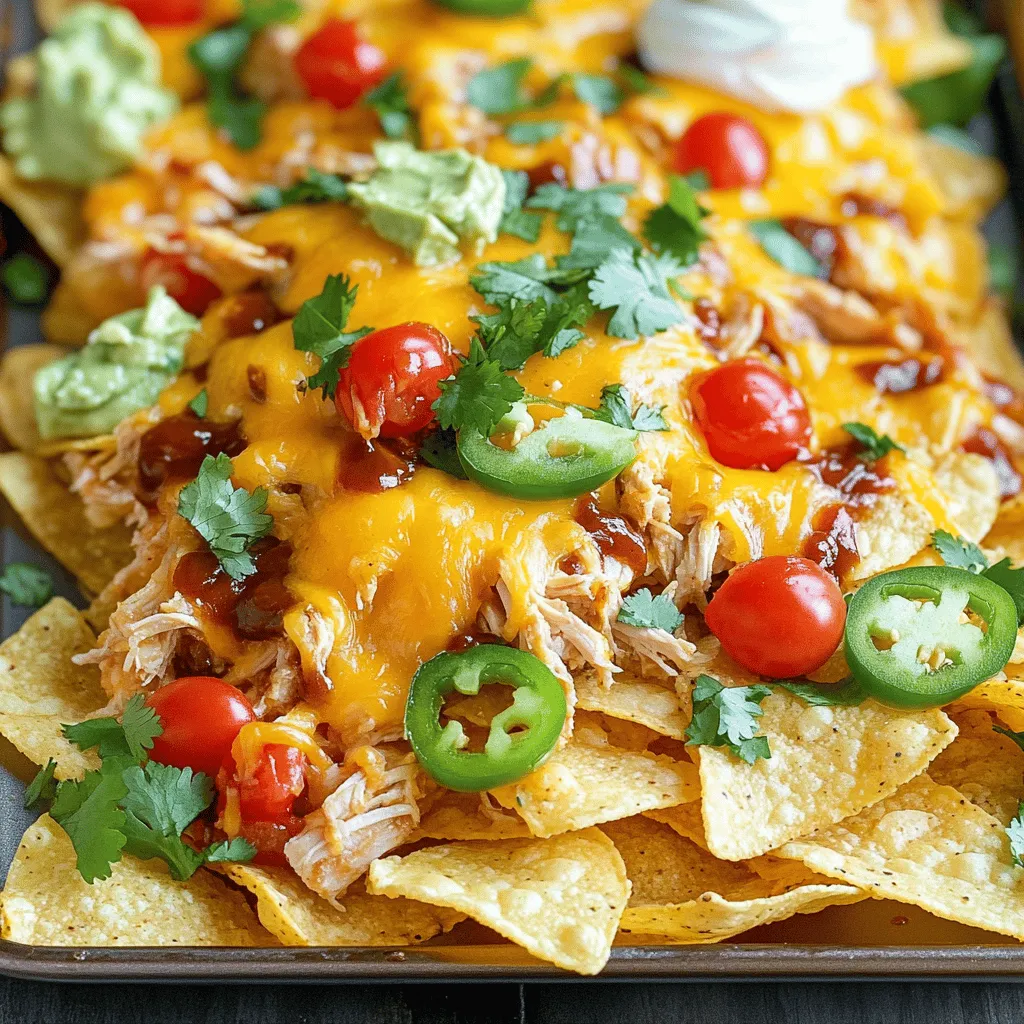 - 2 cups cooked chicken, shredded - 1 cup BBQ sauce - 1 bag (10 oz) tortilla chips - 2 cups shredded cheddar cheese - 1 cup black beans, rinsed and drained - 1 cup cherry tomatoes, halved - 1/2 cup jalapeños, sliced - 1/4 cup red onion, finely chopped - 1/4 cup fresh cilantro, chopped - Optional: Sour cream and guacamole When I make my Sheet Pan BBQ Chicken Nachos, I love using fresh ingredients. You want to ensure your chicken is well-cooked and shredded evenly. It helps create a better texture once topped on the nachos. BBQ sauce comes next, and I suggest using your favorite. Some like it smoky, while others prefer tangy. Tortilla chips are key. I prefer thick-cut chips for a good crunch. They hold all the toppings without getting soggy. The cheese? Go for a good-quality cheddar. You can even mix in other cheeses for fun flavors. Black beans add protein and fiber. Rinsing and draining them makes sure they stay fresh. Cherry tomatoes add sweetness and color. I like to use a mix of red and yellow ones for a pop. Jalapeños can be spicy or mild, depending on your taste. Red onions give a nice bite, but soaking them in water can tone it down. Cilantro adds a bright finish. For serving, I suggest sour cream and guacamole. They balance the flavors and add creaminess to each bite. This full recipe is a fantastic guide for creating your delicious nachos. - If you want a different BBQ sauce, try honey mustard or spicy ketchup. - Instead of cheddar cheese, use Monterey Jack or pepper jack for a kick. - For extra toppings, consider avocado, olives, or even pineapple for sweetness. 1. Preheating the oven: Start by preheating your oven to 400°F (200°C). This helps the nachos cook evenly and get crispy. 2. Mixing chicken with BBQ sauce: In a medium bowl, take your cooked shredded chicken. Pour in your favorite BBQ sauce. Use a fork to mix them well. Make sure every piece of chicken gets covered in sauce. This will add great flavor. 1. Arranging tortilla chips: Grab a large, rimmed baking sheet. Spread the tortilla chips out in a single layer. This helps each chip hold toppings without getting soggy. 2. Adding toppings in the right order: First, sprinkle the BBQ chicken over the chips. Next, add the black beans, cherry tomatoes, jalapeños, and red onion. Make sure to spread these evenly. This way, every chip has a taste of each topping. 1. Baking time and temperature: Carefully slide the baking sheet into the preheated oven. Bake for 10-15 minutes. Keep an eye on them. Once the cheese is melted and bubbly, they are ready. 2. Final garnishing before serving: When you take the nachos out, sprinkle fresh cilantro on top. This adds color and a burst of flavor. Serve them hot with small bowls of sour cream and guacamole on the side. A squeeze of lime juice makes them even better. For the full recipe, check out the details above. Layering nachos is key to great taste. Start by spreading the tortilla chips in a single layer. This helps each chip stay crisp. Next, avoid the sogginess by adding wet toppings like beans and chicken on top of the cheese. This keeps the chips dry. For cheese melting, use a mix of cheddar and Monterey Jack. These melt well and create that gooey texture we love. Spread cheese evenly over the toppings. Bake until bubbly and golden, about 10-15 minutes. Keep an eye on it so the cheese doesn’t burn. Making nachos fun is easy! Use seasonal toppings based on the time of year. For fall, add roasted pumpkin or butternut squash. In summer, fresh corn or avocado works great. You can also choose a theme. For a taco night, try salsa and sour cream on top. Want more flavor? Add spices like cumin or smoked paprika to the chicken. Fresh herbs like basil or oregano can also make a big difference. Experiment with different flavors to find your favorite mix! Presentation matters when serving nachos. You can leave them on the baking sheet for a casual look. Just sprinkle fresh cilantro on top for color. Serve with lime wedges for a zesty touch. Pair your nachos with sides like a simple salad or slaw for crunch. A fresh drink, like lemonade or iced tea, complements the flavors well. Enjoy your nachos with friends and family for a fun meal. For the full recipe, check out the details above! {{image_4}} You can switch up the protein in your nachos. Pulled pork or shredded beef can add a rich flavor. Both pair well with BBQ sauce, giving a different taste. For vegetarian options, try using black beans or lentils. These options keep the dish hearty while being meat-free. You can also use tofu for a protein boost that soaks up flavor well. BBQ sauces come in many styles. A spicy sauce adds a kick, while a smoky sauce gives a warm depth. You can also mix in non-traditional ingredients. Try adding some mango salsa for sweetness or a dash of sriracha for heat. These can elevate the flavor and keep things exciting. Toppings make your nachos unique. You can mix sweet and savory toppings for balance. Consider adding pineapple, corn, or even avocado for creaminess. For crunch, use crispy fried onions or nuts. Combining textures makes each bite more enjoyable. Don't forget to add fresh herbs like cilantro for a fresh taste. For a full recipe, check the details shared above. To store leftover nachos, first, let them cool. Place them in an airtight container. This helps keep them fresh. Store them in the fridge for up to three days. If you think they won’t be eaten soon, consider freezing them. But keep in mind, freezing can change their texture. To avoid sogginess, use an oven to reheat nachos. Preheat your oven to 350°F (175°C). Spread the nachos on a baking sheet. Heat for about 10 minutes. This helps them regain some crunch. You can also use a toaster oven for the same effect. Before serving, add fresh toppings. A sprinkle of cilantro or a drizzle of BBQ sauce can bring them back to life. Enjoy your nachos just like they were fresh out of the oven! For the full recipe, check out the earlier section. For nachos, I suggest a smoky or tangy BBQ sauce. Smoky sauces add depth, while tangy ones give a nice kick. Brands like Sweet Baby Ray’s or Stubbs work well. You can also try homemade sauces for unique flavors. Adjust the sweetness to suit your taste. A hint of spice can also enhance the nachos. Yes, you can prep these nachos ahead of time. Cook and shred your chicken, then mix it with BBQ sauce. Store it in the fridge for up to two days. You can also layer the chips and toppings in advance. Just keep the cheese separate until you are ready to bake. This way, your nachos stay fresh and crunchy. When ready, add cheese and bake as directed in the Full Recipe. Absolutely! Use gluten-free tortilla chips instead of regular ones. Many brands offer tasty options that hold up well. For the BBQ sauce, check labels to ensure no gluten is present. You can also use fresh veggies instead of canned black beans. This keeps your nachos light and fresh. Always read ingredient labels to be safe. This blog post covered all you need to make tasty BBQ chicken nachos. You learned about the key ingredients, step-by-step instructions, and ways to customize your dish. We also discussed storage tips and how to reheat nachos without sogginess. With these insights, you can create nachos that are perfect for any event. Enjoy your cooking and remember, the best nachos are the ones you make your own!