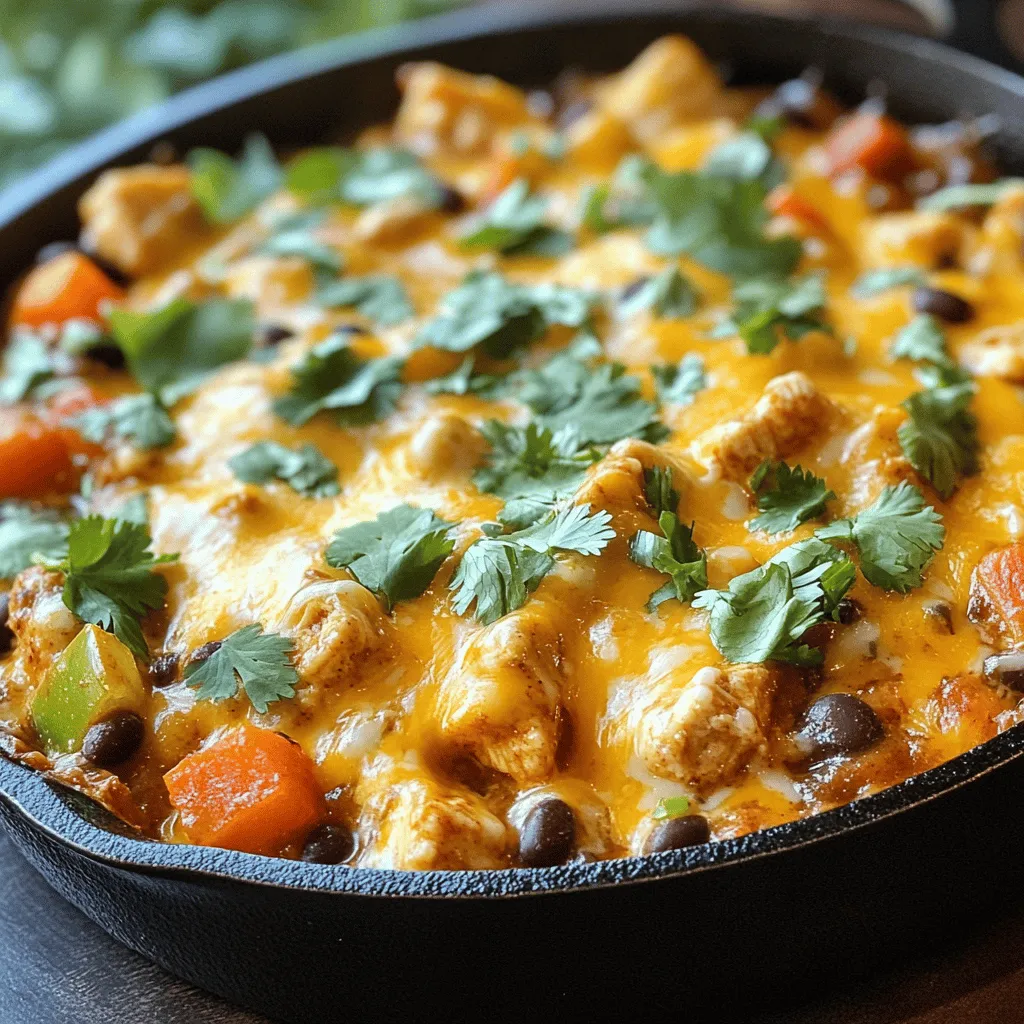 - 1 lb boneless, skinless chicken breasts - 1 small onion - 2 cloves garlic - 1 bell pepper - 1 can black beans - 1 can enchilada sauce - 1 cup sweet corn - 1 teaspoon chili powder - 1 teaspoon ground cumin - 1 cup shredded cheddar cheese - Fresh cilantro - Sour cream (optional) The first step to making this Easy Cheesy Chicken Enchilada Skillet is gathering your ingredients. You want to use fresh items for the best flavor. Start with boneless, skinless chicken breasts. This chicken cooks fast and stays tender. Next, grab a small onion, some garlic, and a colorful bell pepper. These will give your dish a nice base and aroma. The black beans provide protein and texture, while the enchilada sauce adds that classic flavor. Don't forget the sweet corn! It brings a hint of sweetness and a lovely pop of color. The spices, like chili powder and cumin, will add warmth and depth. Finally, the shredded cheddar cheese melts beautifully, creating that cheesy goodness we all love. Fresh cilantro will add brightness, and sour cream is a nice touch if you want a creamy finish. You can find the Full Recipe with all the cooking steps to create this delightful dish! - Step 1: Heat the oil In a large, non-stick skillet, pour in one tablespoon of olive oil. Turn the heat to medium and wait until the oil shimmers. This means it's ready for cooking. - Step 2: Cook the chicken Add one pound of cubed chicken to the skillet. Spread it out evenly. Sauté the chicken for about 5 to 7 minutes. It should become golden brown and fully cooked. Once done, transfer the chicken to a plate and set it aside. - Step 3: Sauté the vegetables In the same skillet, add one small diced onion and one diced bell pepper. Sauté these for 4 to 5 minutes until they are soft and translucent. Then, add two cloves of minced garlic and cook for one more minute. The aroma will fill your kitchen! - Step 4: Combine the ingredients Return the cooked chicken to the skillet with the veggies. Pour in one can of drained black beans, one cup of frozen corn, and one can of enchilada sauce. Sprinkle in one teaspoon each of chili powder and cumin. Stir everything together until well mixed. - Step 5: Simmer the mixture Let the combined ingredients simmer gently for about 5 minutes. This step helps all the flavors blend together beautifully. - Step 6: Melt the cheese Evenly sprinkle one cup of shredded cheddar cheese on top of the mixture. Cover the skillet with a lid. Cook for an additional 2 to 3 minutes until the cheese melts and becomes bubbly. - Step 7: Serve Remove the skillet from heat. Garnish with freshly chopped cilantro. Serve the dish hot with a dollop of sour cream on the side, if you want some extra creaminess. This Easy Cheesy Chicken Enchilada Skillet is a quick and tasty meal. Enjoy your cooking! For more details, check out the Full Recipe. What is the best way to cook chicken? To cook the chicken, I recommend using a non-stick skillet. Heat a tablespoon of olive oil over medium heat. Add your cubed chicken and spread it out. Cook for about 5-7 minutes until it turns golden brown. This method keeps the chicken juicy and tender. How can I keep vegetables vibrant and fresh? To keep your veggies bright, sauté them quickly. Use medium-high heat and stir often. Cook the onion and bell pepper until soft but not mushy. Add garlic last, so it stays fragrant. This method enhances their color and crunch. What seasoning variations do you recommend? You can mix up the spices for different flavors. Try adding smoked paprika for a smoky taste. Or, sprinkle in some cayenne pepper for heat. Fresh lime juice can also brighten the dish. How can I add extra toppings? Toppings can elevate your skillet dish! Consider adding sliced jalapeños for spice. Crumbled queso fresco offers a creamy, tangy kick. Chopped avocado adds creaminess and balances flavors. Don’t forget fresh cilantro for a burst of freshness. For the complete recipe and more tips, check out the Full Recipe. {{image_4}} For those seeking gluten-free options, use corn tortillas instead of flour. This small swap keeps the dish tasty while meeting dietary needs. Always check labels to ensure all ingredients are gluten-free. If you prefer vegetarian meals, swap the chicken for hearty black beans or lentils. Both options add protein and flavor. You can also add more veggies like zucchini or mushrooms for extra texture. Cheese is key to this dish. You can use pepper jack for a spicy kick or Monterey Jack for a milder taste. Goat cheese adds a tangy flavor, while cream cheese gives a rich, creamy texture. For proteins, try ground turkey or shredded beef instead of chicken. If you want plant-based options, use tofu or tempeh. Both absorb flavors well and add a nice bite. Feel free to mix in different vegetables. Spinach or kale can add a fresh element. You can even use frozen mixed veggies for a quick option. The beauty of this recipe lies in its flexibility. To keep your Easy Cheesy Chicken Enchilada Skillet fresh, cool it first. Then, place it in an airtight container. This helps keep moisture in and smells out. You can store it in the fridge for up to four days. If you want to keep it longer, consider freezing it. It can last in the freezer for up to three months. Just remember to label the container with the date. When it’s time to enjoy your leftovers, you have two great options: the microwave or the stovetop. The microwave is quick. Just heat in short bursts, stirring in between. This helps to warm it evenly. The stovetop takes a bit longer but can keep the dish from getting soggy. Heat it in a skillet over medium-low heat, stirring often. To maintain texture and flavor, add a splash of water or broth when reheating. This keeps the dish moist and delicious. Enjoy every cheesy, flavorful bite! How can I make this recipe spicier? To add some heat, you can use spicy enchilada sauce. You could also add diced jalapeños or a pinch of cayenne pepper. If you like a kick, try adding hot sauce when serving. Can I use frozen chicken? Yes, frozen chicken works well. Just make sure to thaw it completely before cooking. This helps the chicken cook evenly in the skillet. You can soak it in cold water for quick thawing. What to serve with chicken enchiladas? This dish pairs great with rice, beans, or a fresh green salad. You could also serve it with tortilla chips and salsa for a fun side. Can I prepare this meal in advance? You can prep the ingredients ahead of time. Chop the veggies and cook the chicken. Store them in the fridge until you are ready to cook. This saves time on busy nights. For complete details and variations, check out the Full Recipe. This blog post shared a simple recipe for chicken enchiladas. We covered main and extra ingredients, plus preparation steps. You now know how to cook, enhance flavor, and store leftovers. I encourage you to explore different variations and make this dish your own. Enjoy cooking and sharing these flavorful enchiladas with friends and family. Dive into new ideas and get creative in the kitchen!