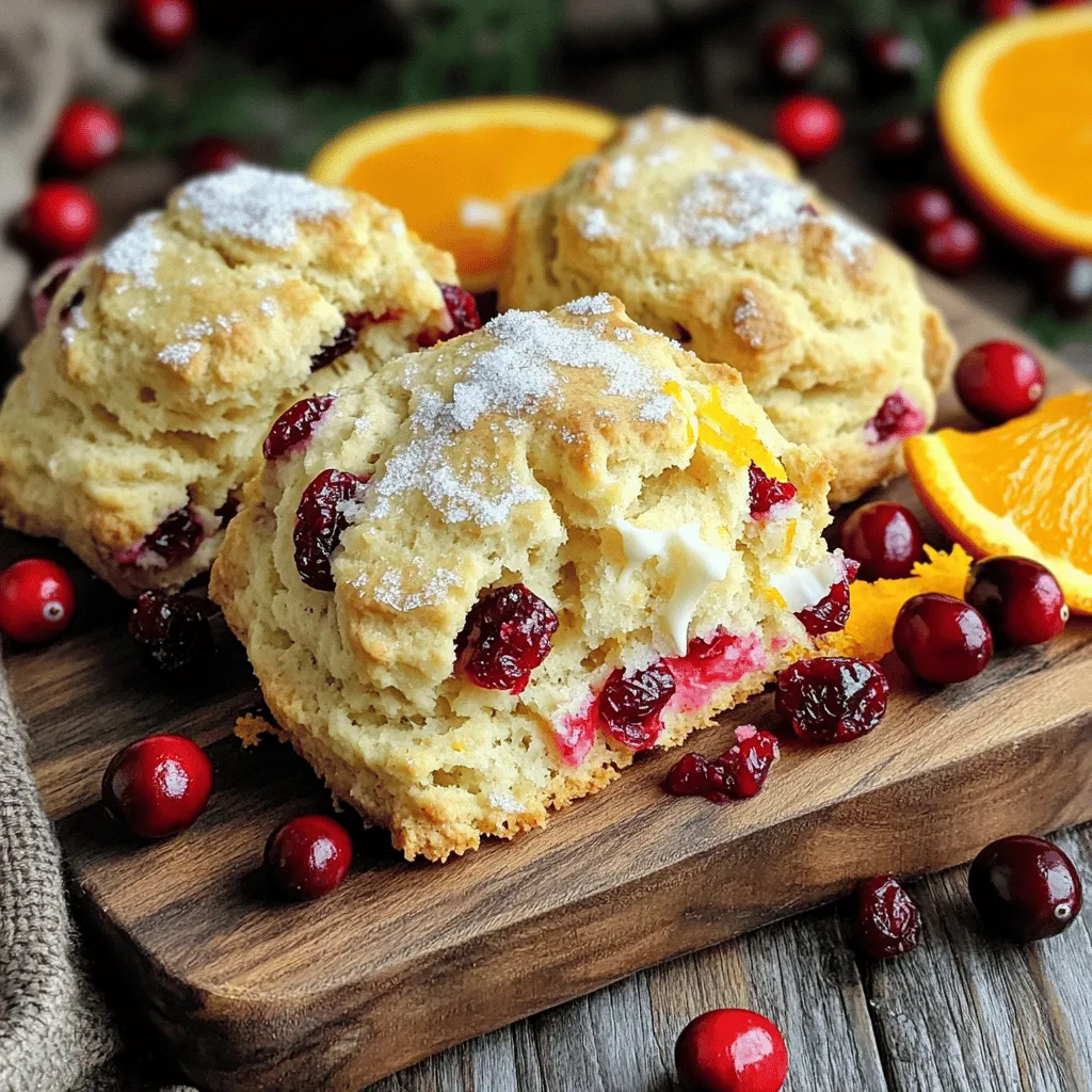 - 2 cups all-purpose flour - 1/3 cup granulated sugar - 1 tablespoon baking powder - 1/2 teaspoon salt - 1/4 cup unsalted cold butter, chilled and cubed - 1/2 cup dried cranberries, roughly chopped - Zest of 1 large orange - 1/2 cup heavy cream, plus extra for brushing - 1 large egg, beaten - 1 teaspoon vanilla extract - Extra granulated sugar for sprinkling on top When I make cranberry orange scones, I gather simple yet delicious ingredients. Each item plays a big role in flavor and texture. The flour gives the scones structure. The sugar adds sweetness. Baking powder helps them rise. Salt balances the flavors. The cold butter creates a flaky texture. It’s key to cut it in well. The dried cranberries bring a tart burst. The orange zest adds a bright, fresh flavor. For moisture, I use heavy cream and an egg. They bind everything together. A touch of vanilla extract adds warmth. Finally, a sprinkle of sugar on top gives that nice crunch. You’ll also need some equipment. Mix the dry ingredients in a bowl. Use a pastry cutter to mix in the butter. A baking sheet lined with parchment paper helps the scones bake evenly. With the right ingredients, you can make these scones at home. Check the Full Recipe for more details. - Preheat the oven to 400°F (200°C). - Prepare the mixing bowls and baking sheet. - Combine dry ingredients and mix thoroughly. - Incorporate cold butter until crumbly. - Fold in cranberries and orange zest. - Combine wet ingredients, adding to dry mixture. - Turn dough onto a floured surface. - Cut into wedges and place on the baking sheet. - Brush with cream and sprinkle sugar before baking. - Bake for 15-18 minutes until golden brown. Making these cranberry orange scones is simple and fun. Start with the prep steps. Set your oven to 400°F (200°C). This heat helps the scones rise nicely. Line your baking sheet with parchment paper to prevent sticking. Next, mix the dry ingredients. In a bowl, whisk the flour, sugar, baking powder, and salt. This mix needs to be even for the best texture. Add the cold butter. You can use a pastry cutter or your fingers. Mix until the mix looks like coarse crumbs. You want small pieces of butter to remain for a flaky texture. Now, fold in the cranberries and orange zest. This adds a nice burst of flavor. Make sure they are spread out in the mix. In another bowl, whisk together the cream, egg, and vanilla. It should be well mixed. Slowly pour this into your dry mix. Use a spatula to blend until the dough just comes together. Don’t overmix! A little stickiness is fine. Next, turn the dough onto a floured surface. Pat it into a circle about 1 inch thick. Use a sharp knife or pizza cutter to slice it into 8 wedges. Transfer them to your baking sheet, leaving space between each. For a nice finish, brush the tops of the scones with cream. Sprinkle sugar on top for extra sweetness and crunch. Finally, bake the scones. Put them in the oven for 15-18 minutes. They should turn golden brown. A toothpick should come out clean when done. Enjoy the process and the delightful aroma! - Avoid overmixing the dough. This keeps the scones light and fluffy. - Use a light touch when shaping scones. Gentle hands help them rise well. - Try adding orange juice for extra zest. This brings a bright, fresh taste. - Experiment with different dried fruits. You can use cherries or apricots for fun twists. - Serve with clotted cream or butter. This adds richness and complements the scones. - Garnish with cranberries or a mint sprig. This makes your dish look fresh and inviting. For more detailed steps, check out the Full Recipe. {{image_4}} You can easily change the flavor of your scones. Here are two tasty options: - Lemon Cranberry Scones: Replace the orange zest with lemon zest. This gives a bright, tangy twist. The tartness of the lemon pairs well with cranberries. - Almond and Cranberry Scones: Add 1/4 cup of chopped almonds to the dough. This adds a nice crunch and a nutty flavor. You can also use almond extract to boost that flavor. If you have special dietary needs, I have some great options for you: - Gluten-free option: You can use almond flour or a gluten-free blend. The texture will be different but still tasty. Just make sure to add a little more liquid to keep the dough moist. - Vegan scones: Swap butter for coconut oil or vegan butter. Use almond milk or soy milk instead of heavy cream. This keeps the scones light and fluffy without dairy. You can adjust the sweetness to fit your taste: - Reduce sugar: If you want a less sweet scone, cut the sugar in half. This makes the scones more savory. They will still taste great with the cranberries. - Add more sugar: If you prefer sweeter scones, increase the sugar to 1/2 cup. This makes for a delightful treat that pairs well with tea or coffee. For the full recipe, check out the [Full Recipe]. You can store leftover scones in an airtight container. Keep them at room temperature. For the best flavor and texture, eat them within 2-3 days. If you want to keep scones longer, freeze them. They last for up to 3 months in the freezer. This is a great option for meal prep or future snacks. To enjoy frozen scones, first, thaw them. Place them in the fridge overnight. When ready to eat, reheat the scones at 350°F (175°C) for about 10 minutes. This restores their soft texture and warmth. For a great treat, enjoy them fresh from the oven. For the full recipe, check the instructions above. To make your scones light and airy, keep these tips in mind: - Use cold ingredients, especially butter and cream. - Handle the dough gently and avoid overmixing. - Make sure your baking powder is fresh. These steps help create pockets of air in the scones. Yes, you can use fresh cranberries. They will add a tart flavor. Dried cranberries are sweeter and easier to work with. If you use fresh, consider adding a bit more sugar to balance the taste. Look for these signs: - The scones will be golden brown on top. - A toothpick inserted in the center comes out clean. - They should feel firm but springy when touched. These cues show that your scones are perfectly baked. Cranberry orange scones pair well with: - Clotted cream or soft butter. - A warm cup of tea or coffee. - Fresh fruit or a light salad. These options enhance the scones' bright flavors. Yes, you can make the dough ahead. Wrap it tightly in plastic wrap. Store it in the fridge for up to 24 hours. When ready to bake, just roll it out and cut it into wedges. Absolutely! To make gluten-free cranberry orange scones, use a gluten-free flour blend. You may need to adjust the liquid slightly. This ensures the dough has the right texture. Enjoy the same great taste without the gluten! In this post, I covered how to make delicious cranberry orange scones. I shared ingredients and simple steps for making the dough. You learned tips for perfect texture and ways to add flavor. Variations and storage tips help you keep scones fresh. Whether you prefer a sweet treat or a gluten-free option, there’s a scone for you. Enjoy baking and experiment with flavors. You’ll love the results and share them with others. Happy baking!