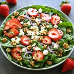 - 4 cups fresh baby spinach, thoroughly washed and expertly dried - 1 cup ripe strawberries, hulled and elegantly sliced - 1/2 cup creamy feta cheese, crumbled - 1/4 cup walnuts, coarsely chopped for texture - 1/4 red onion, delicately thinly sliced - 1/4 cup rich balsamic vinegar - 2 tablespoons golden honey - 1 tablespoon extra-virgin olive oil - Salt and freshly ground black pepper to taste For the best flavor, use fresh ingredients. Choose spinach with vibrant green leaves. Strawberries should be bright red and firm. Feta cheese should be creamy, not overly crumbly. When selecting walnuts, look for ones that are not stale. They add a nice crunch to the salad. Use a good-quality balsamic vinegar for a richer taste. Extra-virgin olive oil enhances the salad’s flavors. Spinach is full of vitamins A and C. It aids in eye health and boosts your immune system. Strawberries are rich in antioxidants and fiber. They help with heart health and digestion. Feta cheese provides calcium and protein, which support strong bones. Walnuts offer healthy fats and can help improve brain function. The balsamic vinegar can aid digestion too. Honey adds a touch of sweetness while providing natural energy. Together, these ingredients make a nutritious and tasty salad. You can find the Full Recipe for more details. To start, gather a small mixing bowl. Add 1/4 cup of balsamic vinegar, 2 tablespoons of honey, and 1 tablespoon of olive oil. Sprinkle in some salt and pepper. Whisk these ingredients together until they blend well. This will create a smooth, tasty dressing. Set it aside for a moment. Letting it sit helps the flavors mix better. Next, grab a large salad bowl. Place 4 cups of fresh baby spinach at the bottom. Make sure it is clean and dry. Then, add 1 cup of sliced strawberries on top of the spinach. This adds sweetness and color. Crumble in 1/2 cup of feta cheese for richness. Sprinkle 1/4 cup of chopped walnuts for crunch. Finally, add 1/4 of a thinly sliced red onion. The onion gives a nice bite to the salad. Now it’s time to dress the salad. Drizzle your prepared dressing evenly over the salad. Use salad tongs or two large spoons to toss everything gently. Be careful not to squash the spinach or strawberries. Taste the salad and adjust the seasoning if needed. If you like, add more salt, pepper, or dressing. Serve the salad right away for the best taste and freshness. For extra flair, you can add more feta and walnuts on top before serving. Enjoy this fresh and healthy mix! To get the best texture, use fresh spinach. Baby spinach is tender and sweet. Make sure to wash it well and dry it thoroughly. Excess water can make the salad soggy. When you slice the strawberries, keep them thick enough to hold their shape. This adds a nice crunch. The feta cheese should be crumbly but not too dry. This creaminess helps balance the crispness of the spinach and walnuts. To enhance the flavor, use fresh ingredients. I like to add a pinch of salt to the dressing. This helps bring out the sweetness of the strawberries. For a more vibrant taste, try adding a squeeze of lemon juice. You can also mix in fresh herbs like mint or basil for extra flavor. If you like a little heat, a dash of crushed red pepper can add a fun kick. Presentation is key for any salad. Serve it in a large, shallow bowl for a beautiful display. Arrange the strawberries and feta on top for a pop of color. Sprinkle some extra walnuts and feta on top. For added flair, garnish with whole strawberries on the side. This creates a lovely visual and makes the salad look inviting. For the full recipe, check out Spinach Strawberry Feta Delight. {{image_4}} You can switch out ingredients based on what is fresh. In summer, add juicy peaches or nectarines for a sweet twist. In fall, consider thin apple slices or roasted squash for warmth. Winter brings hearty greens like kale or arugula, which pair well with the strawberries. Each season offers unique flavors to explore! For a heartier meal, add protein to your salad. Grilled chicken or shrimp works well with the bright flavors. You can also use chickpeas or black beans for a plant-based option. Tofu adds a nice texture and absorbs the dressing well. These additions make the salad filling and satisfying. This salad is easy to adapt for different diets. To make it vegan, skip the feta cheese or use a plant-based alternative. For gluten-free needs, ensure your dressing is gluten-free. The salad is naturally gluten-free, making it a safe choice for many. Enjoy the flavors without worry! For the full recipe, check out the Spinach Strawberry Feta Delight 🥗. To keep your Spinach Strawberry Feta Salad fresh, store it in a sealed container. Make sure the container is airtight. This keeps moisture out and helps maintain crispness. Always place the salad in the fridge right after serving. If you have extra salad, avoid adding the dressing until serving. This prevents sogginess. For the best taste, use fresh ingredients. Store spinach in a damp paper towel inside a plastic bag in the fridge. This keeps it crisp. Strawberries should be kept dry and in a container. Avoid washing them until you are ready to use them to prevent mold. Crumbled feta should be stored in its brine or a sealed container. If you want to make this salad ahead, prep the ingredients separately. Chop and store the spinach, strawberries, and onions in their containers. Crumble feta and keep it sealed. Make the dressing and store it in a small jar. When you are ready to eat, just combine everything in a bowl. Toss gently, and enjoy your fresh salad! For the complete recipe, check the Full Recipe section. If you can't find feta, don't worry! You can use goat cheese. It has a similar creamy texture and tangy flavor. Another good option is ricotta salata. This cheese is firmer and has a mild taste. If you're looking for a dairy-free choice, consider using tofu. Crumble it and add a splash of lemon juice for a fresh flavor. Each of these options will keep your salad delicious. This salad stays fresh for about two days in the fridge. The spinach might wilt after that, but the flavors remain tasty. To keep it fresh, store the salad in a sealed container. Avoid adding the dressing until you're ready to eat. This way, the salad stays crisp and vibrant. Yes, you can! Making the dressing in advance is a great idea. It saves time and allows the flavors to blend better. Just whisk together the balsamic vinegar, honey, and olive oil. Store it in a jar or airtight container. It will keep well in the fridge for up to a week. Just remember to shake it well before using it again. For the full recipe, check out Spinach Strawberry Feta Delight. This blog post covered key ingredients for your salad, from measurements to nutritional benefits. You learned step-by-step instructions on preparing dressing and assembling the salad. Tips and tricks offered ideas for texture and flavor enhancement. We explored variations with seasonal swaps and dietary options. Lastly, I shared storage information, ensuring freshness and meal prep tips. With these insights, you can create the perfect salad tailored to your taste and needs. Enjoy experimenting and making it your own!