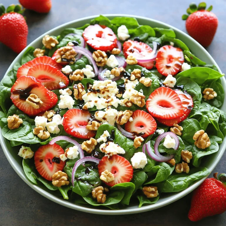 - 4 cups fresh baby spinach, thoroughly washed and expertly dried - 1 cup ripe strawberries, hulled and elegantly sliced - 1/2 cup creamy feta cheese, crumbled - 1/4 cup walnuts, coarsely chopped for texture - 1/4 red onion, delicately thinly sliced - 1/4 cup rich balsamic vinegar - 2 tablespoons golden honey - 1 tablespoon extra-virgin olive oil - Salt and freshly ground black pepper to taste For the best flavor, use fresh ingredients. Choose spinach with vibrant green leaves. Strawberries should be bright red and firm. Feta cheese should be creamy, not overly crumbly. When selecting walnuts, look for ones that are not stale. They add a nice crunch to the salad. Use a good-quality balsamic vinegar for a richer taste. Extra-virgin olive oil enhances the salad’s flavors. Spinach is full of vitamins A and C. It aids in eye health and boosts your immune system. Strawberries are rich in antioxidants and fiber. They help with heart health and digestion. Feta cheese provides calcium and protein, which support strong bones. Walnuts offer healthy fats and can help improve brain function. The balsamic vinegar can aid digestion too. Honey adds a touch of sweetness while providing natural energy. Together, these ingredients make a nutritious and tasty salad. You can find the Full Recipe for more details. To start, gather a small mixing bowl. Add 1/4 cup of balsamic vinegar, 2 tablespoons of honey, and 1 tablespoon of olive oil. Sprinkle in some salt and pepper. Whisk these ingredients together until they blend well. This will create a smooth, tasty dressing. Set it aside for a moment. Letting it sit helps the flavors mix better. Next, grab a large salad bowl. Place 4 cups of fresh baby spinach at the bottom. Make sure it is clean and dry. Then, add 1 cup of sliced strawberries on top of the spinach. This adds sweetness and color. Crumble in 1/2 cup of feta cheese for richness. Sprinkle 1/4 cup of chopped walnuts for crunch. Finally, add 1/4 of a thinly sliced red onion. The onion gives a nice bite to the salad. Now it’s time to dress the salad. Drizzle your prepared dressing evenly over the salad. Use salad tongs or two large spoons to toss everything gently. Be careful not to squash the spinach or strawberries. Taste the salad and adjust the seasoning if needed. If you like, add more salt, pepper, or dressing. Serve the salad right away for the best taste and freshness. For extra flair, you can add more feta and walnuts on top before serving. Enjoy this fresh and healthy mix! To get the best texture, use fresh spinach. Baby spinach is tender and sweet. Make sure to wash it well and dry it thoroughly. Excess water can make the salad soggy. When you slice the strawberries, keep them thick enough to hold their shape. This adds a nice crunch. The feta cheese should be crumbly but not too dry. This creaminess helps balance the crispness of the spinach and walnuts. To enhance the flavor, use fresh ingredients. I like to add a pinch of salt to the dressing. This helps bring out the sweetness of the strawberries. For a more vibrant taste, try adding a squeeze of lemon juice. You can also mix in fresh herbs like mint or basil for extra flavor. If you like a little heat, a dash of crushed red pepper can add a fun kick. Presentation is key for any salad. Serve it in a large, shallow bowl for a beautiful display. Arrange the strawberries and feta on top for a pop of color. Sprinkle some extra walnuts and feta on top. For added flair, garnish with whole strawberries on the side. This creates a lovely visual and makes the salad look inviting. For the full recipe, check out Spinach Strawberry Feta Delight. {{image_4}} You can switch out ingredients based on what is fresh. In summer, add juicy peaches or nectarines for a sweet twist. In fall, consider thin apple slices or roasted squash for warmth. Winter brings hearty greens like kale or arugula, which pair well with the strawberries. Each season offers unique flavors to explore! For a heartier meal, add protein to your salad. Grilled chicken or shrimp works well with the bright flavors. You can also use chickpeas or black beans for a plant-based option. Tofu adds a nice texture and absorbs the dressing well. These additions make the salad filling and satisfying. This salad is easy to adapt for different diets. To make it vegan, skip the feta cheese or use a plant-based alternative. For gluten-free needs, ensure your dressing is gluten-free. The salad is naturally gluten-free, making it a safe choice for many. Enjoy the flavors without worry! For the full recipe, check out the Spinach Strawberry Feta Delight 🥗. To keep your Spinach Strawberry Feta Salad fresh, store it in a sealed container. Make sure the container is airtight. This keeps moisture out and helps maintain crispness. Always place the salad in the fridge right after serving. If you have extra salad, avoid adding the dressing until serving. This prevents sogginess. For the best taste, use fresh ingredients. Store spinach in a damp paper towel inside a plastic bag in the fridge. This keeps it crisp. Strawberries should be kept dry and in a container. Avoid washing them until you are ready to use them to prevent mold. Crumbled feta should be stored in its brine or a sealed container. If you want to make this salad ahead, prep the ingredients separately. Chop and store the spinach, strawberries, and onions in their containers. Crumble feta and keep it sealed. Make the dressing and store it in a small jar. When you are ready to eat, just combine everything in a bowl. Toss gently, and enjoy your fresh salad! For the complete recipe, check the Full Recipe section. If you can't find feta, don't worry! You can use goat cheese. It has a similar creamy texture and tangy flavor. Another good option is ricotta salata. This cheese is firmer and has a mild taste. If you're looking for a dairy-free choice, consider using tofu. Crumble it and add a splash of lemon juice for a fresh flavor. Each of these options will keep your salad delicious. This salad stays fresh for about two days in the fridge. The spinach might wilt after that, but the flavors remain tasty. To keep it fresh, store the salad in a sealed container. Avoid adding the dressing until you're ready to eat. This way, the salad stays crisp and vibrant. Yes, you can! Making the dressing in advance is a great idea. It saves time and allows the flavors to blend better. Just whisk together the balsamic vinegar, honey, and olive oil. Store it in a jar or airtight container. It will keep well in the fridge for up to a week. Just remember to shake it well before using it again. For the full recipe, check out Spinach Strawberry Feta Delight. This blog post covered key ingredients for your salad, from measurements to nutritional benefits. You learned step-by-step instructions on preparing dressing and assembling the salad. Tips and tricks offered ideas for texture and flavor enhancement. We explored variations with seasonal swaps and dietary options. Lastly, I shared storage information, ensuring freshness and meal prep tips. With these insights, you can create the perfect salad tailored to your taste and needs. Enjoy experimenting and making it your own!