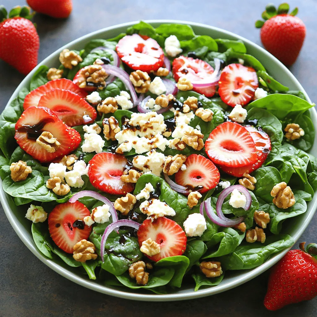 - 4 cups fresh baby spinach, thoroughly washed and expertly dried - 1 cup ripe strawberries, hulled and elegantly sliced - 1/2 cup creamy feta cheese, crumbled - 1/4 cup walnuts, coarsely chopped for texture - 1/4 red onion, delicately thinly sliced - 1/4 cup rich balsamic vinegar - 2 tablespoons golden honey - 1 tablespoon extra-virgin olive oil - Salt and freshly ground black pepper to taste For the best flavor, use fresh ingredients. Choose spinach with vibrant green leaves. Strawberries should be bright red and firm. Feta cheese should be creamy, not overly crumbly. When selecting walnuts, look for ones that are not stale. They add a nice crunch to the salad. Use a good-quality balsamic vinegar for a richer taste. Extra-virgin olive oil enhances the salad’s flavors. Spinach is full of vitamins A and C. It aids in eye health and boosts your immune system. Strawberries are rich in antioxidants and fiber. They help with heart health and digestion. Feta cheese provides calcium and protein, which support strong bones. Walnuts offer healthy fats and can help improve brain function. The balsamic vinegar can aid digestion too. Honey adds a touch of sweetness while providing natural energy. Together, these ingredients make a nutritious and tasty salad. You can find the Full Recipe for more details. To start, gather a small mixing bowl. Add 1/4 cup of balsamic vinegar, 2 tablespoons of honey, and 1 tablespoon of olive oil. Sprinkle in some salt and pepper. Whisk these ingredients together until they blend well. This will create a smooth, tasty dressing. Set it aside for a moment. Letting it sit helps the flavors mix better. Next, grab a large salad bowl. Place 4 cups of fresh baby spinach at the bottom. Make sure it is clean and dry. Then, add 1 cup of sliced strawberries on top of the spinach. This adds sweetness and color. Crumble in 1/2 cup of feta cheese for richness. Sprinkle 1/4 cup of chopped walnuts for crunch. Finally, add 1/4 of a thinly sliced red onion. The onion gives a nice bite to the salad. Now it’s time to dress the salad. Drizzle your prepared dressing evenly over the salad. Use salad tongs or two large spoons to toss everything gently. Be careful not to squash the spinach or strawberries. Taste the salad and adjust the seasoning if needed. If you like, add more salt, pepper, or dressing. Serve the salad right away for the best taste and freshness. For extra flair, you can add more feta and walnuts on top before serving. Enjoy this fresh and healthy mix! To get the best texture, use fresh spinach. Baby spinach is tender and sweet. Make sure to wash it well and dry it thoroughly. Excess water can make the salad soggy. When you slice the strawberries, keep them thick enough to hold their shape. This adds a nice crunch. The feta cheese should be crumbly but not too dry. This creaminess helps balance the crispness of the spinach and walnuts. To enhance the flavor, use fresh ingredients. I like to add a pinch of salt to the dressing. This helps bring out the sweetness of the strawberries. For a more vibrant taste, try adding a squeeze of lemon juice. You can also mix in fresh herbs like mint or basil for extra flavor. If you like a little heat, a dash of crushed red pepper can add a fun kick. Presentation is key for any salad. Serve it in a large, shallow bowl for a beautiful display. Arrange the strawberries and feta on top for a pop of color. Sprinkle some extra walnuts and feta on top. For added flair, garnish with whole strawberries on the side. This creates a lovely visual and makes the salad look inviting. For the full recipe, check out Spinach Strawberry Feta Delight. {{image_4}} You can switch out ingredients based on what is fresh. In summer, add juicy peaches or nectarines for a sweet twist. In fall, consider thin apple slices or roasted squash for warmth. Winter brings hearty greens like kale or arugula, which pair well with the strawberries. Each season offers unique flavors to explore! For a heartier meal, add protein to your salad. Grilled chicken or shrimp works well with the bright flavors. You can also use chickpeas or black beans for a plant-based option. Tofu adds a nice texture and absorbs the dressing well. These additions make the salad filling and satisfying. This salad is easy to adapt for different diets. To make it vegan, skip the feta cheese or use a plant-based alternative. For gluten-free needs, ensure your dressing is gluten-free. The salad is naturally gluten-free, making it a safe choice for many. Enjoy the flavors without worry! For the full recipe, check out the Spinach Strawberry Feta Delight 🥗. To keep your Spinach Strawberry Feta Salad fresh, store it in a sealed container. Make sure the container is airtight. This keeps moisture out and helps maintain crispness. Always place the salad in the fridge right after serving. If you have extra salad, avoid adding the dressing until serving. This prevents sogginess. For the best taste, use fresh ingredients. Store spinach in a damp paper towel inside a plastic bag in the fridge. This keeps it crisp. Strawberries should be kept dry and in a container. Avoid washing them until you are ready to use them to prevent mold. Crumbled feta should be stored in its brine or a sealed container. If you want to make this salad ahead, prep the ingredients separately. Chop and store the spinach, strawberries, and onions in their containers. Crumble feta and keep it sealed. Make the dressing and store it in a small jar. When you are ready to eat, just combine everything in a bowl. Toss gently, and enjoy your fresh salad! For the complete recipe, check the Full Recipe section. If you can't find feta, don't worry! You can use goat cheese. It has a similar creamy texture and tangy flavor. Another good option is ricotta salata. This cheese is firmer and has a mild taste. If you're looking for a dairy-free choice, consider using tofu. Crumble it and add a splash of lemon juice for a fresh flavor. Each of these options will keep your salad delicious. This salad stays fresh for about two days in the fridge. The spinach might wilt after that, but the flavors remain tasty. To keep it fresh, store the salad in a sealed container. Avoid adding the dressing until you're ready to eat. This way, the salad stays crisp and vibrant. Yes, you can! Making the dressing in advance is a great idea. It saves time and allows the flavors to blend better. Just whisk together the balsamic vinegar, honey, and olive oil. Store it in a jar or airtight container. It will keep well in the fridge for up to a week. Just remember to shake it well before using it again. For the full recipe, check out Spinach Strawberry Feta Delight. This blog post covered key ingredients for your salad, from measurements to nutritional benefits. You learned step-by-step instructions on preparing dressing and assembling the salad. Tips and tricks offered ideas for texture and flavor enhancement. We explored variations with seasonal swaps and dietary options. Lastly, I shared storage information, ensuring freshness and meal prep tips. With these insights, you can create the perfect salad tailored to your taste and needs. Enjoy experimenting and making it your own!