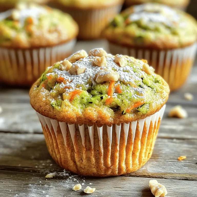 - 1 medium zucchini, grated - 1 medium carrot, grated - 1 cup all-purpose flour - 1/2 cup whole wheat flour - 1/2 cup brown sugar, packed - 1/4 cup granulated sugar The main flavors in these muffins come from the grated zucchini and carrot. They add moisture and a subtle sweetness. The combination of all-purpose and whole wheat flour gives a nice texture. Brown sugar adds richness, while granulated sugar brings out the natural flavors. - 1/2 cup chopped walnuts or pecans - 1/4 cup raisins or chocolate chips You can add chopped nuts for crunch. If you prefer a sweeter muffin, throw in some raisins or chocolate chips. These optional ingredients can make your muffins unique. - 1/2 teaspoon baking soda - 1 teaspoon baking powder - 1/2 teaspoon ground cinnamon - 1/4 teaspoon ground nutmeg - 1/2 teaspoon salt These baking staples help your muffins rise and create a lovely flavor. Baking soda and baking powder are important for texture. The cinnamon and nutmeg add warmth and spice. Salt enhances all the flavors in the mix. For the full recipe, check out the detailed steps in our guide. - Preheat the oven to 350°F (175°C). - Prepare your muffin tin by lining it with paper liners or spraying it lightly with cooking spray to prevent sticking. - In a medium bowl, combine the grated zucchini and grated carrot. Let them sit for a few minutes to drain excess moisture. - In a large bowl, whisk together the all-purpose flour, whole wheat flour, brown sugar, granulated sugar, baking soda, baking powder, ground cinnamon, ground nutmeg, and salt. Blend these dry ingredients well. - In a separate bowl, whisk the vegetable oil, eggs, and vanilla extract until smooth. - Gradually pour the wet mixture into the dry ingredients. Stir gently until just combined. It’s fine if a few lumps remain in the batter. - Carefully fold in the drained zucchini and carrot mixture. You can also add chopped nuts, raisins, or chocolate chips. - Using a spoon or ice cream scoop, fill each muffin cup about two-thirds full. This allows space for the muffins to rise. - Bake in the preheated oven for about 18 to 22 minutes. Check with a toothpick; it should come out clean. - After baking, let the muffins cool in the tin for about 5 minutes. Transfer them to a wire rack to cool completely. This recipe is simple and fun. Follow the [Full Recipe] for detailed instructions and enjoy your delicious muffins! To make the best zucchini carrot muffins, avoid overmixing the batter. Mixing too much makes the muffins tough. Stir gently until just combined. It’s okay to have some lumps. Check for doneness by inserting a toothpick into the center of a muffin. If it comes out clean, your muffins are ready. If it has wet batter, bake a few more minutes. You can adjust the spices to enhance flavor. Try adding more cinnamon or nutmeg for a warm taste. If you love a kick, add a pinch of ginger or cloves. Toppings can also boost flavor. Sprinkle chopped nuts or chocolate chips on top before baking. You can add a drizzle of honey after baking for extra sweetness. Choose a non-stick muffin tin for easy removal. Silicone muffin pans work well too. They help muffins lift out cleanly. Keep an eye on your oven temperature. If it’s too hot, the muffins can burn. An oven thermometer helps ensure accurate baking. Always preheat your oven to 350°F for the best results. For the full recipe, check out the details above. Enjoy your baking! {{image_4}} You can change the flour in your zucchini carrot muffins for a new taste. If you need a gluten-free version, try using almond or coconut flour. These flours add a nutty flavor. They also make your muffins tender and moist. Just remember, these flours absorb more moisture, so adjust your liquid ingredients. Adding a twist to your muffins is fun! You can mix in citrus zest, like lemon or orange, for a fresh taste. This brightens the muffins and gives them a lovely aroma. Dried fruits, such as cranberries or apricots, can also add sweetness. You can play with flavors to make them your own. Do you want to cut back on sugar? You can reduce the sugar in the recipe without losing flavor. Try using natural sweeteners like honey or maple syrup. These options add depth and richness to your muffins. Adjust the amount of liquid in your batter if you use these sweeteners. This way, your muffins will stay moist and delicious. For the full recipe, check out the detailed instructions above! To keep your zucchini carrot muffins fresh, store them at room temperature. Place them in an airtight container. This way, they stay soft and moist for up to three days. If you want them to last longer, refrigeration is an option. Wrap them tightly in plastic wrap or foil. Store them in the fridge for about a week. Freezing is a great way to save muffins for later. Begin by letting them cool completely. Wrap each muffin in plastic wrap. Then, place them in a freezer bag. Remove as much air as you can. This helps prevent freezer burn. When you are ready to eat, just take one out and reheat. The best way to reheat is in the microwave for about 20-30 seconds. You can also use an oven. Heat at 350°F for about 10-15 minutes. Zucchini carrot muffins can last a few days at room temperature, about one week in the fridge, and up to three months in the freezer. Always check for signs of spoilage. If you see mold or smell something off, it’s best to toss them. Enjoy these muffins fresh for the best taste! For the full recipe, check out the link in the introduction. You can make these muffins healthier by using less sugar and oil. - Substitute half the sugar with applesauce or mashed banana. - Use coconut oil or unsweetened applesauce for oil. - Swap all-purpose flour for whole wheat or almond flour for added fiber. Yes, you can use frozen zucchini and carrots. - Thaw them first and drain off excess water. - This helps prevent soggy muffins. - Frozen veggies can add convenience without losing flavor. You can replace eggs with several options for vegan muffins. - Use 1/4 cup of unsweetened applesauce for each egg. - Flaxseed meal works well too; mix 1 tablespoon with 2.5 tablespoons of water. - Silken tofu is another great choice; blend 1/4 cup until smooth. To check if the muffins are done, use the toothpick test. - Insert a toothpick into the center of a muffin. - If it comes out clean or with a few crumbs, they are ready. - If it has wet batter, bake for a few more minutes. Yes, you can make mini muffins. - Just adjust the baking time to about 12 to 15 minutes. - Keep an eye on them to prevent overbaking. - They will be fun, bite-sized treats! For the full recipe, check out the detailed instructions above. In this guide, we explored how to make delicious zucchini carrot muffins. We covered essential ingredients, including zucchini, carrot, and various flours. The step-by-step instructions helped you prepare and bake with ease. I shared tips to perfect your muffins, variations for different tastes, and storage ideas for freshness. Remember, these muffins can be healthy and tasty with simple swaps. Bake, enjoy, and share your creations with friends! Happy baking!