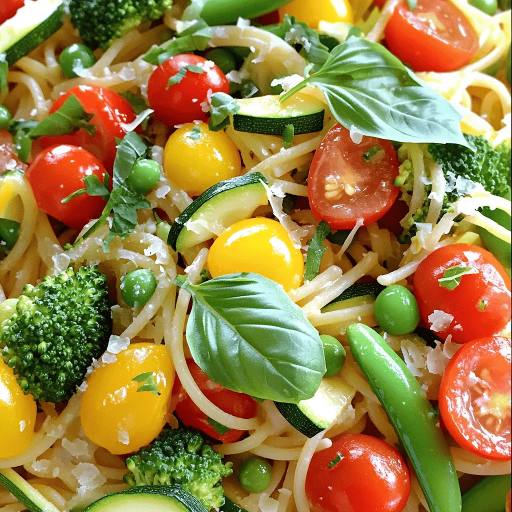 To make Easy Veggie Pasta Primavera, gather these fresh ingredients: - 12 oz spaghetti or your preferred pasta - 2 tablespoons extra virgin olive oil - 1 medium zucchini, sliced into half-moons - 1 cup mixed bell peppers (red, yellow, and green), sliced - 1 cup cherry tomatoes, halved - 1 cup broccoli florets, cut into bite-sized pieces - 1 cup snap peas, trimmed and cleaned - 3 cloves garlic, finely minced - 1 teaspoon dried Italian herb blend (basil, oregano, thyme) - Salt and freshly ground black pepper to taste - ¼ cup freshly grated Parmesan cheese (optional) - Fresh basil leaves, torn, for garnish When it comes to pasta, I recommend using spaghetti for this dish. It's easy to cook and pairs well with veggies. Other great options include penne and fusilli. These shapes hold onto sauce and veggies nicely. You can also try whole grain or gluten-free pasta if you prefer. Just make sure to follow the cooking time on the package to get the right texture. Using fresh veggies makes the dish vibrant and full of flavor. They have a crunch that frozen ones often lack. However, frozen vegetables can save time. They are picked at their peak and flash-frozen. If you use frozen veggies, thaw them before cooking. This will help them cook evenly. For the best taste, I suggest sticking with fresh vegetables whenever you can. For more details, check out the Full Recipe. Start by bringing a big pot of water to a boil. Add a good amount of salt to the water. This helps flavor the pasta. Next, add 12 oz of spaghetti or your favorite pasta. Cook it according to the package directions. You want it to be al dente, which means firm but not hard. Before you drain the pasta, save 1 cup of the water. This starchy water helps make the sauce creamy. After that, drain the pasta and set it aside. In a large skillet, pour in 2 tablespoons of extra virgin olive oil. Heat it over medium heat. Once the oil is hot, add 3 cloves of minced garlic. Sauté the garlic for about 1 minute. It should smell nice but not burn. Now, add a medium zucchini, sliced into half-moons, and 1 cup of mixed bell peppers. You can use red, yellow, and green ones for color. Toss in 1 cup of broccoli florets and 1 cup of snap peas too. Cook everything together for 5-7 minutes. The veggies should look bright and be tender but still have a bit of crunch. Now it's time to bring it all together. Add 1 cup of halved cherry tomatoes to the skillet. Then, add the drained spaghetti along with the reserved pasta water. Gently mix everything together. Let it cook for another 2-3 minutes. This helps all the flavors blend. Next, sprinkle in 1 teaspoon of dried Italian herbs, along with salt and freshly ground black pepper. Toss it all again to make sure the seasoning is even. If you like, you can add ¼ cup of freshly grated Parmesan cheese to make it creamier. Finally, serve your dish hot, and top it with torn fresh basil leaves for extra flavor. For the full recipe, check out the vibrant veggie pasta primavera! To create a great sauce, focus on the flavors. Start with quality extra virgin olive oil. Heat it gently in your skillet. Add minced garlic and watch for its aroma. This step is key to flavor. Mix in the dried Italian herbs next. The herbs add depth. If the sauce seems too dry, add some reserved pasta water. This water is starchy and helps bind the dish together. Feel free to change up the veggies. Add or swap zucchini for asparagus or eggplant. Toss in spinach or kale for extra greens. You could also use seasonal veggies for freshness. Don’t forget about adding a splash of lemon juice for brightness. If you like spice, consider red pepper flakes. The goal is to make it your own! Serve your pasta in deep plates or bowls. This way, you show off the vibrant colors. A drizzle of olive oil adds a nice shine. Remember to top with fresh basil leaves, as they look and taste great. If you choose to add cheese, do it right before serving for a creamy touch. This makes your meal not only tasty but also visually appealing. For more details, check the full recipe. {{image_4}} You can easily make this dish vegan. Simply skip the Parmesan cheese. Use nutritional yeast instead. It adds a cheesy flavor without dairy. You can also add more vegetables like carrots or spinach. This boosts the nutrition and color. If you need a gluten-free meal, pick gluten-free pasta. Many brands offer great options made from rice or quinoa. Just follow the cooking time on the package. You can use the same veggies and flavors to keep it delicious. Want to add protein? Tofu is a great choice. Cut firm tofu into cubes and sauté it before adding veggies. If you prefer meat, grilled chicken works well too. Cook it separately, then mix it in with the veggies and pasta. This enhances the meal and makes it more filling. For more detailed instructions, check out the Full Recipe. After you make your pasta primavera, let it cool down. Place the leftover pasta in an airtight container. It will stay fresh in the fridge for about 3 to 5 days. Make sure to store it without extra sauce if you want to keep it from getting mushy. You can freeze pasta primavera if you want to save it for later. Place it in a freezer-safe container. It can last up to 2 months in the freezer. To avoid freezer burn, wrap it tightly in plastic wrap or foil before sealing. When you’re ready to eat, just thaw it in the fridge overnight. When it’s time to enjoy your leftover pasta, reheat it gently. You can use the microwave or a skillet. If using the microwave, cover it to keep moisture in. Heat for about 1-2 minutes, stirring halfway through. If using a skillet, add a splash of water to help steam it. Heat on low until warm. This helps keep the veggies nice and crisp. For the best flavor, consider adding a bit more olive oil or fresh herbs when reheating. Veggie Pasta Primavera can last up to three days in the fridge. Store it in an airtight container. To keep it fresh, make sure it cools down before sealing. Absolutely! You can swap in any veggies you like. Try carrots, asparagus, or spinach. Just make sure to adjust the cooking time for firmer vegetables. For a vegan option, use nutritional yeast. It adds a cheesy flavor without dairy. You could also use cashew cheese or a vegan Parmesan blend for a creamy touch. To spice things up, add red pepper flakes or diced jalapeños. You can also toss in some hot sauce while cooking. Start with a small amount and adjust to your taste. In this blog post, we explored how to make a delicious Veggie Pasta Primavera. We talked about key ingredients, like pasta and fresh veggies, and how to cook them step by step. I shared tips for perfecting your sauce and customizing your dish to fit your needs. We also covered variations, storage methods, and answers to your burning questions. Now, you have the tools to create this tasty meal. Enjoy your cooking adventures!