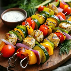 - 1 lb boneless, skinless chicken breasts - 1 cup dill pickle juice - 1 packet ranch seasoning mix - 1 bell pepper (red, yellow, or green) - 1 medium red onion - 1 medium zucchini - 8 oz cherry tomatoes - 2 tablespoons olive oil - Salt and black pepper to taste - Skewers (wooden or metal) For these Pickle Ranch Chicken and Veggie Skewers, I use simple, fresh ingredients. The chicken is the star, and the pickle juice brings a tangy flavor that makes it unique. I love how the ranch seasoning adds a tasty twist. For the veggies, I like to mix colors and textures. You can use any bell pepper you like. I often go for red for sweetness. The red onion adds a nice bite, while zucchini provides a lovely crunch. Cherry tomatoes add juiciness and sweetness. Do not forget the olive oil! It helps the veggies roast nicely. Season with salt and black pepper to enhance the flavors. Use wooden or metal skewers; if you choose wooden, remember to soak them in water first to avoid burning. This recipe makes a great meal for any gathering. Check the [Full Recipe] for more details on how to prepare these delightful skewers! To start, take your chicken cubes and place them in a bowl. Pour in the dill pickle juice, ensuring every piece is covered. This juice adds a nice zing to the chicken. Cover the bowl with plastic wrap and refrigerate for at least 2 hours, or overnight if you can wait. The longer it sits, the more flavor it gets. While the chicken is marinating, it's time to get your veggies ready. Wash and chop a bell pepper, a medium red onion, and a zucchini into bite-sized pieces. Don’t forget the cherry tomatoes; just leave them whole. In a separate bowl, toss the veggies with olive oil, salt, and pepper. This simple mix enhances their taste and helps them cook nicely on the grill. Now, let's get grilling! Preheat your grill to medium-high heat. If you are using wooden skewers, soak them in water for about 30 minutes. This helps prevent them from burning. Next, thread the marinated chicken and prepared veggies onto the skewers. Alternate the chicken with the veggies for a colorful look. After they are all assembled, lightly sprinkle ranch seasoning over the skewers. Place the skewers on the hot grill. Cook them for about 12-15 minutes. Turn them every few minutes to ensure even cooking. You want the chicken to reach an internal temperature of 165°F (75°C) and the veggies to be tender and slightly charred. Once cooked, carefully take the skewers off the grill. Let them rest for a few minutes before serving. This step makes sure the juices stay in the chicken. For the full recipe, check out the complete details on how to make these delicious skewers. Longer marination makes the chicken juicy and full of flavor. I suggest marinating overnight if you can. This allows the pickle juice to soak deep into the chicken. If you want to change things up, try using yogurt or lemon juice. Both add a tangy taste that goes well with the chicken. For perfect grill marks, preheat your grill well. Place the skewers on the grill and don’t touch them for a few minutes. This helps create those nice lines. To avoid charred veggies, keep an eye on the grill. If you notice they are browning too fast, move them to a cooler part of the grill. Serve the skewers with a fresh salad or rice. Both pair well and add color to your plate. For dipping sauces, ranch dressing is a great choice. You can also try barbecue sauce or a spicy mayo. These add fun flavors to each bite. Check the Full Recipe for more ideas on sides and dips! {{image_4}} You can swap chicken for other proteins. Shrimp works great and cooks fast. Tofu is a tasty option for a plant-based choice. If using shrimp, grill for about 5-7 minutes. For tofu, cook for 10-12 minutes. Check doneness by looking for a nice golden color. You can use many vegetables for skewers. Great options include mushrooms, asparagus, and bell peppers. Consider seasonal choices like summer squash or eggplant. These add fun flavors and colors to your dish. Just remember, cut all veggies to similar sizes for even cooking. You can play with flavors easily. Try adding garlic powder, chili flakes, or lemon zest to the mix. For marinades, use yogurt or spicy sauces for a twist. These small changes can make your skewers unique and exciting. You’ll find new tastes that delight your palate! For the full recipe, check out the Pickle Ranch Chicken and Veggie Skewers. To keep leftover skewers fresh, place them in an airtight container. This prevents moisture loss and keeps flavors intact. You can also wrap them tightly in plastic wrap if you don't have a container. Store them in the fridge for up to three days. If you want to enjoy them later, make sure to cool them before storing. Freezing cooked skewers is an option if you want to save them longer. First, let the skewers cool completely. Then, wrap them in foil or freezer-safe bags. This helps avoid freezer burn. You can freeze them for up to three months. When ready to eat, thaw the skewers overnight in the fridge. Reheat them in the oven at 350°F for about 10-15 minutes until warm. You can use leftover ingredients in various ways. Toss extra veggies into salads or omelets. You can also chop leftover chicken for a tasty wrap or sandwich. If you have extra ranch seasoning, sprinkle it on popcorn for a fun snack. You can even incorporate skewers into pasta dishes for added flavor and texture. Explore these ideas to minimize waste and enjoy more meals! To check if the chicken is done, you should measure its internal temperature. The safe temperature for cooked chicken is 165°F (75°C). Use a meat thermometer for the best results. Look for some visual cues as well. The chicken should no longer be pink inside. The juices should run clear when you cut into it. The edges may also look slightly browned. Yes, you can make these skewers ahead of time. Marinate the chicken for at least 2 hours, or even overnight, to build flavor. This makes meal prep easier and faster. You can also chop the veggies in advance. Just store them in the fridge in a sealed container. This way, you save time when it's time to grill. For the best results, heat your grill to medium-high. This means around 375°F to 450°F (190°C to 232°C). This heat level helps cook the chicken evenly while giving veggies a nice char. Keep an eye on the skewers as they cook. Adjust the heat if needed to prevent burning. Yes, you can bake these skewers if you prefer. Preheat your oven to 400°F (200°C). Line a baking sheet with foil for easy cleanup. Place the assembled skewers on the sheet. Bake for about 20-25 minutes. Flip them halfway through to cook evenly. Check the chicken's internal temperature to ensure it’s 165°F (75°C). In this article, we explored a tasty chicken skewer recipe. We covered the main ingredients, step-by-step instructions for marinating and grilling, and tips for perfect results. I shared creative variations and helpful storage advice. With these easy steps, you can make great skewers at home. Enjoy trying new flavors and share your creations with friends and family. Simple meals can be fun!