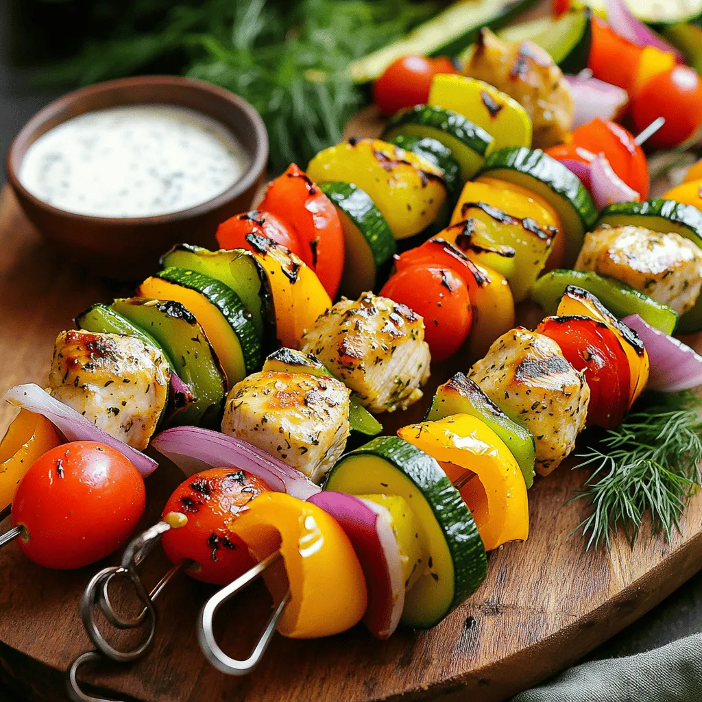 - 1 lb boneless, skinless chicken breasts - 1 cup dill pickle juice - 1 packet ranch seasoning mix - 1 bell pepper (red, yellow, or green) - 1 medium red onion - 1 medium zucchini - 8 oz cherry tomatoes - 2 tablespoons olive oil - Salt and black pepper to taste - Skewers (wooden or metal) For these Pickle Ranch Chicken and Veggie Skewers, I use simple, fresh ingredients. The chicken is the star, and the pickle juice brings a tangy flavor that makes it unique. I love how the ranch seasoning adds a tasty twist. For the veggies, I like to mix colors and textures. You can use any bell pepper you like. I often go for red for sweetness. The red onion adds a nice bite, while zucchini provides a lovely crunch. Cherry tomatoes add juiciness and sweetness. Do not forget the olive oil! It helps the veggies roast nicely. Season with salt and black pepper to enhance the flavors. Use wooden or metal skewers; if you choose wooden, remember to soak them in water first to avoid burning. This recipe makes a great meal for any gathering. Check the [Full Recipe] for more details on how to prepare these delightful skewers! To start, take your chicken cubes and place them in a bowl. Pour in the dill pickle juice, ensuring every piece is covered. This juice adds a nice zing to the chicken. Cover the bowl with plastic wrap and refrigerate for at least 2 hours, or overnight if you can wait. The longer it sits, the more flavor it gets. While the chicken is marinating, it's time to get your veggies ready. Wash and chop a bell pepper, a medium red onion, and a zucchini into bite-sized pieces. Don’t forget the cherry tomatoes; just leave them whole. In a separate bowl, toss the veggies with olive oil, salt, and pepper. This simple mix enhances their taste and helps them cook nicely on the grill. Now, let's get grilling! Preheat your grill to medium-high heat. If you are using wooden skewers, soak them in water for about 30 minutes. This helps prevent them from burning. Next, thread the marinated chicken and prepared veggies onto the skewers. Alternate the chicken with the veggies for a colorful look. After they are all assembled, lightly sprinkle ranch seasoning over the skewers. Place the skewers on the hot grill. Cook them for about 12-15 minutes. Turn them every few minutes to ensure even cooking. You want the chicken to reach an internal temperature of 165°F (75°C) and the veggies to be tender and slightly charred. Once cooked, carefully take the skewers off the grill. Let them rest for a few minutes before serving. This step makes sure the juices stay in the chicken. For the full recipe, check out the complete details on how to make these delicious skewers. Longer marination makes the chicken juicy and full of flavor. I suggest marinating overnight if you can. This allows the pickle juice to soak deep into the chicken. If you want to change things up, try using yogurt or lemon juice. Both add a tangy taste that goes well with the chicken. For perfect grill marks, preheat your grill well. Place the skewers on the grill and don’t touch them for a few minutes. This helps create those nice lines. To avoid charred veggies, keep an eye on the grill. If you notice they are browning too fast, move them to a cooler part of the grill. Serve the skewers with a fresh salad or rice. Both pair well and add color to your plate. For dipping sauces, ranch dressing is a great choice. You can also try barbecue sauce or a spicy mayo. These add fun flavors to each bite. Check the Full Recipe for more ideas on sides and dips! {{image_4}} You can swap chicken for other proteins. Shrimp works great and cooks fast. Tofu is a tasty option for a plant-based choice. If using shrimp, grill for about 5-7 minutes. For tofu, cook for 10-12 minutes. Check doneness by looking for a nice golden color. You can use many vegetables for skewers. Great options include mushrooms, asparagus, and bell peppers. Consider seasonal choices like summer squash or eggplant. These add fun flavors and colors to your dish. Just remember, cut all veggies to similar sizes for even cooking. You can play with flavors easily. Try adding garlic powder, chili flakes, or lemon zest to the mix. For marinades, use yogurt or spicy sauces for a twist. These small changes can make your skewers unique and exciting. You’ll find new tastes that delight your palate! For the full recipe, check out the Pickle Ranch Chicken and Veggie Skewers. To keep leftover skewers fresh, place them in an airtight container. This prevents moisture loss and keeps flavors intact. You can also wrap them tightly in plastic wrap if you don't have a container. Store them in the fridge for up to three days. If you want to enjoy them later, make sure to cool them before storing. Freezing cooked skewers is an option if you want to save them longer. First, let the skewers cool completely. Then, wrap them in foil or freezer-safe bags. This helps avoid freezer burn. You can freeze them for up to three months. When ready to eat, thaw the skewers overnight in the fridge. Reheat them in the oven at 350°F for about 10-15 minutes until warm. You can use leftover ingredients in various ways. Toss extra veggies into salads or omelets. You can also chop leftover chicken for a tasty wrap or sandwich. If you have extra ranch seasoning, sprinkle it on popcorn for a fun snack. You can even incorporate skewers into pasta dishes for added flavor and texture. Explore these ideas to minimize waste and enjoy more meals! To check if the chicken is done, you should measure its internal temperature. The safe temperature for cooked chicken is 165°F (75°C). Use a meat thermometer for the best results. Look for some visual cues as well. The chicken should no longer be pink inside. The juices should run clear when you cut into it. The edges may also look slightly browned. Yes, you can make these skewers ahead of time. Marinate the chicken for at least 2 hours, or even overnight, to build flavor. This makes meal prep easier and faster. You can also chop the veggies in advance. Just store them in the fridge in a sealed container. This way, you save time when it's time to grill. For the best results, heat your grill to medium-high. This means around 375°F to 450°F (190°C to 232°C). This heat level helps cook the chicken evenly while giving veggies a nice char. Keep an eye on the skewers as they cook. Adjust the heat if needed to prevent burning. Yes, you can bake these skewers if you prefer. Preheat your oven to 400°F (200°C). Line a baking sheet with foil for easy cleanup. Place the assembled skewers on the sheet. Bake for about 20-25 minutes. Flip them halfway through to cook evenly. Check the chicken's internal temperature to ensure it’s 165°F (75°C). In this article, we explored a tasty chicken skewer recipe. We covered the main ingredients, step-by-step instructions for marinating and grilling, and tips for perfect results. I shared creative variations and helpful storage advice. With these easy steps, you can make great skewers at home. Enjoy trying new flavors and share your creations with friends and family. Simple meals can be fun!
