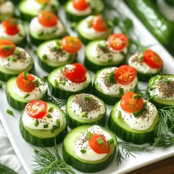 - 2 large cucumbers, sliced into 1/2 inch rounds - 8 oz cream cheese, softened to room temperature - 2 tablespoons sour cream - 1 tablespoon fresh dill, finely chopped - 1 tablespoon chives, finely chopped - 1 tablespoon lemon juice - 2 tablespoons Everything Bagel seasoning - Optional: cherry tomatoes, halved, for garnish These fresh and tasty bites are simple to make. Start with the cucumbers. I like to pick firm, large ones for the best crunch. Slice them into thick rounds, about half an inch each. This size helps hold the toppings well. Next, you need cream cheese. It must be soft and easy to spread. Mixing in sour cream makes it rich and creamy. To add flavor, I use fresh dill and chives. They give a nice herbal touch. A splash of lemon juice adds brightness to the mix. The key to the Everything Bagel flavor is the seasoning. This blend of sesame seeds, poppy seeds, and garlic gives a savory punch. You can sprinkle it on top for a flavorful finish. If you want, add cherry tomatoes for color and a fresh taste. Gather these ingredients, and you’re ready to create a delightful snack. For the full recipe, check the details above and enjoy crafting your Everything Bagel Cucumber Bites! Start by taking a medium bowl. Add 8 oz of softened cream cheese to the bowl. Then, mix in 2 tablespoons of sour cream. Next, add 1 tablespoon of fresh dill and 1 tablespoon of chives. Squeeze in 1 tablespoon of lemon juice for a zesty flavor. Use a spatula or hand mixer to blend everything until it’s smooth. This creamy mixture will be the star of your cucumber bites. Grab 2 large cucumbers and slice them into 1/2 inch rounds. Aim for uniform slices so they look great. Once sliced, take a clean paper towel and pat each cucumber round dry. This step is key! Drying the cucumbers helps the toppings stick better and keeps them from getting soggy. Now comes the fun part! Take a knife or small spatula to spread a generous dollop of the cream cheese mixture on each cucumber slice. Aim for about 1 tablespoon of the mixture per slice. Once you have spread the cream cheese, it’s time to add the seasoning! Sprinkle a pinch of Everything Bagel seasoning on top of each bite. This seasoning adds a burst of flavor that ties it all together. If you want to get fancy, place half a cherry tomato on top for a pop of color. Arrange your cucumber bites on a nice platter. Give them about 15 minutes in the fridge to let the flavors meld. Enjoy these tasty snacks! For a full recipe, check out the detailed instructions. To get a smooth spread, start with softened cream cheese. This makes mixing easy. Use a hand mixer or spatula to blend the ingredients until creamy. Aim for a thick and rich texture. If you find lumps, keep mixing. A smooth spread keeps your cucumber bites looking great. Sogginess can ruin your cucumber bites. To prevent this, dry each cucumber round. Use a clean paper towel to pat them dry gently. The less moisture, the better the toppings stick. You can also slice cucumbers right before serving. This keeps them fresh and crisp. A beautiful platter makes your bites shine. Arrange the cucumber rounds in a circle or row. Add cherry tomatoes on top for color. Use fresh dill sprigs for flair. You can also serve lemon wedges on the side for a zesty touch. This little detail makes your dish pop! {{image_4}} You can easily amp up the taste of Everything Bagel Cucumber Bites. Try adding smoked salmon on top. This adds a savory, rich flavor that pairs well with the cream cheese. Another great option is avocado. A creamy slice of avocado adds a smooth texture and a touch of healthy fat. Both toppings bring unique flavors to the cucumber bites, making them more exciting. If you want vegan options, swap the cream cheese with a plant-based cream cheese. This keeps the flavor while making it dairy-free. You can also use lactose-free cream cheese for a lighter choice. Both options let everyone enjoy this tasty snack without missing out. Pair these cucumber bites with different dips for fun. A tangy yogurt dip or a zesty hummus can add a new taste. You might also enjoy serving them with sparkling water or a light cocktail. These drinks balance the flavors nicely. For an extra touch, arrange the bites on a colorful platter. This makes serving more inviting and enhances the overall experience. For the full recipe, check out the Cooking section! Store leftover Everything Bagel Cucumber Bites in an airtight container. Place a layer of paper towels in the container. This helps absorb extra moisture. Keep them in the refrigerator for up to two days. The cucumbers may lose some crunch over time. Do not freeze assembled cucumber bites. Freezing makes the cucumbers soggy and mushy. Instead, you can freeze the cream cheese mixture. Store it in a sealed container for up to three months. When ready, thaw it in the fridge and assemble fresh bites. To keep the ingredients fresh, shop for cucumbers and herbs just before preparing. Choose firm cucumbers without soft spots. Wrap them in a damp paper towel and place them in a plastic bag. Store the herbs in water, like a bouquet, in the fridge. This keeps them vibrant and flavorful. Avoid chopping ingredients too early to maintain their taste and texture. Yes, you can make these bites ahead of time. Prepare the cream cheese mixture and slice the cucumbers. Store them separately in the fridge. Do not assemble them too early. If you mix them too soon, the cucumbers may get soggy. I suggest putting them together no more than a few hours before serving. This keeps the crunch and flavor fresh. If you need a cream cheese substitute, try Greek yogurt. It adds a nice tang and is healthy. You can also use cottage cheese for a lower-calorie option. For vegan bites, use cashew cream or a plant-based cream cheese. These alternatives keep the dish creamy while meeting different dietary needs. You can store the leftovers in the fridge for up to two days. Keep them in an airtight container. The cucumbers may lose some crunch after a day, but they will still taste good. If you notice any water from the cucumbers, drain it before eating. Enjoy these tasty bites even after the gathering! These Everything Bagel Cucumber Bites are fresh, easy, and delicious. We explored the key ingredients, including cucumber and cream cheese. You learned helpful steps to prepare and assemble them. I shared storage tips and tasty variations to suit different diets. These bites are perfect for parties or snacks. Enjoy experimenting with flavors! Your friends will love these treats, and you will too. Try them out and make your gatherings even better.