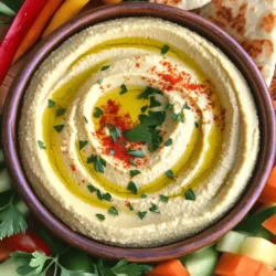 - 1 can (15 oz) chickpeas, thoroughly drained and rinsed - 1/4 cup smooth tahini - 2 tablespoons extra virgin olive oil - 1 clove garlic, finely minced - 2 tablespoons freshly squeezed lemon juice - 1/2 teaspoon ground cumin - Sea salt, to taste - 3 tablespoons cold water, adjusted as needed - Paprika, for garnish - Fresh parsley, finely chopped Using fresh and high-quality ingredients makes a big difference in taste. The chickpeas provide a creamy base, while tahini adds richness. Olive oil brings a nice flavor, and garlic gives it a kick. Lemon juice brightens up the dish, and cumin adds warmth. You can adjust the salt to fit your taste. When you prepare your ingredients, take a moment to enjoy their colors and smells. Each item has a role, and together, they create a delicious hummus. This is a great recipe to share with friends or family. You can also make a big batch and enjoy it all week long. Check out the Full Recipe to guide you through the steps and make this classic dish shine! - First, drain and rinse the chickpeas. This step helps remove the canning liquid. - Next, measure out the tahini, olive oil, garlic, lemon juice, ground cumin, and salt. Having everything ready makes cooking easy. - Combine all the ingredients in a food processor. This includes the chickpeas, tahini, garlic, olive oil, lemon juice, cumin, and salt. - Process the mix until it is smooth and creamy. You may need to stop and scrape down the sides to ensure everything blends well. - Add cold water gradually, one tablespoon at a time. This helps reach the perfect creamy texture. - Taste your hummus and adjust the seasoning to your liking. You can add more salt, lemon juice, or garlic if needed. Enjoy this simple and delicious dish by following these steps! For the complete recipe, check out the Full Recipe. To get your hummus just right, focus on the texture first. A smooth and creamy hummus is key. If your hummus seems thick, try adding a bit more cold water. Add it one tablespoon at a time. Blend well after each addition. This step helps make it lusciously creamy. Next, you want to balance the flavors. If your hummus tastes bland, add more lemon juice or garlic. A little sea salt can make all the difference. Taste as you go. Adjust until it feels just right. When it comes to serving, think about what pairs well with hummus. Warm pita bread is a classic choice. You can also use fresh vegetables like carrots and cucumbers. They add a nice crunch. For a beautiful presentation, create a mezze platter. Place your hummus in the center. Surround it with pita, veggies, olives, and cheese. This not only looks great but makes sharing easy. Check out the Full Recipe for detailed steps on making this classic dish. {{image_4}} You can make hummus even better with simple tweaks. Adding roasted garlic gives a sweet and rich flavor. Just roast a few cloves until soft, then blend them into your mix. Fresh herbs like basil or cilantro can also add a new twist. They add freshness and depth to the taste. Spices can transform your hummus too! Smoked paprika brings a warm, smoky flavor. Just a pinch can go a long way. You might also try cumin for an earthy note or red pepper flakes for some heat. Each of these options can make your dish stand out even more. Hummus is great for many diets. It is already vegan, so it fits perfectly for plant-based eaters. If you have gluten-free needs, you’re in luck! Hummus is naturally gluten-free and pairs well with fresh veggies or gluten-free crackers. For those with nut allergies, fear not! You can easily enjoy hummus without nuts. Just skip any nut-based additions like certain oils or toppings. Instead, focus on the classic flavors of chickpeas and tahini. You can still create a creamy, delicious dish that everyone can enjoy. Feel free to explore these variations to make your hummus unique. Check the Full Recipe for more ideas! To keep your hummus fresh, store it in an airtight container. This method prevents air from spoiling the taste. Place a thin layer of olive oil on top before sealing. This helps to lock in moisture and flavor. For longer storage, consider freezing your hummus. Divide it into smaller portions. Use freezer-safe containers or bags. This way, you can thaw only what you need. In the fridge, homemade hummus lasts about five to seven days. Check for any off smells or changes in texture before using. You can get creative with leftover hummus. Use it as a spread on sandwiches or wraps. Mix it into pasta for a creamy sauce. You can even add it to soups for extra flavor and creaminess. Explore these options to make the most of your delicious hummus! What can I use instead of tahini? If you don’t have tahini, try using peanut butter or sunflower seed butter. Both options give a nutty flavor. You can also skip it and add more olive oil for creaminess. How can I make hummus spicier? To add heat, mix in chopped jalapeños or crushed red pepper flakes. You can also add spicy paprika for a nice kick. Adjust the amount to your taste. Can I use dried chickpeas instead of canned? Yes, you can use dried chickpeas. Soak them overnight, then boil until soft. This gives a great texture, but it takes more time than using canned chickpeas. What are the best oils for hummus? Extra virgin olive oil is the best choice for hummus. It adds flavor and richness. You can also try avocado oil for a different taste and healthy fats. What are the health benefits of hummus? Hummus is high in protein and fiber. It supports digestion and keeps you full longer. It also contains healthy fats from olive oil and tahini, which are good for your heart. How many calories are in classic hummus? A serving of classic hummus, about two tablespoons, has around 70 calories. This can vary based on added ingredients. Enjoy it as a healthy snack or with meals. This blog post covered how to make delicious hummus from scratch. We explored the key ingredients, detailed step-by-step instructions, and shared tips for perfecting texture and flavor. You learned about dietary variations and proper storage. Enjoying homemade hummus adds flavor and nutrition to your meals. Experiment with spices and serve it with fresh veggies or pita. With the right techniques, your hummus will impress every time. Keep it fresh and share it with others!
