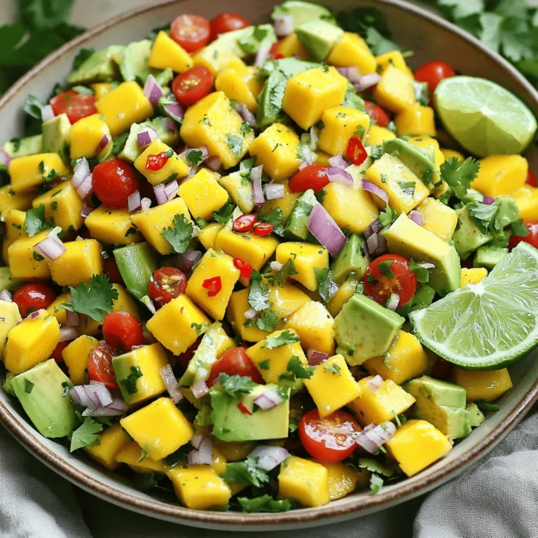 - 1 ripe mango, diced into bite-sized pieces - 2 ripe avocados, diced evenly - 1 cup cherry tomatoes, sliced in half - 1/2 medium red onion, finely chopped - 1 red chili, deseeded and minced - 2 tablespoons fresh lime juice - 1 tablespoon extra virgin olive oil - Sea salt and freshly cracked black pepper to taste - 1/4 cup fresh cilantro, roughly chopped When preparing the Mango Avocado Salad, fresh produce is key. Choose a ripe mango that feels slightly soft when you press it. This ensures a sweet, juicy bite. Avocados should also be ripe, giving a gentle squeeze to check. You want them creamy yet firm. For the cherry tomatoes, look for vibrant red ones. They add color and sweetness. The red onion gives a sharp taste, so chop it finely for balance. If you want more heat, the red chili is perfect. Just remove the seeds to control the spice level. For the dressing, fresh lime juice brightens the flavors. Extra virgin olive oil adds richness. Use sea salt and freshly cracked black pepper to enhance taste. Finally, cilantro brings a fresh aroma. This mix of flavors creates a delicious salad that you can make quickly. For the full recipe, check out the Mango Avocado Fiesta Salad 🥭🥑. - Combine diced mango and avocados in a large mixing bowl. - Add halved cherry tomatoes and chopped red onion. First, take your ripe mango and avocado. Cut them into bite-sized pieces. Use a sharp knife to avoid any mess. Put them in a large bowl. You want the mango and avocado to mix well. Be gentle to keep the avocado from mashing. Next, slice the cherry tomatoes in half. Toss them into the bowl. Now, chop the red onion finely. This adds a nice crunch and flavor. Mix all these ingredients gently. - Incorporate minced red chili according to spice preference. - Whisk together lime juice and olive oil for dressing. Now, let's spice things up! Take the red chili and mince it. Add it to your bowl based on how spicy you like it. If you prefer a milder salad, start with a little. You can always add more later. In a small bowl, whisk the lime juice and olive oil. This dressing brings a zesty kick. Mix it until it’s well blended. - Drizzle dressing over salad and toss gently. - Season with salt, pepper, and fold in cilantro. Next, drizzle the lime dressing over your salad. Make sure to cover all the ingredients. Take a large spoon and toss everything gently. You want to coat the mango and avocado without squishing them. Now, season the salad with sea salt and freshly cracked black pepper. Finally, fold in the chopped cilantro. This adds a fresh aroma and flavor. Serve your salad right away for the best taste. For the full recipe, check out the details above. How do I select ripe mangoes and avocados? Look for mangoes that feel slightly soft when you press them. Their skin may be green or yellow, but color varies. For avocados, press gently; they should give a little. If they feel hard, they need more time. What fresh herbs and vegetables should I use? Choose vibrant herbs like cilantro for freshness. Always pick vegetables that are firm and colorful. Cherry tomatoes should be bright red and juicy. Avoid any with bruises or spots. How can I present the salad for a great look? Use a large, shallow bowl to show off the colors. You can also serve individual portions in small bowls. A sprig of cilantro or a lime wedge on the side adds a nice touch. What temperature do I prefer for serving the salad? I love this salad fresh from the bowl. If you like it cooler, chill it in the fridge for 15 minutes. This keeps the flavors crisp and bright. How can I customize spice levels? Start with a small amount of chopped red chili. You can always add more if you like heat. If you want less spice, leave it out entirely. What additional toppings or mix-ins do you suggest? Try adding nuts for crunch or crumbled cheese for creaminess. You could mix in diced cucumber or bell peppers for extra flavors and textures. For the full recipe, check out the Mango Avocado Fiesta Salad. {{image_4}} You can make your Mango Avocado Salad even better by adding protein. Grilled chicken or shrimp works well. These choices give the salad a heartier feel. If you want more crunch, try adding cucumber or bell peppers. Both add fresh flavors and colors. The dressing can change the whole vibe of your salad. A simple vinaigrette made with balsamic or red wine vinegar is great. If you prefer creamy dressings, you can mix yogurt with lime juice. This keeps the salad light and tasty. For those on vegan diets, swap yogurt for a plant-based option. This way, everyone can enjoy the salad. Want to take your salad on a world tour? You can explore flavors from different cuisines. Add mango salsa for a Mexican kick. Or sprinkle some sesame seeds for an Asian twist. Try using spices like cumin or coriander to change things up. These seasonings can turn your simple salad into a gourmet dish. For the full recipe, check out the Mango Avocado Fiesta Salad! To keep your Mango Avocado Salad fresh, store it in an airtight container. This helps prevent air from making it soggy. The salad stays fresh in the fridge for up to two days. However, the avocado may brown a bit. To slow this, add a splash of lime juice on top before sealing. If you want to make this salad ahead, prep the ingredients separately. Dice the mango and avocado, slice the tomatoes, and chop the onion. Keep each in its own container. Mix them right before serving. This keeps the avocado from getting mushy. Mango Avocado Salad is not ideal for freezing. Freezing can change the texture of the avocado. However, you can freeze the mango and onion separately. When you are ready, thaw them in the fridge overnight. Add fresh avocado and other ingredients when you serve. This way, you have a fresh taste even when using frozen fruit. For the full recipe, visit the recipe link. You can include several tasty options for crunch. Here are some ideas: - Nuts: Try sliced almonds or chopped walnuts. They add a nice texture. - Seeds: Sunflower seeds or pumpkin seeds work great. They are also healthy. - Crispy vegetables: Add thinly sliced radishes or jicama for a fresh bite. These additions make your salad even more delightful. You can mix and match based on your taste! Yes, this salad is very healthy! Mangoes and avocados offer great benefits: - Mangoes: They are rich in vitamins A and C. This helps your skin and boosts your immune system. - Avocados: They provide healthy fats, which are good for your heart. They also help you feel full longer. Eating this salad supports your health while tasting great! Yes, you can make this salad ahead of time! Here are some tips to keep it fresh: - Store the salad: Keep it in an airtight container in the fridge. This helps prevent browning. - Add dressing later: Keep the dressing separate until you are ready to eat. This keeps the salad crisp. By following these tips, you can enjoy this salad even on busy days! Dressing the salad properly makes a big difference. Here’s what to do: - Dress just before serving: This helps keep the ingredients fresh and crisp. - Mix well: Drizzle the dressing over the salad and toss gently. This ensures every bite is flavorful. Timing is key for the best taste! For the full recipe, check out the [Full Recipe]. This Mango Avocado Salad is fresh, colorful, and easy to make. We explored the best ingredients, dressings, and tips to elevate your salad. With flavors from lime juice and fresh cilantro, it stands out. You can even customize it with proteins or different veggies. Remember, this salad is not just tasty; it’s also healthy. Storing leftovers properly keeps them fresh for later. Now you have all you need to create a stunning dish. Enjoy making your salad your own, and let every bite be a burst of flavor!