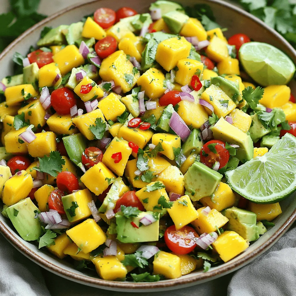 - 1 ripe mango, diced into bite-sized pieces - 2 ripe avocados, diced evenly - 1 cup cherry tomatoes, sliced in half - 1/2 medium red onion, finely chopped - 1 red chili, deseeded and minced - 2 tablespoons fresh lime juice - 1 tablespoon extra virgin olive oil - Sea salt and freshly cracked black pepper to taste - 1/4 cup fresh cilantro, roughly chopped When preparing the Mango Avocado Salad, fresh produce is key. Choose a ripe mango that feels slightly soft when you press it. This ensures a sweet, juicy bite. Avocados should also be ripe, giving a gentle squeeze to check. You want them creamy yet firm. For the cherry tomatoes, look for vibrant red ones. They add color and sweetness. The red onion gives a sharp taste, so chop it finely for balance. If you want more heat, the red chili is perfect. Just remove the seeds to control the spice level. For the dressing, fresh lime juice brightens the flavors. Extra virgin olive oil adds richness. Use sea salt and freshly cracked black pepper to enhance taste. Finally, cilantro brings a fresh aroma. This mix of flavors creates a delicious salad that you can make quickly. For the full recipe, check out the Mango Avocado Fiesta Salad 🥭🥑. - Combine diced mango and avocados in a large mixing bowl. - Add halved cherry tomatoes and chopped red onion. First, take your ripe mango and avocado. Cut them into bite-sized pieces. Use a sharp knife to avoid any mess. Put them in a large bowl. You want the mango and avocado to mix well. Be gentle to keep the avocado from mashing. Next, slice the cherry tomatoes in half. Toss them into the bowl. Now, chop the red onion finely. This adds a nice crunch and flavor. Mix all these ingredients gently. - Incorporate minced red chili according to spice preference. - Whisk together lime juice and olive oil for dressing. Now, let's spice things up! Take the red chili and mince it. Add it to your bowl based on how spicy you like it. If you prefer a milder salad, start with a little. You can always add more later. In a small bowl, whisk the lime juice and olive oil. This dressing brings a zesty kick. Mix it until it’s well blended. - Drizzle dressing over salad and toss gently. - Season with salt, pepper, and fold in cilantro. Next, drizzle the lime dressing over your salad. Make sure to cover all the ingredients. Take a large spoon and toss everything gently. You want to coat the mango and avocado without squishing them. Now, season the salad with sea salt and freshly cracked black pepper. Finally, fold in the chopped cilantro. This adds a fresh aroma and flavor. Serve your salad right away for the best taste. For the full recipe, check out the details above. How do I select ripe mangoes and avocados? Look for mangoes that feel slightly soft when you press them. Their skin may be green or yellow, but color varies. For avocados, press gently; they should give a little. If they feel hard, they need more time. What fresh herbs and vegetables should I use? Choose vibrant herbs like cilantro for freshness. Always pick vegetables that are firm and colorful. Cherry tomatoes should be bright red and juicy. Avoid any with bruises or spots. How can I present the salad for a great look? Use a large, shallow bowl to show off the colors. You can also serve individual portions in small bowls. A sprig of cilantro or a lime wedge on the side adds a nice touch. What temperature do I prefer for serving the salad? I love this salad fresh from the bowl. If you like it cooler, chill it in the fridge for 15 minutes. This keeps the flavors crisp and bright. How can I customize spice levels? Start with a small amount of chopped red chili. You can always add more if you like heat. If you want less spice, leave it out entirely. What additional toppings or mix-ins do you suggest? Try adding nuts for crunch or crumbled cheese for creaminess. You could mix in diced cucumber or bell peppers for extra flavors and textures. For the full recipe, check out the Mango Avocado Fiesta Salad. {{image_4}} You can make your Mango Avocado Salad even better by adding protein. Grilled chicken or shrimp works well. These choices give the salad a heartier feel. If you want more crunch, try adding cucumber or bell peppers. Both add fresh flavors and colors. The dressing can change the whole vibe of your salad. A simple vinaigrette made with balsamic or red wine vinegar is great. If you prefer creamy dressings, you can mix yogurt with lime juice. This keeps the salad light and tasty. For those on vegan diets, swap yogurt for a plant-based option. This way, everyone can enjoy the salad. Want to take your salad on a world tour? You can explore flavors from different cuisines. Add mango salsa for a Mexican kick. Or sprinkle some sesame seeds for an Asian twist. Try using spices like cumin or coriander to change things up. These seasonings can turn your simple salad into a gourmet dish. For the full recipe, check out the Mango Avocado Fiesta Salad! To keep your Mango Avocado Salad fresh, store it in an airtight container. This helps prevent air from making it soggy. The salad stays fresh in the fridge for up to two days. However, the avocado may brown a bit. To slow this, add a splash of lime juice on top before sealing. If you want to make this salad ahead, prep the ingredients separately. Dice the mango and avocado, slice the tomatoes, and chop the onion. Keep each in its own container. Mix them right before serving. This keeps the avocado from getting mushy. Mango Avocado Salad is not ideal for freezing. Freezing can change the texture of the avocado. However, you can freeze the mango and onion separately. When you are ready, thaw them in the fridge overnight. Add fresh avocado and other ingredients when you serve. This way, you have a fresh taste even when using frozen fruit. For the full recipe, visit the recipe link. You can include several tasty options for crunch. Here are some ideas: - Nuts: Try sliced almonds or chopped walnuts. They add a nice texture. - Seeds: Sunflower seeds or pumpkin seeds work great. They are also healthy. - Crispy vegetables: Add thinly sliced radishes or jicama for a fresh bite. These additions make your salad even more delightful. You can mix and match based on your taste! Yes, this salad is very healthy! Mangoes and avocados offer great benefits: - Mangoes: They are rich in vitamins A and C. This helps your skin and boosts your immune system. - Avocados: They provide healthy fats, which are good for your heart. They also help you feel full longer. Eating this salad supports your health while tasting great! Yes, you can make this salad ahead of time! Here are some tips to keep it fresh: - Store the salad: Keep it in an airtight container in the fridge. This helps prevent browning. - Add dressing later: Keep the dressing separate until you are ready to eat. This keeps the salad crisp. By following these tips, you can enjoy this salad even on busy days! Dressing the salad properly makes a big difference. Here’s what to do: - Dress just before serving: This helps keep the ingredients fresh and crisp. - Mix well: Drizzle the dressing over the salad and toss gently. This ensures every bite is flavorful. Timing is key for the best taste! For the full recipe, check out the [Full Recipe]. This Mango Avocado Salad is fresh, colorful, and easy to make. We explored the best ingredients, dressings, and tips to elevate your salad. With flavors from lime juice and fresh cilantro, it stands out. You can even customize it with proteins or different veggies. Remember, this salad is not just tasty; it’s also healthy. Storing leftovers properly keeps them fresh for later. Now you have all you need to create a stunning dish. Enjoy making your salad your own, and let every bite be a burst of flavor!