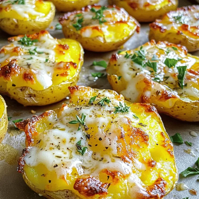 - Baby potatoes - Garlic - Parmesan cheese - Butter - Olive oil - Dried thyme - Salt and pepper - Fresh parsley When I cook Garlic Parm Smashed Potatoes, I love using baby potatoes. Their small size makes them perfect for smashing. You’ll also need fresh garlic for that bold flavor, and Parmesan cheese to add a savory touch. Butter and olive oil create a rich base. Dried thyme adds an herbal note. Don’t forget salt and pepper to enhance the taste. Finally, fresh parsley gives a pop of color and freshness. - Alternatives for Parmesan - Using different types of potatoes - Dairy-free options You can easily swap the Parmesan cheese with Pecorino Romano for a sharper taste. If you want to try different potatoes, Yukon Gold or red potatoes work great too. For a dairy-free version, use vegan butter and nutritional yeast instead of cheese. These swaps keep the flavor while catering to different diets. If you want the full details, check out the Full Recipe for more tips and steps! Boiling the baby potatoes To start, grab a large pot and place your baby potatoes inside. Cover them completely with cold water and add a good pinch of salt. This helps bring out their flavor. Turn on the heat and bring the water to a boil. Once it's boiling, lower the heat to a simmer. Cook for about 15 to 20 minutes. You want them tender enough to pierce easily with a fork. Cooling and drying the potatoes After boiling, carefully drain the potatoes in a colander. Let them cool for about 5 to 10 minutes. This cooling time makes them easier to handle. Preheating the oven While the potatoes cool, preheat your oven to 425°F (220°C). A hot oven is key for crispy potatoes. Lining a baking sheet Next, take a large baking sheet and line it with parchment paper. This helps prevent sticking and makes cleanup much simpler. How to smash the potatoes When the potatoes are cool enough to touch, grab a sturdy glass or potato masher. Press down gently on each potato. You want to flatten them to about 1/2 inch thick. Make sure they stay in one piece. Ensuring the right thickness The right thickness is important for even cooking. If they are too thick, they won't cook through properly. If they are too thin, they may fall apart. Mixing melted butter, oil, and garlic In a small bowl, mix together melted butter, olive oil, minced garlic, and dried thyme. Add a dash of salt and pepper. Whisk it all together until it’s well combined. This mixture adds great flavor. Drizzling and sprinkling the mixture Arrange the smashed potatoes on your lined baking sheet. Drizzle the garlic butter mixture generously over each potato. Make sure every potato gets a good coating. Then, sprinkle a nice amount of grated Parmesan cheese on top. This gives them a rich flavor. Baking time and checking for doneness Now, place the baking sheet in your preheated oven. Bake for 20 to 25 minutes. Keep an eye on them until the cheese turns crispy and golden brown. You’ll know they are done when they look delicious and inviting. For the full recipe, check out the details above. - Overcooking the potatoes: Cook baby potatoes just until fork-tender. Overcooking makes them mushy. Aim for 15-20 minutes of boiling. - Not properly smashing the potatoes: Smash them gently to keep their shape. Use a sturdy glass or potato masher. Flatten each potato to about 1/2 inch thick. - Adding herbs and spices: Experiment with fresh herbs like rosemary or chives. A pinch of smoked paprika can add depth. - Perfecting the garlic flavor: Use fresh minced garlic for a bold taste. For a milder flavor, roast the garlic before mixing it with butter. - Pairing with main dishes: These smashed potatoes go well with grilled chicken or steak. They also complement baked fish nicely. - Best side dishes to complement: Serve with a fresh salad or steamed vegetables. A tangy coleslaw adds a crunchy contrast to the creamy potatoes. For the full recipe, check out Garlic Parmesan Smashed Potatoes! {{image_4}} You can mix it up with different cheeses. Cheddar brings a sharp taste. It pairs well with the garlic. Feta adds a creamy and tangy kick. It can make your dish more exciting. If you're vegan, there are great cheese alternatives. Look for vegan Parmesan or cashew cheese. They can add flavor without dairy. Want to amp up the flavor? Try adding bacon bits. They add a nice crunch and smokiness. You can also spice it up with chili flakes. This option gives your potatoes a kick. Adjust the amount to match your taste. More heat means more fun! You can use an air fryer for a quicker option. Air frying keeps them crispy and golden. If you prefer the stovetop, that's great too. You can boil the potatoes, then smash them. Both methods yield tasty results. No matter how you cook, the flavor stays amazing. For the full recipe, check the details above. To keep your Garlic Parm smashed potatoes fresh, you need to store them well. First, let the potatoes cool completely. Then, use an airtight container. This helps them last longer in the fridge. When stored this way, they stay good for about three to four days. If you want to enjoy them later, try to keep the cheese on top separate. It helps maintain the taste and texture. When it's time to eat your leftovers, you have a choice: the oven or the microwave. I prefer the oven for reheating. It keeps the potatoes crispy. Preheat the oven to 350°F (175°C). Place the potatoes on a baking sheet and heat for about 10-15 minutes. If you use a microwave, the potatoes may lose some crispiness. Heat them in short bursts, about 30 seconds at a time. Check often until they're warm. Freezing is a great option if you want to save your smashed potatoes for later. To freeze them, arrange the cooled potatoes in a single layer on a baking sheet. This way, they won't stick together. Freeze them for about an hour, then transfer them to an airtight container or freezer bag. They can last up to three months. When you're ready to enjoy, thaw them overnight in the fridge. Reheat them in the oven for the best results. Making Garlic Parm Smashed Potatoes is quick and easy. You will need about 10 minutes to prep. Cooking the potatoes takes around 15 to 20 minutes. After that, baking them in the oven takes another 20 to 25 minutes. Altogether, you can expect to spend about 50 minutes on this dish. Yes, you can prepare these smashed potatoes ahead of time. Cook the potatoes and smash them, then store them in the fridge. You can keep them for up to two days before baking. When you're ready to eat, just drizzle the garlic sauce, top with cheese, and bake. This method saves you time and keeps dinner stress-free. Garlic Parm Smashed Potatoes go well with many meals. You can serve them with roasted chicken or grilled steak. They also pair nicely with baked salmon or a fresh salad. Add some steamed veggies for a balanced meal. This dish complements almost any main course beautifully. Yes, Garlic Parm Smashed Potatoes are gluten-free. The main ingredients, like potatoes and cheese, do not contain gluten. Just be sure to check if the Parmesan cheese is gluten-free, as some brands may add fillers. This dish is great for those who avoid gluten in their diet. Garlic Parm Smashed Potatoes are easy to make and delicious. We covered the key ingredients like baby potatoes, garlic, and Parmesan cheese. I shared tips for smashing and baking, as well as common mistakes to avoid. You can customize with cheese or spices and even find storage tips for leftovers. Enjoy these potatoes as a side or main dish. With simple steps and great flavor, they will delight everyone at your table. Ready to try making them?