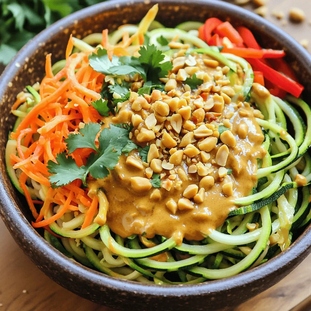 For a tasty Zucchini Noodle Pad Thai, you need the right ingredients. Here’s what you’ll use: - 4 medium zucchinis, spiralized into noodles - 1 cup fresh bean sprouts - 1 cup shredded carrots - 1 red bell pepper, thinly sliced into strips - 3 green onions, chopped finely - 2 cloves garlic, minced - 1 tablespoon fresh ginger, grated - 3 tablespoons creamy peanut butter (or almond butter for a nuttier flavor) - 2 tablespoons soy sauce (or tamari for a gluten-free option) - 2 tablespoons fresh lime juice - 1 tablespoon fragrant sesame oil - 1 teaspoon chili paste (adjust according to your spice preference) - 1/4 cup roasted peanuts, roughly chopped for garnish - Fresh cilantro leaves for garnish These ingredients create a bright and fresh dish. The zucchini noodles replace traditional rice noodles, making it light and healthy. The crunchy veggies add color and texture. The peanut butter and soy sauce blend for a creamy, savory sauce. Each bite bursts with flavor, and the garnishes take it to the next level. You can check out the Full Recipe for detailed steps and tips! Spiralizing the zucchinis First, grab your spiralizer or a vegetable peeler. Take the zucchinis and turn them into noodle-like strands. This step is fun and easy. Place the spiralized zucchini in a bowl and set it aside for later. Sautéing the aromatics and vegetables Next, heat your skillet or wok over medium-high heat. Add the sesame oil. Once it's hot, toss in the minced garlic and grated ginger. Sauté these for about 30 seconds. You want to smell those wonderful aromas! Then, add the sliced red bell pepper and shredded carrots. Cook them for 2-3 minutes. They should soften but still have a nice crunch. Combining with sauce and serving Now it’s time for the star of the show: the zucchini noodles. Gently add them to the skillet. Cook for another 2-3 minutes, stirring gently. You want to keep them firm. In a separate bowl, whisk together the peanut butter, soy sauce, lime juice, and chili paste. Pour this sauce over the veggies and noodles in the skillet. Stir well to coat everything evenly. Finally, add the fresh bean sprouts and chopped green onions. Toss everything together until heated through. Serve your dish hot, topped with chopped roasted peanuts and fresh cilantro leaves. For the full recipe, check out the complete details above. Enjoy your colorful and tasty Zucchini Noodle Pad Thai! Maintaining the texture of zucchini noodles To keep zucchini noodles firm, avoid cooking them too long. Sauté them just until they warm. This keeps them crunchy and tasty. If you want more texture, you can briefly salt the noodles before cooking. This draws out some moisture. Adjusting spice levels If you love spice, add more chili paste. Start with one teaspoon, and taste as you go. You can always add more but can’t take it out once mixed. For a milder dish, reduce the chili paste. You can also use sweet chili sauce for a sweet twist. Importance of fresh ingredients Using fresh veggies makes a big difference. Crisp bell peppers and vibrant green onions boost flavor and color. Fresh lime juice adds brightness, while garlic and ginger give depth. Always choose the best ingredients you can find. This will lift your dish and impress your guests. For the full recipe, check out the Zucchini Noodle Pad Thai 🥒 section. {{image_4}} You can easily change this Zucchini Noodle Pad Thai to fit your diet. - Vegan substitutions: To make this dish vegan, use plant-based peanut butter and tamari. This keeps the creamy texture and flavor without animal products. - Gluten-free options: If you need gluten-free, swap soy sauce for tamari. It tastes great and keeps your dish safe for those with gluten issues. - Adding protein sources: If you want more protein, add tofu, chickpeas, or cooked chicken. Tofu is a great vegan option. Just sauté it until golden brown before mixing it with the other veggies. These adaptations make this dish flexible. You can enjoy it no matter your dietary needs. For the full recipe, check the Zucchini Noodle Pad Thai 🥒 section. To keep your Zucchini Noodle Pad Thai fresh, store leftovers in an airtight container. Place the container in the fridge. This dish stays good for 2-3 days if stored properly. When you're ready to eat, reheating is key. Use a skillet over low heat. Add a splash of water to help steam the noodles. This method keeps them from turning mushy. Stir gently as they warm up to maintain their texture. If you have extra sauce, heat it up separately. This way, you can add it for extra flavor when serving. Enjoy your delicious leftovers just like the first time! Can I make this dish ahead of time? Yes, you can prepare some parts in advance. Spiralize the zucchinis and chop the veggies ahead of time. Store them in the fridge. This makes cooking quick and easy. However, I suggest making the sauce fresh for the best flavor. How do I store zucchini noodles? Store zucchini noodles in an airtight container. Place a paper towel in the container to absorb excess moisture. This keeps them fresh for about 2-3 days. Avoid freezing them, as it changes the texture. What can I use instead of peanut butter? If you need a swap, try almond butter. It adds a nice nutty taste. Sunflower seed butter also works well for a nut-free option. Each choice gives a unique flavor, so feel free to experiment. - Full Recipe Reference: Zucchini Noodle Pad Thai 🥒 In this blog post, we explored how to create a tasty Zucchini Noodle Pad Thai. We covered the main ingredients, including the fresh veggies and sauces. The step-by-step guide made cooking easy. Tips helped maintain the perfect texture. We discussed dietary options for everyone, plus ways to store and reheat leftovers. Overall, making this dish is simple and fun. With these ideas, you can enjoy a healthy twist on a classic favorite. Dive into your kitchen and give it a try!