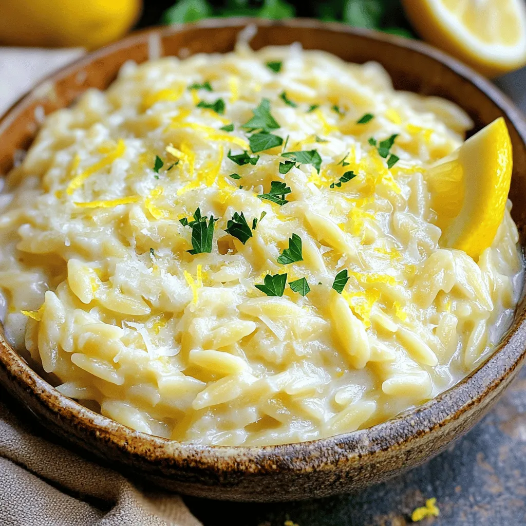 To make Lemon Parmesan Orzo, you need the following ingredients: - 1 cup orzo pasta - 2 tablespoons extra virgin olive oil - 2 cloves garlic, finely minced - Zest of 1 medium lemon - 1/4 cup freshly squeezed lemon juice - 1 cup vegetable broth - 1/2 cup freshly grated Parmesan cheese - 1/4 cup heavy cream (or substitute with a dairy-free cream) - Salt and freshly cracked black pepper to taste - 1/4 cup fresh parsley, finely chopped, for garnish This simple list packs a lot of flavor. Each ingredient plays a role in the dish, making it both creamy and zesty. You can easily modify this recipe to fit your needs. If you want a dairy-free option, use a nut-based cream instead of heavy cream. For a lighter twist, try using low-fat milk or a plant-based milk. If you don’t have orzo, you can swap in any small pasta like ditalini or couscous. Just cook it according to the package instructions. Using fresh ingredients makes a huge difference. Fresh lemons give the dish a bright taste that dried lemon cannot match. Fresh garlic adds a unique zing that enhances every bite. Choosing high-quality Parmesan cheese elevates the creaminess. Always opt for freshly grated cheese if you can. It melts better and blends well into the orzo, creating that perfect creamy texture. These fresh choices not only boost flavor but also make your meal feel special. Enjoy the process of picking the best ingredients to create your Lemon Parmesan Orzo! To start, gather all your ingredients. Having everything ready makes cooking smooth. First, bring 2 cups of salted water to a rolling boil in a medium-sized saucepan. Add 1 cup of orzo pasta. Cook for about 8 to 10 minutes. You want it to be al dente, not too soft. Once done, drain the orzo in a colander and set it aside. In the same saucepan, lower the heat to medium. Pour in 2 tablespoons of extra virgin olive oil. When it's hot, add 2 cloves of minced garlic. Sauté the garlic for about 1 minute. You want it fragrant but not brown. Next, stir in the zest of 1 lemon and 1/4 cup of lemon juice. Let these mix for about a minute. Now, add 1 cup of vegetable broth and bring it to a gentle simmer. This should take about 2 to 3 minutes. It helps to enhance the flavor. Then, reduce the heat to low and add the drained orzo. Mix in 1/2 cup of grated Parmesan cheese and 1/4 cup of heavy cream. Stir well until the cheese melts and coats the pasta. To get the best texture, keep stirring gently. This helps the cheese blend smoothly. Taste your dish before serving. Add salt and freshly cracked black pepper as needed. This step balances the flavors. Last, fold in 1/4 cup of finely chopped parsley. It adds color and freshness. For serving, use shallow bowls. You can sprinkle extra Parmesan on top and add a lemon wedge on the side. This makes the dish look and taste even better. Enjoy your Lemon Parmesan Orzo! For the complete recipe, check [Full Recipe]. To get the best taste from your Lemon Parmesan Orzo, focus on seasoning. Start with good salt to enhance the flavor. I recommend using freshly cracked black pepper for a kick. Adding lemon zest early helps create a bright taste. Don't rush this step; let those flavors mingle. Taste as you go. Adjust the salt and pepper to fit your taste buds. Remember, a little bit of acidity from lemon juice brightens up the dish. Serving matters! I like using shallow bowls for a nice touch. This allows the orzo to shine. Pair it with grilled chicken or shrimp for protein. A side of steamed vegetables adds color and nutrition. You can also serve it with a crisp salad for a fresh crunch. This meal works great for lunch or dinner. It’s simple yet feels fancy. Garnish adds that final touch. I love using fresh parsley for a pop of green. A sprinkle of extra Parmesan cheese makes it look gourmet. For a fun twist, add lemon zest on top. This gives a nice visual and flavor boost. If you want extra zest, place a lemon wedge on the side. It looks good and invites people to squeeze more lemon. {{image_4}} You can make Lemon Parmesan Orzo even better by adding tasty extras. Try mixing in vegetables like spinach or peas. These add color and nutrition. You could also add some cherry tomatoes for a sweet burst. For protein, consider grilled chicken or shrimp. Both pair well with the creamy orzo. If you want a plant-based option, try chickpeas or tofu. They boost the meal's protein without meat. To change the flavor, think about adding herbs or spices. Fresh basil or thyme can brighten the dish. If you like some heat, a pinch of red pepper flakes works well. You can also try a dash of smoked paprika for a smoky taste. These small changes can make your orzo feel new and exciting. If you want a vegan version, swap out the cheese and cream. Use a tasty plant-based cheese and a dairy-free cream. For gluten-free orzo, look for brands made from rice or quinoa. They cook similarly to regular orzo and taste great too. These simple swaps keep the dish enjoyable for everyone. For the full recipe, refer to the section above. To keep your Lemon Parmesan Orzo fresh, place it in an airtight container. This helps lock in flavors and moisture. Make sure to cool the orzo to room temperature before sealing. Store it in the fridge for up to three days. If you want to keep it longer, freezing is a great option. When reheating, I suggest adding a splash of water or vegetable broth. This helps prevent the orzo from drying out. Heat it gently in a saucepan over low heat. Stir often to ensure even warming. You can also use a microwave. Heat in short bursts, stirring in between, until hot. If you want to freeze your Lemon Parmesan Orzo, let it cool completely first. Portion it into freezer-safe bags or containers. Try to remove as much air as possible. It can last up to three months in the freezer. When you're ready to eat, thaw it in the fridge overnight. Reheat as mentioned above for the best taste. You can pair Lemon Parmesan Orzo with many tasty dishes. Grilled chicken works well. It adds protein and flavor. Try it with roasted vegetables for a healthy side. A simple green salad also complements the dish. If you want more zest, serve it with lemon slices. For a special touch, add shrimp or salmon on top. Lemon Parmesan Orzo lasts about 3 to 5 days in the fridge. Store it in an airtight container. This keeps it fresh and tasty. Always check for signs of spoilage before eating. If it smells off or looks strange, throw it away. Yes, you can prepare Lemon Parmesan Orzo ahead of time. Cook the orzo and sauce, then combine them later. This makes it easy to serve when you need it. Just reheat the mixture in a pan. Add a splash of broth or cream to keep it creamy. You can find the complete recipe to help you get started! Lemon Parmesan Orzo is easy and tasty. I shared key ingredients and swaps for your needs. You learned step-by-step cooking instructions and tips for perfect texture. I also gave ideas to boost flavor and make it unique. Lastly, I covered storage tips and FAQs for your convenience. Enjoy creating your dish and exploring different variations. Cooking should be fun and simple, so get started today!