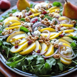 - 2 ripe pears, thinly sliced - 1 cup mixed salad greens (arugula, spinach, or your choice) - 1/2 cup walnuts, toasted - 1/2 cup feta cheese, crumbled - 1/4 red onion, thinly sliced - 1/4 cup dried cranberries - Dressing ingredients: 3 tablespoons extra virgin olive oil, 1 tablespoon balsamic vinegar, 1 tablespoon honey, salt and pepper to taste When I make this pear walnut salad with feta, I love the mix of flavors. Each ingredient adds something special. The ripe pears bring sweetness, while the walnuts add crunch. Feta cheese gives a creamy touch, balancing the dish perfectly. The salad greens offer freshness, making each bite delightful. I often choose arugula for a peppery kick, but spinach works well too. The red onion adds a sharp bite, and the dried cranberries bring a hint of tartness. Now, let’s talk about the dressing. It’s simple yet delicious. Extra virgin olive oil gives richness, while balsamic vinegar adds tang. Honey sweetens the mix, and a pinch of salt and pepper rounds it off. This blend of ingredients creates a salad that is not just tasty but also colorful. You can find the full recipe in the section below. Toasting walnuts adds great flavor and crunch. Start by grabbing a dry skillet. Turn the heat to medium. Add the walnuts to the skillet. Stir them often for about five minutes. You want them to turn a nice golden brown. The smell will be nutty and warm. Once they look perfect, take them off the heat. Set them aside to cool before adding to your salad. Now it’s time to make the salad. In a large mixing bowl, combine your ingredients. Add the mixed salad greens first. Then, toss in the thinly sliced pears. Don’t forget the toasted walnuts! Next, sprinkle in the crumbled feta cheese. Add the sliced red onion and dried cranberries too. Gently toss everything together. Be careful not to bruise the pears while mixing. You want all the flavors to blend well. Let’s move on to the dressing. Take a small bowl and add the extra virgin olive oil. Then, pour in the balsamic vinegar. Add the honey next for a touch of sweetness. Sprinkle in a pinch of salt and some pepper. Now, whisk these ingredients together. Make sure to taste the dressing. You can adjust the seasoning if needed. Once it’s just right, drizzle it over the salad. Use tongs to toss the salad gently. This helps coat all the ingredients evenly. For the best taste, serve the salad right away, or chill it for up to 20 minutes. Enjoy this vibrant and tasty dish! - Choosing the best pears and walnuts: For this salad, select ripe pears that yield slightly to gentle pressure. Varieties like Bartlett or Anjou work great. Choose fresh walnuts that are firm and have a rich, nutty smell. Toast them lightly in a skillet to enhance their flavor. - How to prevent browning of pears: To keep your pears looking fresh, use lemon juice. Squeeze a bit over the sliced pears before adding them to the salad. This keeps them from turning brown and adds a nice hint of flavor. - Presentation styles: family-style vs. individual plating: For a family-style presentation, serve the salad in a large bowl, allowing everyone to help themselves. For individual plating, arrange the salad in small bowls. Top each with extra feta and walnuts for a touch of elegance. - Enhancements: additional toppings for variety: Consider adding sliced apples or pomegranate seeds for extra color and taste. A sprinkle of chia seeds or sunflower seeds can add crunch and nutrition. - Best practices for keeping the salad fresh: To keep your salad fresh, store it in an airtight container in the fridge. Keep the dressing separate until you are ready to serve. This helps maintain the crispness of the greens and pears. - Duration for refrigerated storage: The salad stays fresh for up to two days in the fridge. However, it is best enjoyed within the first day for optimal flavor and texture. {{image_4}} You can try different ingredients to fit your needs. If you want a nut-free salad, skip the walnuts. You can use sunflower seeds instead. For vegan options, swap feta with a plant-based cheese. If you need gluten-free, check your dressing for gluten. You can use fresh herbs instead of dried cranberries for a fresh twist. Adding spices or herbs can change the taste of your salad. A pinch of cinnamon can add warmth, while fresh basil lends a sweet touch. If you like heat, a sprinkle of red pepper flakes works well. You can even try some lemon zest for a bright flavor. These small changes can make your salad shine in new ways. You can adjust your salad based on the season. In spring, add fresh strawberries for a sweet touch. In summer, try peaches or nectarines for juicy bites. Autumn calls for apples or pomegranate seeds, while winter can use citrus like oranges or grapefruits. These seasonal fruits keep your salad fresh and exciting. For the full recipe, check the earlier section for all the tasty details! To keep your salad fresh, follow these tips: - Add dressing just before serving. This helps the greens stay crisp. - Use a salad spinner. After washing the greens, remove excess water. - Serve in a chilled bowl. A cool bowl helps keep the salad fresh longer. - Layer ingredients wisely. Place heavier items like walnuts and feta on top. Yes, you can make this salad ahead of time, but with care. Here’s how: - Prepare ingredients early. Slice pears and chop greens a few hours before serving. - Store everything separately. Keep the dressing, nuts, and greens in separate containers. - Assemble right before serving. Mix everything together no more than 30 minutes prior. This salad pairs well with many dishes. Here are some ideas: - Grilled chicken or fish. The protein complements the salad's flavors. - Crusty bread. A nice bread can make a filling meal. - Soup. A light soup, like tomato or butternut squash, works great. - Cheese platter. Add some cheese for a fun snack or starter. For the full recipe, check out the complete instructions and ingredients for a delicious Pear Walnut Delight Salad. The Pear Walnut Delight Salad is a tasty mix of flavors and textures. This salad is easy to prepare and perfect for any meal. Here’s a quick look at what you need and how to make it. Ingredients: - 2 ripe pears, thinly sliced - 1 cup mixed salad greens (arugula, spinach, or your choice) - 1/2 cup walnuts, toasted - 1/2 cup feta cheese, crumbled - 1/4 red onion, thinly sliced - 1/4 cup dried cranberries - 3 tablespoons extra virgin olive oil - 1 tablespoon balsamic vinegar - 1 tablespoon honey - Salt and pepper, to taste Steps: 1. Start by toasting the walnuts in a dry skillet. Cook them on medium heat for about 5 minutes. Stir often until they turn golden brown and smell nutty. This step adds a great crunch. 2. Next, grab a large bowl. Mix the salad greens, sliced pears, toasted walnuts, crumbled feta, red onion, and cranberries. Toss gently to combine. Be careful not to crush the pears. 3. For the dressing, whisk olive oil, balsamic vinegar, honey, salt, and pepper in a small bowl. Adjust the taste as needed. You want a nice balance. 4. Drizzle the dressing over the salad and toss again. Make sure every bite gets some dressing. 5. Serve the salad right away for that fresh crunch. If you want deeper flavors, chill it for up to 20 minutes before serving. You can find the full recipe details and instructions included above. Enjoy making this fresh and flavorful dish! This blog post covered how to make a delicious Pear Walnut Delight Salad. You learned about the key ingredients and their nutritional value. I shared steps for preparing walnuts, assembling your salad, and making the dressing. Tips helped you choose quality ingredients and keep the salad fresh. I also offered variations to suit different tastes and answered common questions. Enjoy this fresh and tasty salad for your meals. It's easy to prepare and full of flavor. You’ll love how it looks and tastes!