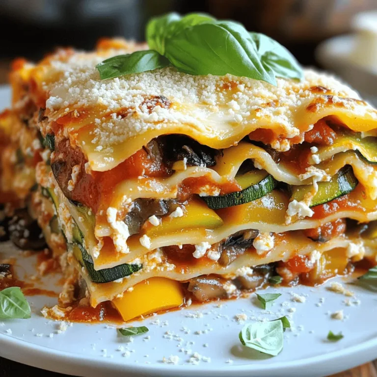 - Vegetable Medley: - Zucchini - Bell pepper - Mushrooms - Carrot - Red onion - Garlic - Cheeses: - Ricotta - Mozzarella - Parmesan - Noodles and Sauce: - Lasagna noodles - Marinara sauce - Seasonings and Oils: - Dried oregano - Dried basil - Olive oil - Salt - Pepper When I think about roasted vegetable lasagna, the first thing that comes to mind is the vibrant colors and rich flavors of the roasted veggies. You need a mix of fresh ingredients to make it truly tasty. For the vegetable medley, I love using zucchini, bell peppers, mushrooms, carrots, red onions, and garlic. These veggies bring both flavor and texture. Cheese plays a key role in this dish. I recommend creamy ricotta, melty mozzarella, and sharp Parmesan. Each cheese adds a unique taste and creaminess to the layers. Next, you’ll need lasagna noodles and marinara sauce. You can use store-bought or homemade marinara, depending on your time and preference. Don’t forget the seasonings! Dried oregano and dried basil elevate the dish with their herbaceous notes. A good drizzle of olive oil brings everything together, while salt and pepper enhance the flavors. With these ingredients, you can create a hearty and flavorful meal that everyone will love. For the complete recipe, check out the Full Recipe. 1. Preheat your oven to 425°F (220°C). This helps roast the veggies well. 2. On a large baking sheet, spread sliced zucchini, diced bell pepper, sliced mushrooms, grated carrot, chopped red onion, and minced garlic. 3. Drizzle the veggies with olive oil and season with salt and pepper. Toss them well to coat. 4. Roast the vegetable mix in the oven for 20-25 minutes. Stir halfway through for even cooking. The veggies should be tender and caramelized. 5. While the veggies roast, cook the lasagna noodles according to the package instructions. Drain them and drizzle lightly with olive oil to prevent sticking. 6. In a mixing bowl, combine ricotta cheese, dried oregano, dried basil, and a pinch of salt and pepper. Mix until smooth and creamy. 1. In a 9x13 inch baking dish, pour a thin layer of marinara sauce on the bottom. This keeps the noodles from sticking. 2. For the first layer, place 3 lasagna noodles over the sauce. Add half of the roasted veggies, then half of the ricotta mixture. Top with one-third of the mozzarella and a sprinkle of Parmesan. Drizzle some marinara sauce over the top. 3. Repeat the layering process with another 3 noodles. Add the remaining roasted veggies, the rest of the ricotta, another third of mozzarella, and a drizzle of marinara sauce. 4. Finish with the last 3 noodles on top. Cover them with the remaining marinara sauce and the last of the mozzarella cheese. 1. Cover the baking dish tightly with aluminum foil. Spray the foil with non-stick spray to help with easy release. 2. Bake the lasagna for 25 minutes. After this, carefully remove the foil. 3. Continue baking uncovered for an additional 15 minutes, until the top is golden brown and bubbling. 4. Once baked, take the lasagna out of the oven. Let it rest for about 10 minutes before slicing. This helps the layers set for easier serving. For the full recipe, refer to the main section of this article. - How to ensure noodles don't stick: After cooking your lasagna noodles, drain them well. Drizzle a little olive oil over them and gently toss. This keeps them from sticking together. - Best ways to roast vegetables for flavor: Cut your vegetables into even pieces for even cooking. Use high heat, around 425°F (220°C). Drizzle them with olive oil and season well with salt and pepper. Roast until they are golden and tender, about 20-25 minutes. - Achieving perfect cheese melt: Use a mix of cheeses for best results. Mozzarella is great for meltiness, while ricotta adds creaminess. Layer cheese between noodles and on top for a nice, gooey finish. - Garnishing suggestions: Fresh herbs like basil or parsley make a great garnish. Sprinkle them on top right before serving for a pop of color. You can also add a drizzle of olive oil to enhance the look. - Serving accompaniments: Serve your lasagna with a crisp side salad or warm garlic bread. These sides complement the rich flavors of the lasagna and create a hearty meal. For the full recipe and more details, check the [Full Recipe]. {{image_4}} You can swap many veggies in this roasted vegetable lasagna. If you want to change things up, try these options: - Spinach - Eggplant - Broccoli - Butternut squash You can also use seasonal vegetables. In the fall, try pumpkin or sweet potatoes. In spring, asparagus and peas add a fresh touch. This way, you can enjoy a new flavor each time you make it. To make this lasagna vegan, you can replace the cheeses. Use cashew cheese or tofu instead of ricotta. For mozzarella, try a plant-based version. These swaps keep the dish creamy and delicious. If you're looking for gluten-free options, use gluten-free lasagna noodles. Many brands offer tasty alternatives. You can also use thin slices of zucchini or eggplant instead of noodles. This keeps the dish hearty and satisfying without the gluten. For the full recipe, check out the details above. To keep your roasted vegetable lasagna fresh, store it in the fridge. Place the leftover lasagna in an airtight container. This helps it stay moist and tasty. You can refrigerate it for up to 5 days. If you need to save it longer, freezing is a great option. To freeze, cut the lasagna into portions. Wrap each piece tightly in plastic wrap. Then, place the wrapped pieces in a freezer bag. This way, you can enjoy it later without losing flavor. When you're ready to eat your lasagna, reheating it well is key. The best method is to use the oven. Preheat the oven to 350°F (175°C). Place the lasagna in an oven-safe dish. Cover it with foil to keep it from drying out. Heat for about 20-25 minutes or until it's hot throughout. If you only want a single portion, use the microwave. Place the slice on a microwave-safe plate. Cover it with a damp paper towel to avoid drying. Heat it for 1-2 minutes, checking often. This keeps the texture and flavor intact. Enjoy your delicious roasted vegetable lasagna! For the full recipe, see above. Yes, you can use store-bought marinara sauce. It saves time and adds flavor. Look for one with simple ingredients for the best taste. You can store roasted vegetable lasagna in the fridge for up to four days. Make sure it is in an airtight container to keep it fresh. If you need a substitute for ricotta cheese, try cottage cheese or mashed tofu. Both work well and give a similar texture. Absolutely! You can prepare the lasagna a day ahead. Just assemble it and cover it in the fridge. Bake it the next day when you're ready to eat. Let the lasagna cool for about ten minutes after baking. This helps the layers set, making it easier to slice and serve. This lasagna recipe combines tasty veggies, cheeses, and easy steps. From roasting to layering, each part is simple and fun. You can swap ingredients to fit your needs or store leftovers for later. Remember, cooking is all about finding your favorite flavors. Enjoy making this delicious veggie lasagna and share it with someone special. It's a great way to eat well and feel good. Happy cooking!