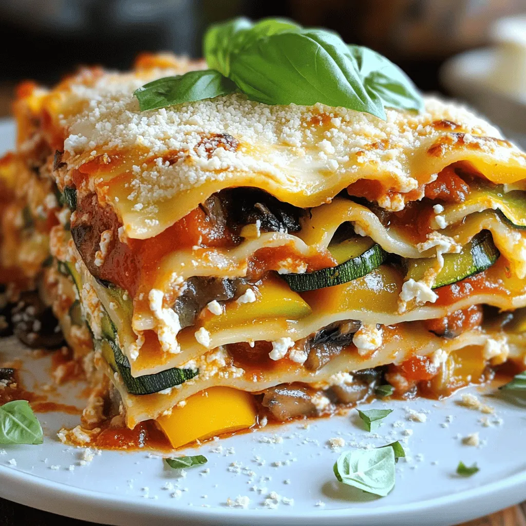 - Vegetable Medley: - Zucchini - Bell pepper - Mushrooms - Carrot - Red onion - Garlic - Cheeses: - Ricotta - Mozzarella - Parmesan - Noodles and Sauce: - Lasagna noodles - Marinara sauce - Seasonings and Oils: - Dried oregano - Dried basil - Olive oil - Salt - Pepper When I think about roasted vegetable lasagna, the first thing that comes to mind is the vibrant colors and rich flavors of the roasted veggies. You need a mix of fresh ingredients to make it truly tasty. For the vegetable medley, I love using zucchini, bell peppers, mushrooms, carrots, red onions, and garlic. These veggies bring both flavor and texture. Cheese plays a key role in this dish. I recommend creamy ricotta, melty mozzarella, and sharp Parmesan. Each cheese adds a unique taste and creaminess to the layers. Next, you’ll need lasagna noodles and marinara sauce. You can use store-bought or homemade marinara, depending on your time and preference. Don’t forget the seasonings! Dried oregano and dried basil elevate the dish with their herbaceous notes. A good drizzle of olive oil brings everything together, while salt and pepper enhance the flavors. With these ingredients, you can create a hearty and flavorful meal that everyone will love. For the complete recipe, check out the Full Recipe. 1. Preheat your oven to 425°F (220°C). This helps roast the veggies well. 2. On a large baking sheet, spread sliced zucchini, diced bell pepper, sliced mushrooms, grated carrot, chopped red onion, and minced garlic. 3. Drizzle the veggies with olive oil and season with salt and pepper. Toss them well to coat. 4. Roast the vegetable mix in the oven for 20-25 minutes. Stir halfway through for even cooking. The veggies should be tender and caramelized. 5. While the veggies roast, cook the lasagna noodles according to the package instructions. Drain them and drizzle lightly with olive oil to prevent sticking. 6. In a mixing bowl, combine ricotta cheese, dried oregano, dried basil, and a pinch of salt and pepper. Mix until smooth and creamy. 1. In a 9x13 inch baking dish, pour a thin layer of marinara sauce on the bottom. This keeps the noodles from sticking. 2. For the first layer, place 3 lasagna noodles over the sauce. Add half of the roasted veggies, then half of the ricotta mixture. Top with one-third of the mozzarella and a sprinkle of Parmesan. Drizzle some marinara sauce over the top. 3. Repeat the layering process with another 3 noodles. Add the remaining roasted veggies, the rest of the ricotta, another third of mozzarella, and a drizzle of marinara sauce. 4. Finish with the last 3 noodles on top. Cover them with the remaining marinara sauce and the last of the mozzarella cheese. 1. Cover the baking dish tightly with aluminum foil. Spray the foil with non-stick spray to help with easy release. 2. Bake the lasagna for 25 minutes. After this, carefully remove the foil. 3. Continue baking uncovered for an additional 15 minutes, until the top is golden brown and bubbling. 4. Once baked, take the lasagna out of the oven. Let it rest for about 10 minutes before slicing. This helps the layers set for easier serving. For the full recipe, refer to the main section of this article. - How to ensure noodles don't stick: After cooking your lasagna noodles, drain them well. Drizzle a little olive oil over them and gently toss. This keeps them from sticking together. - Best ways to roast vegetables for flavor: Cut your vegetables into even pieces for even cooking. Use high heat, around 425°F (220°C). Drizzle them with olive oil and season well with salt and pepper. Roast until they are golden and tender, about 20-25 minutes. - Achieving perfect cheese melt: Use a mix of cheeses for best results. Mozzarella is great for meltiness, while ricotta adds creaminess. Layer cheese between noodles and on top for a nice, gooey finish. - Garnishing suggestions: Fresh herbs like basil or parsley make a great garnish. Sprinkle them on top right before serving for a pop of color. You can also add a drizzle of olive oil to enhance the look. - Serving accompaniments: Serve your lasagna with a crisp side salad or warm garlic bread. These sides complement the rich flavors of the lasagna and create a hearty meal. For the full recipe and more details, check the [Full Recipe]. {{image_4}} You can swap many veggies in this roasted vegetable lasagna. If you want to change things up, try these options: - Spinach - Eggplant - Broccoli - Butternut squash You can also use seasonal vegetables. In the fall, try pumpkin or sweet potatoes. In spring, asparagus and peas add a fresh touch. This way, you can enjoy a new flavor each time you make it. To make this lasagna vegan, you can replace the cheeses. Use cashew cheese or tofu instead of ricotta. For mozzarella, try a plant-based version. These swaps keep the dish creamy and delicious. If you're looking for gluten-free options, use gluten-free lasagna noodles. Many brands offer tasty alternatives. You can also use thin slices of zucchini or eggplant instead of noodles. This keeps the dish hearty and satisfying without the gluten. For the full recipe, check out the details above. To keep your roasted vegetable lasagna fresh, store it in the fridge. Place the leftover lasagna in an airtight container. This helps it stay moist and tasty. You can refrigerate it for up to 5 days. If you need to save it longer, freezing is a great option. To freeze, cut the lasagna into portions. Wrap each piece tightly in plastic wrap. Then, place the wrapped pieces in a freezer bag. This way, you can enjoy it later without losing flavor. When you're ready to eat your lasagna, reheating it well is key. The best method is to use the oven. Preheat the oven to 350°F (175°C). Place the lasagna in an oven-safe dish. Cover it with foil to keep it from drying out. Heat for about 20-25 minutes or until it's hot throughout. If you only want a single portion, use the microwave. Place the slice on a microwave-safe plate. Cover it with a damp paper towel to avoid drying. Heat it for 1-2 minutes, checking often. This keeps the texture and flavor intact. Enjoy your delicious roasted vegetable lasagna! For the full recipe, see above. Yes, you can use store-bought marinara sauce. It saves time and adds flavor. Look for one with simple ingredients for the best taste. You can store roasted vegetable lasagna in the fridge for up to four days. Make sure it is in an airtight container to keep it fresh. If you need a substitute for ricotta cheese, try cottage cheese or mashed tofu. Both work well and give a similar texture. Absolutely! You can prepare the lasagna a day ahead. Just assemble it and cover it in the fridge. Bake it the next day when you're ready to eat. Let the lasagna cool for about ten minutes after baking. This helps the layers set, making it easier to slice and serve. This lasagna recipe combines tasty veggies, cheeses, and easy steps. From roasting to layering, each part is simple and fun. You can swap ingredients to fit your needs or store leftovers for later. Remember, cooking is all about finding your favorite flavors. Enjoy making this delicious veggie lasagna and share it with someone special. It's a great way to eat well and feel good. Happy cooking!