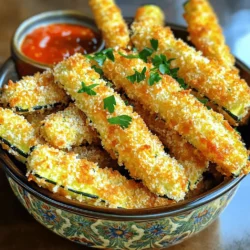 Crispy Parmesan Zucchini Fries are simple to make. Here is what you need: - 2 medium zucchinis, trimmed and cut into fry shapes - 1 cup panko breadcrumbs - 1/2 cup freshly grated Parmesan cheese - 1 teaspoon garlic powder - 1 teaspoon onion powder - 1/2 teaspoon dried oregano - 1/2 teaspoon fine sea salt - 1/4 teaspoon freshly ground black pepper - 2 large eggs, beaten - Olive oil spray for cooking Each ingredient plays a key role in making these fries crispy and tasty. The panko breadcrumbs provide a great crunch. Freshly grated Parmesan gives a rich flavor. The spices bring out the best in the zucchini. Using eggs helps the coating stick well. Olive oil spray enhances the crispiness while baking. You can find the full recipe [here](#). Get ready to enjoy a healthy and delicious snack! Start by preheating your oven to 425°F (220°C). This high heat helps the zucchini fries get nice and crispy. While the oven warms up, line a large baking sheet with parchment paper. This will keep the fries from sticking and make cleanup easy. In a shallow bowl, mix together the panko breadcrumbs, freshly grated Parmesan cheese, garlic powder, onion powder, dried oregano, fine sea salt, and black pepper. Stir well so that all the flavors blend together. In another bowl, beat the two large eggs until the yolks and whites are fully combined. This will be your egg wash, which helps the coating stick to the zucchini. Take a zucchini fry and dip it into the egg wash. Make sure it gets fully coated, then let any excess egg drip back into the bowl. Next, roll the zucchini fry into the breadcrumb mixture. Make sure it is well coated with crumbs. Place the coated fry on the prepared baking sheet. Repeat this process with the rest of the zucchini fries. Arrange them in a single layer to help them cook evenly. Once all the fries are coated, lightly spray the tops with olive oil spray. This gives them a crispy finish. Put the baking sheet in the oven and bake for 20-25 minutes. Halfway through baking, flip the fries to ensure they crisp up on both sides. When they turn golden brown, they are ready. Allow the zucchini fries to cool for a few minutes after baking. This helps them become even crunchier before you enjoy them. For the full recipe, please refer to the detailed instructions above. To get the best crunch, use panko breadcrumbs. They are lighter than regular breadcrumbs. This lightness helps them crisp up nicely in the oven. When you coat your zucchini fries with panko, they will turn golden brown and crunchy. Another key is the olive oil spray. It gives the fries a nice finish. A light spray on top helps them crisp up. It’s better than drenching them in oil. This method keeps the fries light and healthy. For dipping sauces, marinara and ranch work great. Marinara adds a tangy flavor. Ranch gives a creamy touch. Both pair well with the fries. You can also try homemade dips if you feel adventurous! Presentation is fun too. Serve the fries in a cone or a bowl. Add a sprinkle of fresh parsley. It makes the dish pop with color. Your guests will love the look and taste! For the full recipe, check out the complete instructions above. {{image_4}} You can easily change the flavor of your crispy zucchini fries. For a spicy kick, add cayenne or paprika to your breadcrumb mix. Just a pinch can bring out the heat you crave. If you prefer a herby taste, use Italian seasoning or fresh herbs like thyme or basil. These changes can make your fries exciting and new each time you cook them. The cheese you use can also alter the taste of your fries. If you want a different flavor, try mozzarella or cheddar cheese instead of Parmesan. Both will melt well and add a nice touch. For those avoiding dairy, you can use vegan cheese options. Look for brands that melt nicely to keep that crispy, cheesy goodness. Each option gives your fries a unique twist that you’ll love. Check out the Full Recipe for more details! To keep your crispy Parmesan zucchini fries fresh, store them in an airtight container. This prevents air from making them soggy. Place a paper towel at the bottom of the container to absorb extra moisture. Refrigerate the container right away. Your fries will stay fresh for about 3 days. To reheat your zucchini fries, the oven is the best method. Preheat your oven to 400°F (200°C). Place the fries on a baking sheet in a single layer. Heat them for 10-12 minutes. This keeps them crispy. You can also use an air fryer. Just heat at 350°F (175°C) for 5-7 minutes. This method works well too. Enjoy your crispy fries again! For the full recipe, check out the earlier section. Yes, you can prepare zucchini fries ahead of time. First, cut the zucchinis into fry shapes. Then, coat them with the egg wash and breadcrumb mixture. Place the coated fries in a single layer on a baking sheet. Cover them with plastic wrap or store in an airtight container. Keep the fries in the fridge for up to 24 hours. When ready to cook, just bake them straight from the fridge. This method saves time and ensures a quick snack. To make zucchini fries without eggs, use a binding agent like flour or a plant-based milk. You can mix one tablespoon of flour with water to create a paste. This will help the breadcrumbs stick to the zucchini. Another option is to use a mixture of ground flaxseed and water. Combine one tablespoon of ground flaxseed with three tablespoons of water and let it sit for a few minutes. This will create a gel-like substance that works well for binding. Crispy Parmesan Zucchini Fries pair well with various dips. Marinara sauce is a classic choice. It adds a nice tang and flavor. Ranch dressing offers a creamy option that many love. You can also try garlic aioli for a rich taste. For a healthy twist, serve them with a yogurt-based dip. These dips enhance the flavors and make snacking fun! Yes, zucchini fries are a healthy snack option. Zucchini is low in calories and high in fiber. It also provides vitamins A and C, which are great for your health. Baking instead of frying reduces fat content, making them even healthier. Using panko breadcrumbs adds crunch without too many calories. Overall, zucchini fries are a tasty way to enjoy veggies while keeping your snack time nutritious. In this article, we explored how to make crispy Parmesan zucchini fries. We outlined the ingredients needed, provided step-by-step instructions for baking, and shared helpful tips. You learned about variations and how to store leftovers. Zucchini fries are tasty and a great snack option. They are simple to make, and you can customize them to fit your taste. Try these fries at home for a fun, healthy treat. Enjoy the tasty crunch and share with friends or family!