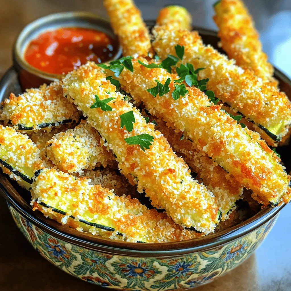 Crispy Parmesan Zucchini Fries are simple to make. Here is what you need: - 2 medium zucchinis, trimmed and cut into fry shapes - 1 cup panko breadcrumbs - 1/2 cup freshly grated Parmesan cheese - 1 teaspoon garlic powder - 1 teaspoon onion powder - 1/2 teaspoon dried oregano - 1/2 teaspoon fine sea salt - 1/4 teaspoon freshly ground black pepper - 2 large eggs, beaten - Olive oil spray for cooking Each ingredient plays a key role in making these fries crispy and tasty. The panko breadcrumbs provide a great crunch. Freshly grated Parmesan gives a rich flavor. The spices bring out the best in the zucchini. Using eggs helps the coating stick well. Olive oil spray enhances the crispiness while baking. You can find the full recipe [here](#). Get ready to enjoy a healthy and delicious snack! Start by preheating your oven to 425°F (220°C). This high heat helps the zucchini fries get nice and crispy. While the oven warms up, line a large baking sheet with parchment paper. This will keep the fries from sticking and make cleanup easy. In a shallow bowl, mix together the panko breadcrumbs, freshly grated Parmesan cheese, garlic powder, onion powder, dried oregano, fine sea salt, and black pepper. Stir well so that all the flavors blend together. In another bowl, beat the two large eggs until the yolks and whites are fully combined. This will be your egg wash, which helps the coating stick to the zucchini. Take a zucchini fry and dip it into the egg wash. Make sure it gets fully coated, then let any excess egg drip back into the bowl. Next, roll the zucchini fry into the breadcrumb mixture. Make sure it is well coated with crumbs. Place the coated fry on the prepared baking sheet. Repeat this process with the rest of the zucchini fries. Arrange them in a single layer to help them cook evenly. Once all the fries are coated, lightly spray the tops with olive oil spray. This gives them a crispy finish. Put the baking sheet in the oven and bake for 20-25 minutes. Halfway through baking, flip the fries to ensure they crisp up on both sides. When they turn golden brown, they are ready. Allow the zucchini fries to cool for a few minutes after baking. This helps them become even crunchier before you enjoy them. For the full recipe, please refer to the detailed instructions above. To get the best crunch, use panko breadcrumbs. They are lighter than regular breadcrumbs. This lightness helps them crisp up nicely in the oven. When you coat your zucchini fries with panko, they will turn golden brown and crunchy. Another key is the olive oil spray. It gives the fries a nice finish. A light spray on top helps them crisp up. It’s better than drenching them in oil. This method keeps the fries light and healthy. For dipping sauces, marinara and ranch work great. Marinara adds a tangy flavor. Ranch gives a creamy touch. Both pair well with the fries. You can also try homemade dips if you feel adventurous! Presentation is fun too. Serve the fries in a cone or a bowl. Add a sprinkle of fresh parsley. It makes the dish pop with color. Your guests will love the look and taste! For the full recipe, check out the complete instructions above. {{image_4}} You can easily change the flavor of your crispy zucchini fries. For a spicy kick, add cayenne or paprika to your breadcrumb mix. Just a pinch can bring out the heat you crave. If you prefer a herby taste, use Italian seasoning or fresh herbs like thyme or basil. These changes can make your fries exciting and new each time you cook them. The cheese you use can also alter the taste of your fries. If you want a different flavor, try mozzarella or cheddar cheese instead of Parmesan. Both will melt well and add a nice touch. For those avoiding dairy, you can use vegan cheese options. Look for brands that melt nicely to keep that crispy, cheesy goodness. Each option gives your fries a unique twist that you’ll love. Check out the Full Recipe for more details! To keep your crispy Parmesan zucchini fries fresh, store them in an airtight container. This prevents air from making them soggy. Place a paper towel at the bottom of the container to absorb extra moisture. Refrigerate the container right away. Your fries will stay fresh for about 3 days. To reheat your zucchini fries, the oven is the best method. Preheat your oven to 400°F (200°C). Place the fries on a baking sheet in a single layer. Heat them for 10-12 minutes. This keeps them crispy. You can also use an air fryer. Just heat at 350°F (175°C) for 5-7 minutes. This method works well too. Enjoy your crispy fries again! For the full recipe, check out the earlier section. Yes, you can prepare zucchini fries ahead of time. First, cut the zucchinis into fry shapes. Then, coat them with the egg wash and breadcrumb mixture. Place the coated fries in a single layer on a baking sheet. Cover them with plastic wrap or store in an airtight container. Keep the fries in the fridge for up to 24 hours. When ready to cook, just bake them straight from the fridge. This method saves time and ensures a quick snack. To make zucchini fries without eggs, use a binding agent like flour or a plant-based milk. You can mix one tablespoon of flour with water to create a paste. This will help the breadcrumbs stick to the zucchini. Another option is to use a mixture of ground flaxseed and water. Combine one tablespoon of ground flaxseed with three tablespoons of water and let it sit for a few minutes. This will create a gel-like substance that works well for binding. Crispy Parmesan Zucchini Fries pair well with various dips. Marinara sauce is a classic choice. It adds a nice tang and flavor. Ranch dressing offers a creamy option that many love. You can also try garlic aioli for a rich taste. For a healthy twist, serve them with a yogurt-based dip. These dips enhance the flavors and make snacking fun! Yes, zucchini fries are a healthy snack option. Zucchini is low in calories and high in fiber. It also provides vitamins A and C, which are great for your health. Baking instead of frying reduces fat content, making them even healthier. Using panko breadcrumbs adds crunch without too many calories. Overall, zucchini fries are a tasty way to enjoy veggies while keeping your snack time nutritious. In this article, we explored how to make crispy Parmesan zucchini fries. We outlined the ingredients needed, provided step-by-step instructions for baking, and shared helpful tips. You learned about variations and how to store leftovers. Zucchini fries are tasty and a great snack option. They are simple to make, and you can customize them to fit your taste. Try these fries at home for a fun, healthy treat. Enjoy the tasty crunch and share with friends or family!