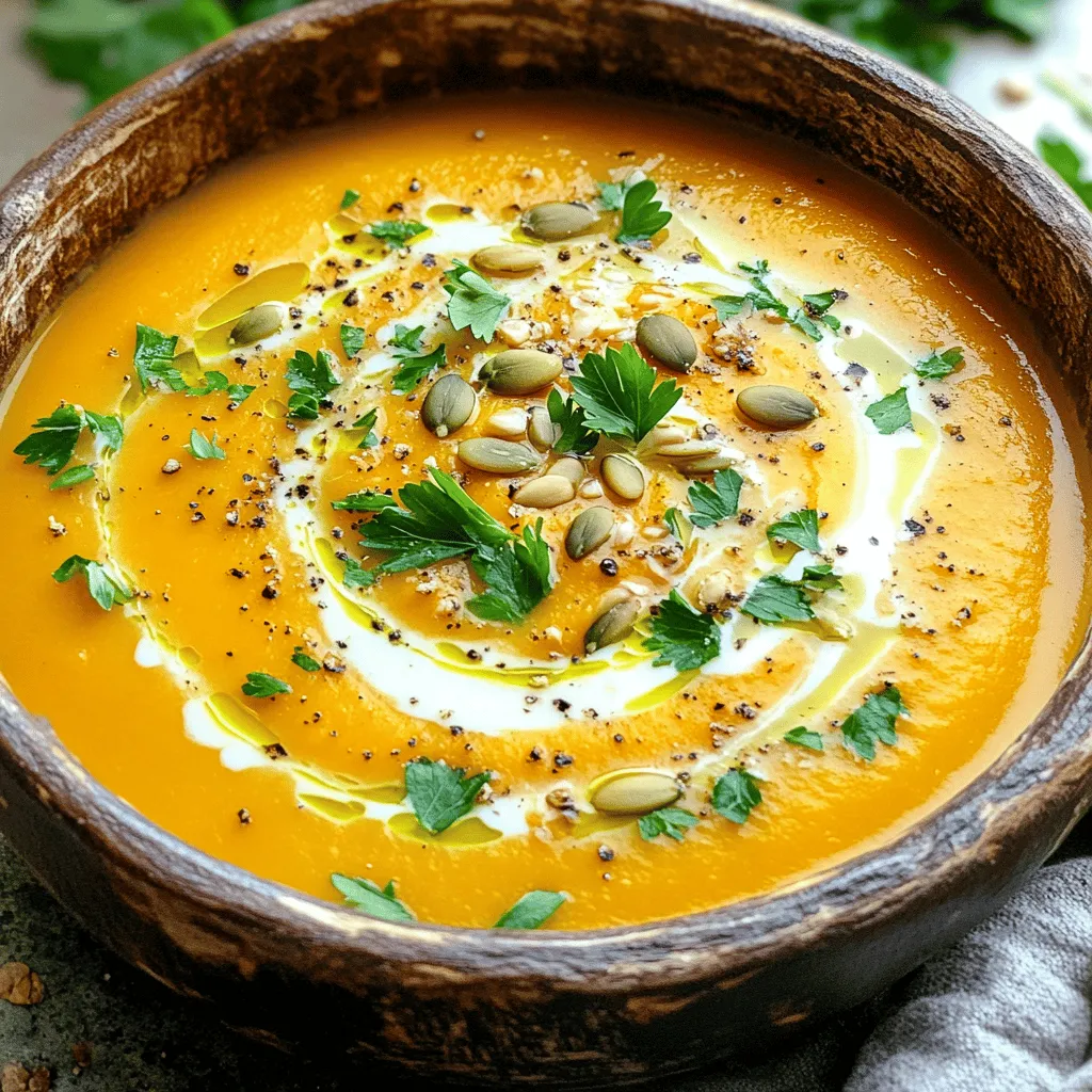 When making roasted butternut squash soup, fresh ingredients are key. Here is what you need: - Medium butternut squash, peeled and diced into 1-inch cubes - Large onion, finely chopped - 2 cloves garlic, minced - 2 tablespoons extra virgin olive oil - 4 cups vegetable broth - 1 teaspoon ground cumin - 1 teaspoon ground coriander - ½ teaspoon ground nutmeg - Salt and freshly cracked black pepper, to taste - ½ cup coconut milk (optional, for extra creaminess) - Fresh parsley or cilantro, finely chopped, for garnish - Toasted pumpkin seeds, for added texture (optional) These ingredients work together to create a rich and creamy soup. Roasting the squash and onion brings out their natural sweetness. The spices add warmth and depth. Coconut milk gives it a silky finish, but you can skip it if you want. Use fresh herbs and seeds to add color and crunch when serving. For the full recipe, check the main article. First, preheat your oven to 400°F (200°C). This step is key to getting that nice roasted flavor. Next, take your medium butternut squash and peel it. Cut it into 1-inch cubes. Then, finely chop one large onion. Combine both the squash and onion on a large baking sheet. Now, drizzle the vegetables with two tablespoons of extra virgin olive oil. Season them with salt, black pepper, ground cumin, ground coriander, and ground nutmeg. Use your hands to toss the squash and onion until they are well coated. Place the baking sheet in the oven. Roast the vegetables for about 25 to 30 minutes. Keep an eye on them. At the halfway point, stir the veggies to ensure they roast evenly. They should be tender and lightly caramelized when done. In a large pot, combine your roasted squash and onion with two minced garlic cloves. Pour in four cups of vegetable broth. Bring this mixture to a gentle simmer over medium heat. Allow it to simmer for about 10 minutes. This helps all the flavors blend together. Afterward, blend the soup until smooth. You can use an immersion blender or a countertop blender for this. If you want extra creaminess, stir in half a cup of coconut milk. Adjust the seasoning with more salt and black pepper if needed. For more details, check out the Full Recipe. To make your roasted butternut squash soup shine, focus on your roasting. Cut the squash into even pieces. This helps it cook evenly. Toss the squash and onion in olive oil and spices. Use enough oil to coat everything. This will bring out great flavors when roasted. Roast at 400°F for deep caramelization. Stir halfway through to avoid burning. Taste your soup before serving. If it needs a boost, add more salt or pepper. A little extra spice can elevate the dish. You can use either an immersion blender or a countertop blender. An immersion blender is easy and keeps things simple. Just blend the soup right in the pot. If using a countertop blender, let the soup cool slightly first. Blend in batches to avoid spills. Aim for a smooth texture. If your soup feels too thick, add a bit of broth or water for a creamier finish. For added richness, stir in coconut milk right before serving. Serving matters! Pour the soup into warm bowls for a cozy touch. Create a swirl with coconut milk on top. This adds a beautiful look. Finish with fresh herbs like parsley or cilantro. They add color and flavor. For a crunchy twist, sprinkle toasted pumpkin seeds on each bowl. This adds texture and makes your dish inviting. Each detail matters in making your soup both tasty and lovely to see. {{image_4}} To make your roasted butternut squash soup even better, try adding spices. Ground ginger adds warmth and a little zing. You can also use smoked paprika for a smoky touch. If you like heat, add some cayenne pepper. You can also mix in other vegetables. Carrots and sweet potatoes blend well with butternut squash. They add sweetness and depth to the soup. Bell peppers can also give it a nice twist. Just chop them into small pieces and roast them together. If you want a vegan option, skip the coconut milk or use a nut milk instead. Almond milk works well and keeps the flavor light. For gluten-free needs, this recipe is already gluten-free. Just be sure your broth is gluten-free too. For a low-fat version, cut back on the olive oil. You can use a spray oil or broth for roasting instead. This will give you a lighter soup without losing flavor. This soup pairs nicely with crusty bread. A slice of sourdough or whole grain bread can soak up the flavors well. You might also enjoy it with a fresh salad. A simple green salad with lemon dressing adds brightness. For toppings, try adding a dollop of yogurt or a sprinkle of cheese. Croutons can add a nice crunch too. If you want a bit of texture, sprinkle some toasted pumpkin seeds on top. They add a great nutty flavor. For more details on making this delicious soup, check out the Full Recipe. To keep your roasted butternut squash soup fresh, use an airtight container. This helps avoid any unwanted smells or flavors. Store it in the fridge for up to five days. When you’re ready to enjoy it again, gently reheat the soup on the stove over low heat. Stir it often to warm it evenly. If it seems too thick, add a splash of broth or water to get your desired consistency. Freezing this soup is a great way to save some for later. First, let the soup cool completely. Then, pour it into freezer-safe containers, leaving some space at the top for expansion. You can freeze it for up to three months. When you want to eat it, take it out of the freezer the night before and place it in the fridge to thaw. To reheat, warm it in a pot over low heat. Stir it well and add a little broth if necessary for the right texture. Enjoy the warmth of this cozy soup anytime! Cutting butternut squash can be tricky. Here are some helpful tips: - Use a sharp knife: A sharp knife makes cutting easier and safer. - Peel first: Use a vegetable peeler to remove the skin before cutting. - Stabilize the squash: Cut a small slice off the bottom to create a flat base. This helps the squash stay steady. - Cut in half: Slice the squash in half lengthwise. This allows you to scoop out the seeds easily. - Dice into cubes: Once halved, cut each half into long strips, then into cubes. Aim for 1-inch pieces for even cooking. Yes, you can use canned pumpkin as a substitute for butternut squash. Here are some points to consider: - Flavor: Canned pumpkin has a slightly different taste but works well. - Consistency: Make sure to use pure pumpkin, not pumpkin pie filling. The filling has added sugar and spices. - Adjusting liquid: Canned pumpkin is thicker. You may need to adjust liquid in your recipe to reach the desired soup texture. Roasted butternut squash soup can last in the fridge for about 4 to 5 days. Here are some tips for storage: - Cool it down: Let the soup cool to room temperature before sealing. - Use airtight containers: Store the soup in airtight containers to keep it fresh. - Reheat gently: When ready to eat, reheat the soup on the stove over low heat. Stir well to mix any separated ingredients. For the full recipe, check out the Creamy Roasted Butternut Squash Soup section above! This blog post showed how to make a delicious roasted butternut squash soup. We covered each step, from gathering fresh ingredients to perfecting the blend. You learned tips for roasting and how to serve your soup with flair. Remember, there are many ways to customize the flavor and texture. With proper storage, you can enjoy this meal for days. Now, go create this warm, comforting dish. Your table will thank you for it!
