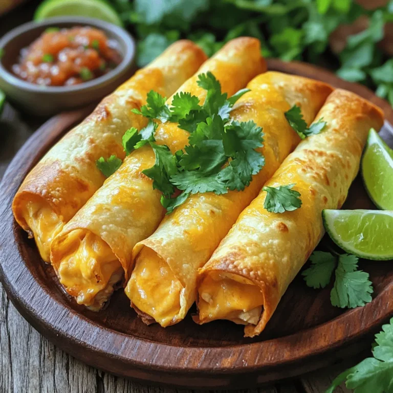 - 2 cups cooked chicken, shredded - 1 cup cream cheese, softened - 1 cup shredded cheddar cheese These main ingredients create a tasty base for your taquitos. The shredded chicken gives a hearty flavor. Cream cheese adds creaminess, while cheddar brings a nice sharpness. - 1/2 cup salsa of your choice - 1 teaspoon garlic powder - 1 teaspoon ground cumin - Salt and freshly ground black pepper, to taste - 12 small corn tortillas - Cooking spray The salsa adds a kick of flavor. Garlic powder and cumin enhance the taste. Tortillas hold everything together. Cooking spray helps achieve that perfect crisp. - Fresh cilantro for garnish - Lime wedges for serving Garnishing with cilantro adds a fresh touch. Lime wedges give a zesty boost when squeezed over the taquitos. Enjoy them warm, paired with your favorite salsa for dipping! If you want the complete details, check the Full Recipe. First, preheat your oven to 400°F (200°C). Line a baking sheet with parchment paper. This makes cleanup easy and keeps your taquitos from sticking. Next, gather the filling ingredients. In a large bowl, mix 2 cups of shredded cooked chicken and 1 cup of softened cream cheese. Add 1 cup of shredded cheddar cheese for extra flavor. Then, stir in 1/2 cup of salsa, 1 teaspoon of garlic powder, and 1 teaspoon of ground cumin. Don't forget to season with salt and freshly ground black pepper. Mix until everything is well combined and creamy. To roll your taquitos easily, soften the tortillas first. Microwave them for about 30 seconds. This will make the tortillas warm and pliable. Take a tortilla and spoon about two tablespoons of the chicken mixture into the center. Roll the tortilla tightly from one end. Tuck in the sides as you roll to keep the filling inside. Repeat this with all the tortillas and filling. Now, arrange the rolled taquitos seam-side down on the prepared baking sheet. Lightly spray the tops of each taquito with cooking spray. This will help them get that delicious crispiness. Place the baking sheet in your preheated oven. Bake for 20 to 25 minutes or until they turn golden brown. Flip the taquitos halfway through baking. This ensures that they get crispy on both sides. Once done, let them cool for a few minutes before serving. Enjoy your tasty baked chicken taquitos! For the full recipe, check [Full Recipe]. To get crispy taquitos, start by softening the tortillas. Soft tortillas roll easily and do not crack. Heat them in the microwave for about 30 seconds. This small step makes a big difference in how they bake. Next, use cooking spray on the tops of your taquitos. A light spray helps them get a golden finish. It also adds extra crunch. Remember to flip them halfway through baking. This ensures even crispiness on both sides. For exciting flavors, experiment with different salsa types. You can try mild or spicy salsa based on your taste. Each salsa brings its unique twist to the filling. Don’t forget to season your filling well. Use garlic powder and ground cumin for a savory touch. Adjust the salt and pepper to your liking. A well-seasoned filling makes every bite tasty. Serve your taquitos with fun dips and side dishes. Salsa, guacamole, or sour cream pair well. They add creaminess and flavor. For plating, use a vibrant platter. Arrange the taquitos neatly and place a bowl of salsa in the center. Add lime wedges for a pop of color. This simple touch makes your dish look more appealing. {{image_4}} You can switch up the cheese in this recipe. Try using Monterey Jack, pepper jack, or even queso fresco. These will add different flavors to your taquitos. For protein, use shredded beef or pork if you want a change. You can also try beans or lentils for a vegetarian option. Just mix them with the cream cheese and spices for a tasty filling. If you like some heat, add jalapeños to your filling. They bring a nice kick to the taquitos. You can also mix in some diced green chilies for extra flavor. For a sweet twist, serve your taquitos with a fruit salsa. Mango or pineapple salsa pairs well with the savory chicken. The mix of sweet and savory makes each bite exciting. Want to cook your taquitos faster? Use an air fryer! Set it to 375°F and cook for about 10-12 minutes. This method gives you a crispy outside quickly. You can also fry them on the stovetop. Heat oil in a pan and cook the taquitos until they are golden brown. This method adds a rich flavor but requires more attention. Choose the method that fits your time and taste! You can find the full recipe in the earlier section for more details. To keep your taquitos fresh, place them in the fridge. Use an airtight container. This helps prevent them from drying out. Make sure to cool them to room temperature first. Store them for up to three days. To reheat the taquitos, use the oven for the best results. Preheat your oven to 375°F (190°C). Place taquitos on a baking sheet. Bake for about 10-15 minutes. This keeps them crispy. You can also use a microwave for quick reheating. Just place them on a microwave-safe plate. Heat for 30-60 seconds. The texture won't be as crispy, but it's fast. You can freeze taquitos before or after baking. If freezing before baking, wrap them tightly in plastic wrap. Then, place them in a freezer bag. They will last for up to three months. If you freeze them after baking, let them cool completely first. Thaw frozen taquitos in the fridge overnight. Reheat in the oven for the best taste and texture. To make taquitos from scratch, you need a few simple ingredients. First, use cooked chicken, cream cheese, and shredded cheese. Then, mix these together with salsa, garlic powder, and cumin. Next, heat your corn tortillas in the microwave. This helps to soften them, making them easier to roll. Spoon some of the filling onto a tortilla and roll it up tightly. Secure the sides as you roll. Repeat this for each tortilla. This method creates a delicious and easy-to-make dish. You can find the Full Recipe for more details. You can use flour tortillas, but the taste and texture change. Corn tortillas have a nice earthy flavor. They also stay crispier when baked. Flour tortillas are softer and chewier. If you prefer a firmer bite, stick with corn. If you like softer taquitos, flour works too. Both options are tasty, so choose what you enjoy most. When serving Baked Chicken Taquitos, consider these tasty sauces: - Salsa: Choose your favorite type for added flavor. - Guacamole: This creamy dip pairs well with the crispiness of the taquitos. - Sour cream: A classic choice that adds coolness. You can also mix and match these dips for a fun tasting experience! Baked Chicken Taquitos can stay fresh in the fridge for about three days. Store them in an airtight container. This helps to keep them from drying out. To ensure they stay tasty, try to eat them within this time. If you can’t finish them, consider freezing them for later use. Baked chicken taquitos are a fun and tasty dish. We covered main ingredients like chicken and cream cheese. I shared step-by-step instructions for easy baking. Remember to soften your tortillas for crispier taquitos. You can customize them with different flavors too. Enjoy them with yummy dips or fresh garnishes. Whether for a meal or a snack, they're sure to satisfy. Try making them this week and impress those around you!