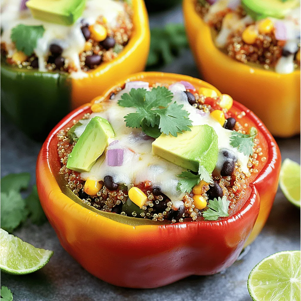 Here’s what you need to make Southwest quinoa stuffed peppers. Gather your ingredients for a tasty meal. - 4 large bell peppers (variety of colors) - 1 cup quinoa (thoroughly rinsed) - 2 cups vegetable broth - 1 can black beans (rinsed and drained) - 1 cup corn (frozen or fresh) - 1 small red onion (finely diced) - 1 red bell pepper (finely diced) - 2 cloves garlic (minced) - 1 teaspoon ground cumin - 1 teaspoon smoked paprika - ½ teaspoon chili powder - Salt and pepper (to taste) - 1 cup cherry tomatoes (halved) - ½ cup fresh cilantro (chopped) - 1 cup shredded cheese (cheddar or Mexican blend) - 1 avocado (sliced; for serving) - Lime wedges (for serving) Each ingredient adds flavor and nutrition. Quinoa is packed with protein. Black beans provide fiber, while bell peppers bring vitamins. You can mix and match colors for a fun look. Using fresh ingredients will make your dish shine. For the full recipe, check out the detailed instructions. You'll love how easy it is to prepare! - Preheat oven to 375°F (190°C). - Prepare bell peppers by cutting off the tops and removing seeds. - Lightly brush the exterior of each pepper with olive oil. - Bring vegetable broth to a boil in a medium saucepan. - Add rinsed quinoa, reduce heat, and let it simmer for 15 minutes. - Heat olive oil in a large skillet over medium heat. - Sauté red onion and garlic until they smell good. - Add red bell pepper, black beans, corn, and spices; cook until tender. - Mix the cooked quinoa with the vegetable mixture. - Spoon the mixture into each prepared bell pepper, packing it down. - Top each stuffed pepper with shredded cheese, cover with foil, and bake for 25 minutes. - Remove the foil and bake for another 10 minutes until golden. For the detailed cooking process, check the Full Recipe. - Use fresh herbs for enhanced taste. Fresh cilantro brightens the dish. - Adjust spices to your heat preference. More chili powder adds warmth. - Monitor baking time for desired tenderness. You want them soft but not mushy. - Experiment with different cheese blends for variety. Try Monterey Jack or pepper jack. - Serve on a colorful platter. This makes the dish more inviting. - Garnish with lime wedges and extra cilantro. This adds a lovely touch and flavor. For the complete recipe, you can refer to the [Full Recipe] of Southwest Quinoa Stuffed Peppers. Enjoy your cooking! {{image_4}} You can easily make this dish fit your diet. If you want a vegan option, substitute cheese with a vegan alternative. You can use cashew cheese or nutritional yeast for a cheesy flavor. Adding more vegetables can also enhance the dish. Consider mixing in zucchini or spinach for extra nutrition and color. For those who want a heartier meal, try adding cooked chicken or turkey to the filling. This adds protein and makes it more filling. You can also use quinoa as a base for other proteins. Tofu is a great choice and works well with the spices in the dish. If you love heat, add diced jalapeños to the mix. They give a nice kick and enhance the flavors. You can also experiment with different spice blends. Try adding smoked chipotle or cayenne for a unique twist. Each change can create a new flavor profile for your meal. For the full recipe, be sure to check out the main article. To keep your leftover Southwest Quinoa Stuffed Peppers fresh, place them in an airtight container. They will last in the refrigerator for up to 4 days. When you're ready to enjoy them again, reheat the peppers in the oven or microwave. This way, they'll taste just as good as when they were first made. If you want to save some stuffed peppers for later, freezing is a great option. Freeze them in individual portions for easy meals. When you're ready to eat, thaw them overnight in the refrigerator. Once thawed, reheat them before serving. Meal prep can save you time during busy weeks. You can prepare and stuff the peppers ahead of time. Just bake them when you're ready to eat. This makes them perfect for quick weeknight meals or healthy lunches. Enjoy the ease of having a delicious meal ready at a moment's notice! Yes, brown rice or couscous can be substituted. Both work well in this dish. Quinoa is great, but you can swap it if you want. Brown rice adds a nice chewy texture. Couscous cooks quickly and offers a different flavor. Serve with a side salad or tortilla chips for crunch. A simple green salad pairs nicely. The fresh veggies add brightness. Tortilla chips give a fun crunch and a nice dip for extra flavor. Add hotter chili powder or diced fresh chilies to the filling. You can use jalapeños for a kick. Just chop them small so they mix well. Adjust the spice to your taste for a fun twist. Total cooking time is approximately 35-40 minutes in the oven. Bake them at 375°F (190°C). Keep an eye on them to get the right softness. You want them tender but not mushy. Yes, prepare the filling and stuff the peppers a day in advance; bake when ready. This makes meal prep easy. Just cover them in the fridge. When you’re ready, pop them in the oven. Each serving is rich in protein, fiber, and essential vitamins; specific values can vary based on ingredients used. Quinoa and black beans bring lots of nutrients. These peppers are not only tasty but also good for you. For the exact numbers, check the recipe details in the Full Recipe. In this post, we explored the ingredients and steps to create delicious Southwest Quinoa Stuffed Peppers. We covered tips for flavor, variations for dietary needs, and easy storage options. Remember, you can adjust spices to fit your taste, experiment with fillings, and serve these peppers hot or cold. They make a perfect meal for any day. Enjoy the process of cooking and the joy these peppers bring to your table!
