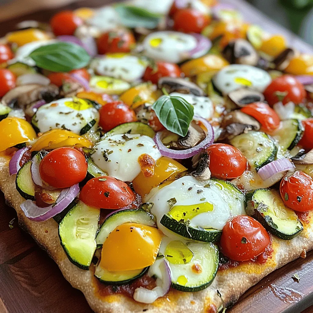 When making a Veggie Lovers Flatbread Pizza, it's key to gather fresh, tasty ingredients. Here's what you need: - Whole wheat flatbread - Pizza sauce (store-bought or homemade) - Fresh mozzarella cheese - Bell peppers - Cherry tomatoes - Zucchini - Red onion - Mushrooms - Dried oregano - Crushed red pepper flakes - Fresh basil leaves - Olive oil - Salt and pepper Each ingredient plays a big role in flavor and texture. Whole wheat flatbread gives a hearty base. The pizza sauce adds a rich, zesty kick. Fresh mozzarella melts beautifully, creating that gooey texture we all love. Bell peppers, cherry tomatoes, zucchini, red onion, and mushrooms bring color and crunch. They also add vital nutrients. Dried oregano gives that classic pizza taste. If you like heat, crushed red pepper flakes are a great touch. Fresh basil leaves are perfect for finishing. They give a fresh aroma and bright flavor. A drizzle of olive oil adds richness, while salt and pepper enhance all these flavors. This mix of ingredients makes your pizza fresh, tasty, and a joy to eat. For the complete recipe, check the Full Recipe section. - Preheating the oven: First, set your oven to 450°F (232°C). This step is vital for a crispy crust. - Arranging the flatbreads: Next, place two large pieces of whole wheat flatbread on a baking sheet. Leave space between them for even cooking. - Spreading the sauce: Grab a spatula and spread one cup of pizza sauce evenly on each flatbread. Leave about half an inch at the edges for the crust. - Adding cheese and vegetables: Sprinkle one cup of shredded fresh mozzarella cheese over the sauce. Then, layer your veggies. Start with bell peppers, then add zucchini, red onion, halved cherry tomatoes, and mushrooms. Make sure to spread them out for a tasty bite. - Seasoning and drizzling: Sprinkle 1/4 teaspoon of dried oregano over the top. If you like heat, add some crushed red pepper flakes. Finish with a pinch of salt and black pepper. Drizzle a little olive oil on top for extra flavor. - Baking time and temperature: Place the baking sheet in the oven and bake for 10-12 minutes. Look for bubbly cheese and golden brown edges. Now your Veggie Lovers Flatbread Pizza is ready for cooling and garnishing! Follow the [Full Recipe] for more tips and serving suggestions! To get a crispy flatbread, follow these steps: - Use fresh flatbread. Stale bread can become soggy. - Preheat your oven to a high temperature. I suggest 450°F (232°C). - Lightly brush the flatbread with olive oil before baking. This helps crisp the edges. - If you have one, use a pizza stone. It gives the crust a perfect crunch. Adding spices and toppings can boost flavor: - Sprinkle dried oregano on top for a classic taste. - Try crushed red pepper flakes for some heat. - Consider using garlic powder or Italian seasoning as well. - For cheese, fresh mozzarella is great, but you can mix it with goat cheese or feta for a twist. To cook your flatbread evenly, do these things: - Place your flatbreads on the middle rack of the oven. This helps with air circulation. - Keep an eye on them as they bake. They can go from perfect to burnt quickly. - If you notice uneven cooking, rotate the flatbreads halfway through baking. This ensures they cook evenly. These tips will help you make a delicious Veggie Lovers Flatbread Pizza. For the full recipe, check out the earlier sections. {{image_4}} If you need a gluten-free flatbread, try using gluten-free tortillas or cauliflower crust. They work well and give a nice texture. You can find gluten-free versions in most stores. Just make sure to check the labels for ingredients. For a vegan flatbread pizza, you can swap out the cheese. Use vegan mozzarella or nutritional yeast for a cheesy flavor. You can also try hummus or a cashew-based sauce. These options add creaminess without dairy. Don't forget to pick a vegan pizza sauce too! Seasonal veggies can change your flatbread pizza game. In spring, use asparagus and peas. Summer is great for zucchini and fresh corn. In fall, try roasted pumpkin and kale. Winter calls for hearty root veggies like sweet potatoes and Brussels sprouts. The options are endless! Feel free to mix and match your favorites for a unique taste. For the full recipe, check out Veggie Lovers Flatbread Pizza. Store leftover veggie flatbread pizza in an airtight container. This keeps it fresh and tasty. Place it in the fridge within two hours of cooking. It will last for about three days. When you are ready to eat, remove it from the fridge. To reheat your flatbread pizza, use an oven or a toaster oven. Preheat it to 375°F (190°C). Place the pizza on a baking sheet or directly on the oven rack. Bake for about 8-10 minutes. This method keeps the crust crispy and the toppings warm. You can also use a skillet on the stove. Heat it on medium for about 5-7 minutes. Cover it with a lid to help warm the toppings. To freeze your flatbread pizzas, wrap each one tightly in plastic wrap. Then, place them in a freezer bag. Remove as much air as possible to prevent freezer burn. They will stay good for up to three months. When you're ready to eat, thaw them in the fridge overnight. Bake in the oven at 375°F (190°C) for 12-15 minutes. This restores the fresh taste and texture. For the full recipe, refer to the earlier section. Yes, you can use many different toppings. Try using: - Spinach - Artichokes - Broccoli - Olives - Eggplant - Avocado Mix and match to find your favorite flavors. Each veggie adds a new twist! Bake your flatbread pizza for 10-12 minutes. Check when the cheese bubbles. The edges should be crispy and golden brown. A hot oven helps the crust stay firm! You can prep the flatbread pizza ahead. Assemble it, then store it in the fridge for a few hours. I suggest baking it fresh for the best taste. If you make it too early, the crust might become soggy. Pair your pizza with a crisp side salad. A fresh green salad with lemon dressing works well. You can also serve it with: - Garlic bread - Roasted vegetables - A bowl of soup These sides add a nice touch to your meal! This blog covered how to make delicious veggie flatbread pizza. You learned about the key ingredients and easy steps to prepare it. I shared tips to enhance flavors and ensure a crispy crust. We also explored variations, including gluten-free and vegan options. Finally, I offered storage and reheating advice. Try making this pizza at home. Experiment with toppings and share your creations. Enjoy your cooking adventure!