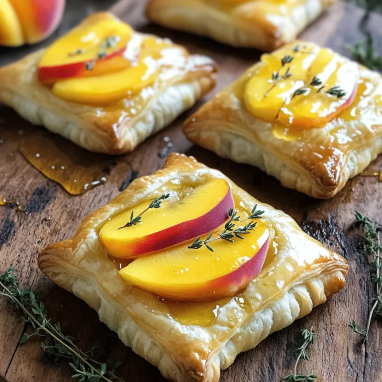 When making Peach Brie Puff Pastry Bites, gather these fresh ingredients. Each one adds flavor and texture. - 1 sheet of puff pastry, thawed - 8 ounces brie cheese, cut into small cubes - 2 ripe peaches, thinly sliced - 2 tablespoons honey - 1 tablespoon fresh thyme leaves (or 1 teaspoon dried thyme) - 1 egg, beaten (for egg wash) - Salt and pepper, to taste Using high-quality ingredients makes a big difference. The puff pastry should be flaky and light. Choose ripe peaches for natural sweetness. The brie cheese should be creamy, creating a rich filling. Fresh thyme adds a nice herbal note. Honey brings a touch of sweetness that balances the flavors. You can find the full recipe for these bites in my article. Make sure to follow the steps closely for the best results. Enjoy the cooking process, and feel free to get creative! - Preheat Oven: First, set your oven to 400°F (200°C). This helps the pastry become golden and flaky. - Roll Out Puff Pastry: Take your thawed puff pastry and place it on a clean surface. Lightly flour the surface to avoid sticking. Roll out the pastry to smooth it out. - Cut into Squares: Use a sharp knife or pastry cutter to slice the pastry into 2x2 inch squares. These will hold your tasty filling. - Adding Brie Cheese: Place a small cube of brie cheese in the center of each pastry square. The brie will melt nicely as it bakes, adding creaminess. - Layering Peach Slices: On top of the brie, lay a few thin slices of ripe peach. This adds sweetness and a fresh flavor to every bite. - Drizzling Honey and Seasoning: Drizzle a bit of honey over the peach slices. Then, sprinkle fresh thyme, salt, and pepper to enhance the flavors. - Folding and Sealing: Fold the corners of each pastry square toward the center. Pinch the edges firmly to seal in the cheese and fruit. - Applying Egg Wash: Use a pastry brush to apply the beaten egg on top of each bite. This gives them a shiny, golden finish when baked. - Baking Time and Temperature: Place the filled pastry bites on a lined baking sheet, leaving space between them. Bake for 15-20 minutes until they puff up and turn golden brown. For the complete method, check out the Full Recipe. Enjoy your delightful Peach Brie Puff Pastry Bites! Choosing the Best Brie Pick a ripe brie for the best flavor. It should be soft and creamy. Look for a brie with a nice white rind. This adds texture and taste to your bites. If you can, try different brands to find your favorite. Ensuring Proper Puff Pastry Thickness Roll your puff pastry to about 1/8 inch thick. This ensures it puffs up nicely. If it's too thick, it won't cook evenly. If it's too thin, it may tear during baking. Keep your surface lightly floured while rolling to avoid sticking. Presentation Ideas Serve these bites warm on a wooden board. A rustic slate platter also works well. Add extra thyme sprigs on top for color. Drizzle more honey over the bites for an elegant touch. This makes them look appealing and taste even better. Ideal Accompaniments Pair these bites with a crisp white wine. A light rosé also complements the flavors well. Add a simple green salad on the side for a balanced meal. You can even serve them at parties for a delightful appetizer. Spice Variations Try adding a pinch of cayenne pepper for a kick. Paprika can also add warmth without too much heat. If you prefer sweetness, consider cinnamon or nutmeg. These spices enhance the peach flavor nicely. Substitutions for Seasonal Fruits If peaches are out of season, use pears or apples. Both fruits work well with brie and honey. You can also try figs for a unique twist. Each fruit will give your bites a different flavor profile. For the full recipe, refer to the [Full Recipe]. {{image_4}} You can change up the cheese in your peach brie puff pastry bites. Try goat cheese or creamy mascarpone for a new twist. These cheeses bring different flavors and textures. You can also mix brie with sharp cheddar for an exciting blend. Adding nuts or dried fruits can enhance the bites too. Chopped walnuts or pecans give a nice crunch. Dried cranberries or figs add a sweet touch. These additions make each bite more interesting. Mixing sweet and savory flavors creates a delightful contrast. Pair peaches with maple syrup instead of honey for a deeper sweetness. A dash of balsamic glaze can add a tangy kick. You can also try herb alternatives. Instead of thyme, consider rosemary or basil. These herbs add a fresh, aromatic quality. Experimenting with flavors keeps your bites exciting. Make-ahead options help save time when hosting. You can assemble the bites a few hours before baking. Just cover them and keep them in the fridge until you’re ready to bake. Freezing is another great way to prepare ahead. Assemble the bites and place them on a baking sheet. Freeze until firm, then transfer them to a freezer bag. You can bake them straight from the freezer. Just add a few extra minutes to the baking time. For the full recipe, check the details above. Enjoy these delicious variations! To keep your Peach Brie Puff Pastry Bites fresh, store them in the fridge. Place them in an airtight container. They can stay good for about three days. If you want to reheat them, use an oven. Set it to 350°F (175°C) and bake for 10 minutes. This keeps the pastry crispy. - Puff Pastry: Unopened, it lasts in the freezer for up to a year. Once opened, use it within a few days. - Cooked Brie Cheese: It keeps well in the fridge for about five days. Always check for any unusual smell before using. Use glass or plastic containers with tight lids for the best storage. Avoid stacking the bites on top of each other. This prevents them from getting squished. If you have extra space, consider wrapping them in foil before placing them in the container. This keeps them even fresher. For longer storage, you can freeze the unbaked bites. Just make sure to follow the Full Recipe for guidance. Can I use phyllo dough instead of puff pastry? Yes, you can use phyllo dough. However, it will not puff up as much. Phyllo gives a different texture. It will still taste good, but it won't be as flaky or airy as puff pastry. How can I ensure my puff pastry rises properly? To help puff pastry rise, keep it cold before baking. Make sure your oven is preheated to 400°F (200°C). Avoid opening the oven door while baking. This keeps the heat inside, which helps the pastry rise nicely. What substitutes can I use for peaches? You can use nectarines or apricots for a similar flavor. Plums also work well. If you want something unique, try figs or berries. Each adds a nice sweetness. Can these be made ahead and frozen? Yes, you can make these ahead. Assemble the bites and freeze them before baking. When you are ready to eat, bake them straight from the freezer. Just add a few extra minutes to the baking time. What is the best way to reheat puff pastries? The best way to reheat puff pastries is in the oven. Set it to 350°F (175°C) and bake for about 10 minutes. This keeps the pastry crispy. Avoid the microwave, as it can make them soggy. How do I know when they are done baking? Your puff pastries are done when they are golden brown. The edges should be puffed and flaky. If you see a nice color, they are ready to come out. Enjoy your Peach Brie Puff Pastry Bites! These puff pastry bites are simple yet delicious. You start with puff pastry and brie cheese, then layer in ripe peaches, honey, and thyme. The baking process transforms these ingredients into golden, tasty treats. Focus on quality ingredients and presentation to impress your guests. In conclusion, mastering this recipe opens doors for creativity. Use different cheeses or fruits to make each batch unique. Enjoy the process and share your delightful creations with friends.