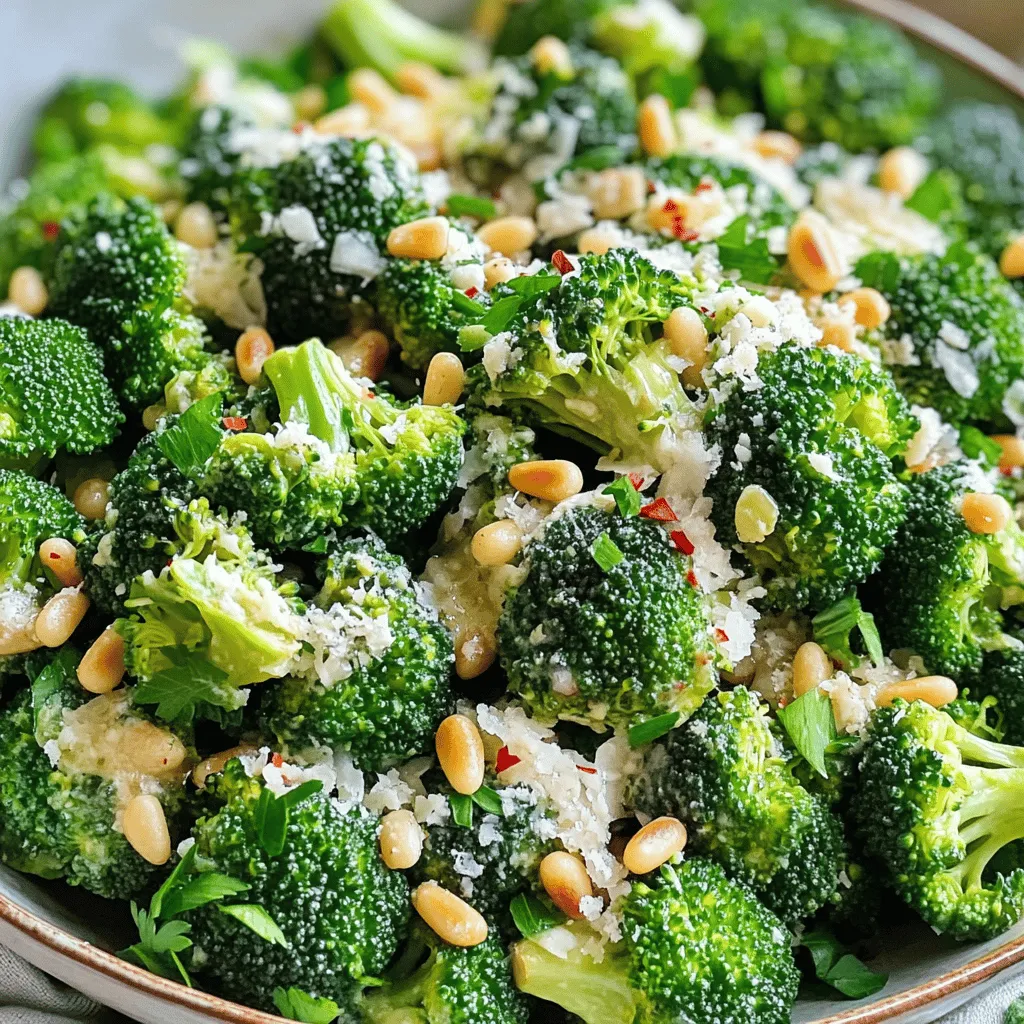 To make Roasted Garlic Broccoli Salad, gather these simple ingredients: - 2 fresh heads of broccoli, cut into bite-sized florets - 5 cloves of garlic, unpeeled and whole - 1/4 cup extra-virgin olive oil - 1 tablespoon freshly squeezed lemon juice - 1/4 cup finely grated Parmesan cheese - 1/4 cup pine nuts, lightly toasted - 1/4 teaspoon crushed red pepper flakes (optional for a kick) - Sea salt and freshly cracked black pepper to taste - Fresh parsley, finely chopped for a vibrant garnish You can make this salad your own! Here are some easy swaps: - Broccoli: Try green beans or Brussels sprouts instead. - Parmesan cheese: Use nutritional yeast for a vegan option. - Pine nuts: Substitute with walnuts or sunflower seeds for crunch. - Lemon juice: Apple cider vinegar works well if you don’t have lemon. - Red pepper flakes: Omit or use black pepper if you prefer mild flavors. Fresh broccoli makes a big difference in taste. Here’s what to look for: - Color: Choose bright green florets. Avoid yellow or wilted ones. - Stems: The stems should feel firm and sturdy, not soft or limp. - Leaves: Look for fresh leaves; they should be vibrant and not dried out. - Smell: Fresh broccoli has a clean, earthy scent. A strong odor signals it’s past its prime. Using these tips will help you create a delicious Roasted Garlic Broccoli Salad. For the full recipe, check out the [Full Recipe]. To start, gather all your ingredients. You will need broccoli, garlic, olive oil, lemon juice, Parmesan, pine nuts, red pepper flakes, salt, pepper, and parsley. 1. Preheat your oven to 400°F (200°C). This temperature works great for roasting. 2. Cut the broccoli into bite-sized florets. It helps to cook them evenly. 3. Leave the garlic cloves unpeeled and whole. They will roast better this way. 4. Place the broccoli and garlic on a large baking sheet. Make sure they are spread out, so they roast well. Roasting transforms the broccoli and garlic, making them sweet and tasty. 1. Drizzle olive oil over the broccoli and garlic. Use enough to coat them well. 2. Sprinkle sea salt and cracked black pepper over the veggies. This adds flavor. 3. Toss everything gently on the baking sheet. Ensure all pieces are well-coated. 4. Roast in the oven for 20-25 minutes. The broccoli should be tender and crispy. The garlic will turn golden brown. Once the veggies are roasted, it’s time to mix everything for the salad. 1. Take the baking sheet out of the oven and let it cool for a few minutes. 2. In a large bowl, combine the roasted broccoli and garlic. 3. Squeeze the soft roasted garlic into the bowl. Mix it with the broccoli for great flavor. 4. Add fresh lemon juice, grated Parmesan, and pine nuts. If you want heat, add red pepper flakes. 5. Toss everything together gently. Make sure the flavors blend well. 6. Taste your salad. Adjust the seasoning if needed. 7. Just before serving, sprinkle the chopped parsley on top for a fresh look. This salad brings together simple ingredients for a delicious side. For the complete recipe, check the Full Recipe section. To get your broccoli just right, start with fresh heads. Look for bright green florets. Cut them into bite-sized pieces for even cooking. Spread them out on your baking sheet. This helps them roast without steaming. Keep the oven at 400°F (200°C). Roast for about 20-25 minutes. You want them tender with crispy edges. Roasting garlic adds a sweet and rich taste. Use whole, unpeeled cloves for the best flavor. Place them on the baking sheet with the broccoli. They will turn golden brown and soft. Once roasted, you can squeeze the garlic out of the skins. Mix it with the broccoli for a deep garlic flavor. To make this salad sing, add fresh lemon juice. It brightens the dish and balances the garlic. Don’t forget the Parmesan cheese. It adds a salty and nutty flavor. Toasted pine nuts give a nice crunch. If you like heat, sprinkle some crushed red pepper flakes. Finally, finish with fresh parsley for color and freshness. For the full recipe, check out the Garlic-Kissed Roasted Broccoli Salad. {{image_4}} You can easily add more vegetables to this salad. Try carrots, bell peppers, or cherry tomatoes. Cut these veggies into similar sizes to the broccoli. This helps them roast evenly. Mixing colors makes your salad more fun and tasty. Each added veggie brings its own flavor and crunch. For a heartier salad, consider adding protein. Cooked chicken, shrimp, or chickpeas work well. Toss in cooked bacon bits for a smoky touch. If you want plant-based protein, use black beans or tofu. These options make your salad filling and satisfying. Keeping it gluten-free? No worries! This salad is already gluten-free. Just skip the Parmesan cheese for a dairy-free version. You can use nutritional yeast instead for a cheesy flavor. This way, everyone can enjoy this delicious dish without worry. To store leftovers, place the salad in an airtight container. This keeps it fresh. Make sure to cool it to room temperature first. If you have roasted garlic left, store it separately. This helps maintain the salad's flavor and texture. When you want to enjoy the salad again, simply reheat it in the oven. Preheat your oven to 350°F (175°C) and spread the salad on a baking sheet. Heat for about 10 minutes. This warms it up without making it soggy. You can also microwave it for a quick option. Heat in short bursts, stirring in between. The roasted garlic broccoli salad lasts about three days in the fridge. After that, the broccoli can lose its crunch. If you notice any off smells or sliminess, it's best to toss it. Always check before eating! Enjoy every bite while it’s fresh for the best taste. Yes, you can make this salad ahead. Roasted garlic broccoli salad tastes great even after a day. Just store it in the fridge in an airtight container. The flavors will blend nicely. However, to keep the broccoli crisp, add the dressing just before serving. If you need a substitute for Parmesan cheese, try nutritional yeast. It has a cheesy flavor and is dairy-free. You can also use pecorino cheese or a vegan cheese alternative. These options keep the salad tasty and fun! To keep broccoli from getting soggy, roast it until it’s just tender. Spread the florets out on the baking sheet without crowding them. This allows air to circulate and helps them crisp up. Always use fresh broccoli for the best results. Serve this salad in a large bowl to show off the colors. Drizzle a little extra olive oil on top for shine. A sprinkle of extra cheese adds to the look and taste. This salad is perfect as a side dish or a light meal. To roast garlic without burning it, keep the oven at 400°F (200°C). Wrap whole garlic cloves in foil with a bit of oil. Check them after 20 minutes. If they are soft and golden, they are done. This way, you get sweet, creamy garlic to mix into your salad. This article provides a complete guide to making a tasty roasted garlic broccoli salad. It covers ingredient lists, substitutes, and tips for fresh broccoli. The step-by-step section helps you prepare perfectly roasted garlic and broccoli for maximum flavor. I shared tips to achieve that ideal roast and variations for adding protein and veggies. Finally, you learned how to store leftovers and answers to common questions. With these tips, you can enjoy a healthy dish full of flavor anytime. Your cooking confidence will grow, and your meals will shine!