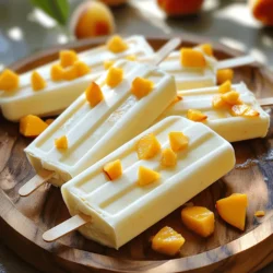To create these easy peach yogurt popsicles, gather the following ingredients: - 2 ripe peaches, pitted and finely diced - 1 cup Greek yogurt (plain or vanilla) - 2 tablespoons honey or maple syrup - 1 teaspoon pure vanilla extract - 1 tablespoon freshly squeezed lemon juice - A pinch of salt These ingredients combine to make a refreshing summer treat. The peaches provide natural sweetness and flavor. Greek yogurt adds creaminess and a healthy twist. Honey or maple syrup can adjust the sweetness based on your taste. The lemon juice brightens the flavors, while the pinch of salt enhances them. When choosing peaches, look for ones that are ripe and fragrant. Ripe peaches have a soft feel and a sweet aroma. You can use plain Greek yogurt for a tangy taste or vanilla for a sweeter popsicle. Try different combinations to find what you enjoy most. For a full recipe, check the details above. Start by dicing the two ripe peaches. Make sure to remove the pits first. Cut them into small pieces. This helps them blend well. Next, measure out one cup of Greek yogurt. You can use plain or vanilla, depending on your taste. Then, gather the honey or maple syrup, vanilla extract, lemon juice, and a pinch of salt. These ingredients all add flavor. Now, it’s time to blend! Put the diced peaches in a blender or food processor. Add in the yogurt, honey (or maple syrup), vanilla extract, and lemon juice. Sprinkle in the pinch of salt. Blend everything on high speed. Keep blending until you achieve a smooth, creamy consistency. Taste the mixture. If you want it sweeter, add a little more honey or syrup and blend again. Carefully pour your peachy yogurt blend into your popsicle molds. Leave a small gap at the top of each mold. This gap allows the mixture to expand as it freezes. Next, insert the popsicle sticks into the center of each mold. Make sure they are straight and secure. Now, place the molds in the freezer. You should freeze them for at least 4-6 hours. This time helps them become solid. To check their consistency, gently press on the side of the mold. If it feels hard, they are ready. If they are still soft, let them freeze longer. Enjoy the anticipation of a cool treat! To make these peach yogurt popsicles just right, you can adjust the sweetness. If you prefer sweeter treats, add more honey or maple syrup during blending. Just taste the mix before pouring it into molds. You can also reduce the sweetness for a more tart flavor, especially if you use plain yogurt. Experimenting with different yogurts can add variety. Greek yogurt gives a creamy texture, while regular yogurt is lighter. You can even try flavored yogurts like strawberry or vanilla to change the taste. Just keep the peach flavor in mind, so it shines through. When serving your popsicles, presentation matters. Arrange them on a rustic wooden platter or in tall glasses filled with ice. This adds a fun summer vibe. You can also sprinkle extra diced peaches on top to make them look even more delicious. Pair these popsicles with light snacks or desserts. They go great with fresh fruit or a scoop of granola. You might also enjoy them alongside a refreshing drink, like lemonade or iced tea. The combination of flavors will make your summer day even brighter. {{image_4}} You can make your peach yogurt popsicles even more fun! Mix in fresh berries like strawberries, blueberries, or raspberries. These fruits add vibrant colors and extra nutrients. You can also try other fruits like mango or kiwi. If you swap peaches for another fruit, keep the other ingredients the same. This way, you can create your favorite flavors. If you need a non-dairy option, use coconut yogurt or almond yogurt. These choices still give a creamy texture. You can also pick flavored yogurts. Try peach, berry, or lemon flavors for a twist. This change can make your popsicles taste unique and exciting. Use the full recipe to explore all these options! To keep your popsicles fresh, use airtight containers. Silicone molds work great, too. You can wrap popsicles in plastic wrap if you prefer. Store them in the freezer for up to two months. They taste best within a month for optimal flavor. When you are ready to enjoy your popsicles, use warm water to help loosen them. Hold the mold under warm water for a few seconds. This makes it easier to pop them out without breaking. If you want to reuse your molds, wash them with warm soapy water. Let them air dry before making your next batch of peach yogurt popsicles. To make these popsicles, follow these simple steps: 1. Dice the ripe peaches and add them to a blender. 2. Add Greek yogurt, honey, vanilla extract, lemon juice, and salt. 3. Blend until smooth. Taste, and add more sweetener if needed. 4. Pour the mixture into popsicle molds. 5. Insert sticks and freeze for 4-6 hours. Enjoy your delicious treat! Yes, you can use frozen peaches. They work well but may change the texture. Frozen peaches can make the popsicles creamier. However, fresh peaches give a brighter flavor. If using frozen, let them thaw a bit before blending. These popsicles can last for about 2-3 months in the freezer. To keep them fresh, store them in airtight containers. This helps prevent freezer burn. Label the container with the date for easy tracking. Yes, these popsicles are healthy. They use fresh peaches, Greek yogurt, and honey. Peaches provide vitamins A and C. Greek yogurt adds protein and calcium. Honey is a natural sweetener, offering antioxidants. This makes them a tasty, guilt-free treat! If you need an alternative, try coconut yogurt or almond yogurt. These options add different flavors and can suit dairy-free diets. You could also use applesauce for a fruity base. Each choice changes the taste, so experiment to find your favorite! For the full recipe, check here: [Full Recipe]. To make peach yogurt popsicles, you need simple ingredients and easy steps. Start with fresh peaches and Greek yogurt. Follow the steps to blend, pour, and freeze. You can customize flavors and create different variations. Store leftovers properly to keep them fresh. Enjoy these popsicles as a tasty treat any time. Making your own popsicles brings joy and freshness. Now that you know how, don't wait. Grab your ingredients and start blending for a fun, sweet snack!