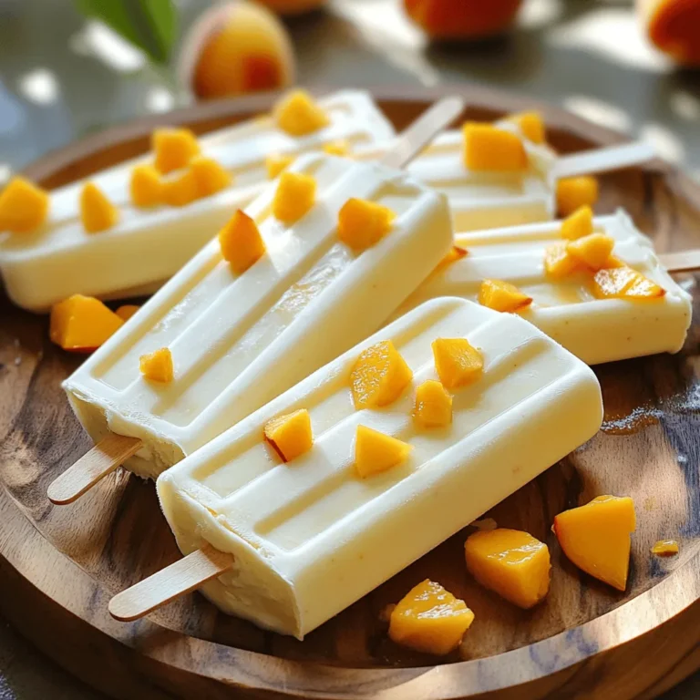 To create these easy peach yogurt popsicles, gather the following ingredients: - 2 ripe peaches, pitted and finely diced - 1 cup Greek yogurt (plain or vanilla) - 2 tablespoons honey or maple syrup - 1 teaspoon pure vanilla extract - 1 tablespoon freshly squeezed lemon juice - A pinch of salt These ingredients combine to make a refreshing summer treat. The peaches provide natural sweetness and flavor. Greek yogurt adds creaminess and a healthy twist. Honey or maple syrup can adjust the sweetness based on your taste. The lemon juice brightens the flavors, while the pinch of salt enhances them. When choosing peaches, look for ones that are ripe and fragrant. Ripe peaches have a soft feel and a sweet aroma. You can use plain Greek yogurt for a tangy taste or vanilla for a sweeter popsicle. Try different combinations to find what you enjoy most. For a full recipe, check the details above. Start by dicing the two ripe peaches. Make sure to remove the pits first. Cut them into small pieces. This helps them blend well. Next, measure out one cup of Greek yogurt. You can use plain or vanilla, depending on your taste. Then, gather the honey or maple syrup, vanilla extract, lemon juice, and a pinch of salt. These ingredients all add flavor. Now, it’s time to blend! Put the diced peaches in a blender or food processor. Add in the yogurt, honey (or maple syrup), vanilla extract, and lemon juice. Sprinkle in the pinch of salt. Blend everything on high speed. Keep blending until you achieve a smooth, creamy consistency. Taste the mixture. If you want it sweeter, add a little more honey or syrup and blend again. Carefully pour your peachy yogurt blend into your popsicle molds. Leave a small gap at the top of each mold. This gap allows the mixture to expand as it freezes. Next, insert the popsicle sticks into the center of each mold. Make sure they are straight and secure. Now, place the molds in the freezer. You should freeze them for at least 4-6 hours. This time helps them become solid. To check their consistency, gently press on the side of the mold. If it feels hard, they are ready. If they are still soft, let them freeze longer. Enjoy the anticipation of a cool treat! To make these peach yogurt popsicles just right, you can adjust the sweetness. If you prefer sweeter treats, add more honey or maple syrup during blending. Just taste the mix before pouring it into molds. You can also reduce the sweetness for a more tart flavor, especially if you use plain yogurt. Experimenting with different yogurts can add variety. Greek yogurt gives a creamy texture, while regular yogurt is lighter. You can even try flavored yogurts like strawberry or vanilla to change the taste. Just keep the peach flavor in mind, so it shines through. When serving your popsicles, presentation matters. Arrange them on a rustic wooden platter or in tall glasses filled with ice. This adds a fun summer vibe. You can also sprinkle extra diced peaches on top to make them look even more delicious. Pair these popsicles with light snacks or desserts. They go great with fresh fruit or a scoop of granola. You might also enjoy them alongside a refreshing drink, like lemonade or iced tea. The combination of flavors will make your summer day even brighter. {{image_4}} You can make your peach yogurt popsicles even more fun! Mix in fresh berries like strawberries, blueberries, or raspberries. These fruits add vibrant colors and extra nutrients. You can also try other fruits like mango or kiwi. If you swap peaches for another fruit, keep the other ingredients the same. This way, you can create your favorite flavors. If you need a non-dairy option, use coconut yogurt or almond yogurt. These choices still give a creamy texture. You can also pick flavored yogurts. Try peach, berry, or lemon flavors for a twist. This change can make your popsicles taste unique and exciting. Use the full recipe to explore all these options! To keep your popsicles fresh, use airtight containers. Silicone molds work great, too. You can wrap popsicles in plastic wrap if you prefer. Store them in the freezer for up to two months. They taste best within a month for optimal flavor. When you are ready to enjoy your popsicles, use warm water to help loosen them. Hold the mold under warm water for a few seconds. This makes it easier to pop them out without breaking. If you want to reuse your molds, wash them with warm soapy water. Let them air dry before making your next batch of peach yogurt popsicles. To make these popsicles, follow these simple steps: 1. Dice the ripe peaches and add them to a blender. 2. Add Greek yogurt, honey, vanilla extract, lemon juice, and salt. 3. Blend until smooth. Taste, and add more sweetener if needed. 4. Pour the mixture into popsicle molds. 5. Insert sticks and freeze for 4-6 hours. Enjoy your delicious treat! Yes, you can use frozen peaches. They work well but may change the texture. Frozen peaches can make the popsicles creamier. However, fresh peaches give a brighter flavor. If using frozen, let them thaw a bit before blending. These popsicles can last for about 2-3 months in the freezer. To keep them fresh, store them in airtight containers. This helps prevent freezer burn. Label the container with the date for easy tracking. Yes, these popsicles are healthy. They use fresh peaches, Greek yogurt, and honey. Peaches provide vitamins A and C. Greek yogurt adds protein and calcium. Honey is a natural sweetener, offering antioxidants. This makes them a tasty, guilt-free treat! If you need an alternative, try coconut yogurt or almond yogurt. These options add different flavors and can suit dairy-free diets. You could also use applesauce for a fruity base. Each choice changes the taste, so experiment to find your favorite! For the full recipe, check here: [Full Recipe]. To make peach yogurt popsicles, you need simple ingredients and easy steps. Start with fresh peaches and Greek yogurt. Follow the steps to blend, pour, and freeze. You can customize flavors and create different variations. Store leftovers properly to keep them fresh. Enjoy these popsicles as a tasty treat any time. Making your own popsicles brings joy and freshness. Now that you know how, don't wait. Grab your ingredients and start blending for a fun, sweet snack!
