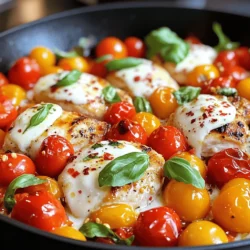 - 4 large boneless, skinless chicken breasts - 1 cup vibrant cherry tomatoes, halved - 1 cup fresh basil leaves, coarsely chopped - 3 cloves fresh garlic, minced - 1 teaspoon dried oregano - 1 teaspoon red pepper flakes (optional for a spicy kick) - 2 tablespoons high-quality olive oil - 1 cup low-sodium chicken broth - 1 cup creamy mozzarella cheese, shredded The main ingredients in this dish make it pop with flavor. The chicken breasts are the star. They soak up all the tasty juices. Cherry tomatoes add sweetness and a burst of color. Fresh basil brings a bright, herbal note that complements the dish. When it comes to seasonings, garlic is key. It adds aroma and depth. Dried oregano gives an earthy flavor that balances the dish. Red pepper flakes can add heat. If you like spice, sprinkle them in! Now, for the suggested accompaniments. High-quality olive oil is a must for cooking. It helps the chicken brown nicely and adds richness. Chicken broth creates a savory base for the sauce. Lastly, mozzarella cheese makes the dish creamy and comforting. For the full recipe, check the details above. You'll love how easy and delicious this Tomato Basil Chicken Skillet is! - Seasoning chicken breasts First, take your four chicken breasts. Season each one with sea salt and black pepper. Make sure to cover both sides. This step is key for flavor. - Heating the skillet Next, grab a large skillet. Pour in two tablespoons of olive oil. Heat the skillet over medium heat until the oil shimmers. This means it’s ready for cooking. - Searing the chicken until golden brown Carefully place the seasoned chicken in the hot skillet. Cook each side for 5 to 7 minutes. You want them to turn golden brown. Use a meat thermometer to check the internal temperature reaches 165°F. - Removing the chicken from the skillet Once cooked, remove the chicken from the skillet. Set it aside on a plate. This keeps it warm while you make your sauce. - Sautéing garlic and tomatoes With the skillet still on medium heat, add three minced garlic cloves. Sauté for about 30 seconds. Stir often, so it doesn’t burn. Then, add one cup of halved cherry tomatoes. Cook them for about 3 to 4 minutes. They should soften and release juices. - Adding chicken broth and seasonings Carefully pour in one cup of chicken broth. Sprinkle one teaspoon of dried oregano and red pepper flakes if you want some heat. Increase the heat a bit and let the sauce simmer. For the Full Recipe, you can check the complete steps for making this delicious dish! - To ensure the chicken is cooked through, use a meat thermometer. Aim for an internal temperature of 165°F. This guarantees your chicken is safe to eat and juicy. - Manage skillet temperature by keeping it at medium heat. Too high can burn the garlic and chicken, while too low may leave the chicken undercooked. - Adding more herbs can elevate the dish. Try fresh thyme or parsley for a new twist. - Using different cheese varieties can change the flavor profile. Consider adding parmesan for a sharper taste or goat cheese for creaminess. - Serve this dish directly from the skillet for a rustic and inviting look. - Garnishing ideas include a sprinkle of fresh basil or a drizzle of olive oil. This adds color and enhances the visual appeal. For more details on making this dish, check the Full Recipe. {{image_4}} You can switch out chicken for shrimp. Shrimp cooks fast and adds a nice twist. Just sauté them for 2-3 minutes until pink. This gives you a light, fresh meal. You can also use tofu if you want a vegetarian dish. Press the tofu to remove water, then cube it. Sauté the cubes like chicken for a tasty option. Want to spice things up? Add olives for a Mediterranean flair. They bring a salty flavor that pairs well with the tomatoes and basil. Another fun option is to mix in jalapeños. They add heat and make the dish exciting. Just chop them finely and add to the sauce while it simmers. If you need a gluten-free meal, it’s simple! Ensure your chicken broth is gluten-free. Most brands are safe, but always check the label. For a dairy-free version, skip the mozzarella cheese. You can use nutritional yeast instead for a cheesy flavor. This keeps the dish creamy without dairy. To keep your Tomato Basil Chicken Skillet fresh, cool it quickly. Let it sit out for no more than two hours after cooking. Use an airtight container for storage. This helps keep the moisture in and the flavors locked. You can freeze leftovers if you want to enjoy this dish later. Place the cooled chicken and sauce in a freezer-safe bag. Make sure to squeeze out as much air as possible before sealing. When you're ready to eat, thaw it in the fridge overnight. Heat it gently on the stove or in the microwave until it's hot all the way through. For the best taste, eat your dish within three days if stored in the fridge. If frozen, it can last up to three months. Check for signs of spoilage. Look for off smells, discoloration, or changes in texture. If something seems off, it's best to toss it out. Enjoy your cooking journey with the Full Recipe! Making this dish is quick and easy. It takes about 30 minutes total. Here's how the time breaks down: - Prep time: 10 minutes - Cook time: 20 minutes You can have a tasty meal on the table in no time. Yes, you can prepare this dish ahead of time. Cook the chicken and sauce and store them separately. Place them in airtight containers. You can keep them in the fridge for up to three days. When ready to serve, simply reheat the chicken and sauce in a skillet. This method keeps all the flavors fresh. This dish pairs well with many sides. Here are some great options: - Fluffy rice - Crusty bread - Roasted vegetables - A fresh green salad Each of these sides complements the chicken's rich flavors. The recipe has a hint of spice from the red pepper flakes. You can adjust the heat to your liking. For less heat, skip the red pepper flakes. If you want more spice, add extra flakes. This flexibility makes the dish enjoyable for everyone. This blog shared a simple recipe for Tomato Basil Chicken Skillet. You learned about key ingredients like chicken, tomatoes, and basil. I provided step-by-step cooking instructions and helpful tips to enhance flavor. Variations allow room for creativity, so feel free to adapt the recipe. Proper storage tips keep leftovers fresh and tasty. Cooking should be fun and easy. I hope you try this dish and enjoy it!
