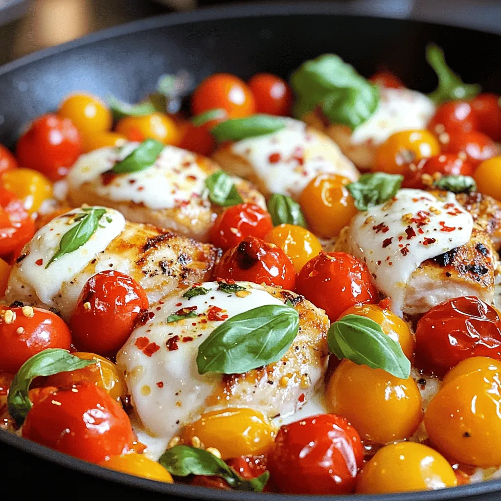 - 4 large boneless, skinless chicken breasts - 1 cup vibrant cherry tomatoes, halved - 1 cup fresh basil leaves, coarsely chopped - 3 cloves fresh garlic, minced - 1 teaspoon dried oregano - 1 teaspoon red pepper flakes (optional for a spicy kick) - 2 tablespoons high-quality olive oil - 1 cup low-sodium chicken broth - 1 cup creamy mozzarella cheese, shredded The main ingredients in this dish make it pop with flavor. The chicken breasts are the star. They soak up all the tasty juices. Cherry tomatoes add sweetness and a burst of color. Fresh basil brings a bright, herbal note that complements the dish. When it comes to seasonings, garlic is key. It adds aroma and depth. Dried oregano gives an earthy flavor that balances the dish. Red pepper flakes can add heat. If you like spice, sprinkle them in! Now, for the suggested accompaniments. High-quality olive oil is a must for cooking. It helps the chicken brown nicely and adds richness. Chicken broth creates a savory base for the sauce. Lastly, mozzarella cheese makes the dish creamy and comforting. For the full recipe, check the details above. You'll love how easy and delicious this Tomato Basil Chicken Skillet is! - Seasoning chicken breasts First, take your four chicken breasts. Season each one with sea salt and black pepper. Make sure to cover both sides. This step is key for flavor. - Heating the skillet Next, grab a large skillet. Pour in two tablespoons of olive oil. Heat the skillet over medium heat until the oil shimmers. This means it’s ready for cooking. - Searing the chicken until golden brown Carefully place the seasoned chicken in the hot skillet. Cook each side for 5 to 7 minutes. You want them to turn golden brown. Use a meat thermometer to check the internal temperature reaches 165°F. - Removing the chicken from the skillet Once cooked, remove the chicken from the skillet. Set it aside on a plate. This keeps it warm while you make your sauce. - Sautéing garlic and tomatoes With the skillet still on medium heat, add three minced garlic cloves. Sauté for about 30 seconds. Stir often, so it doesn’t burn. Then, add one cup of halved cherry tomatoes. Cook them for about 3 to 4 minutes. They should soften and release juices. - Adding chicken broth and seasonings Carefully pour in one cup of chicken broth. Sprinkle one teaspoon of dried oregano and red pepper flakes if you want some heat. Increase the heat a bit and let the sauce simmer. For the Full Recipe, you can check the complete steps for making this delicious dish! - To ensure the chicken is cooked through, use a meat thermometer. Aim for an internal temperature of 165°F. This guarantees your chicken is safe to eat and juicy. - Manage skillet temperature by keeping it at medium heat. Too high can burn the garlic and chicken, while too low may leave the chicken undercooked. - Adding more herbs can elevate the dish. Try fresh thyme or parsley for a new twist. - Using different cheese varieties can change the flavor profile. Consider adding parmesan for a sharper taste or goat cheese for creaminess. - Serve this dish directly from the skillet for a rustic and inviting look. - Garnishing ideas include a sprinkle of fresh basil or a drizzle of olive oil. This adds color and enhances the visual appeal. For more details on making this dish, check the Full Recipe. {{image_4}} You can switch out chicken for shrimp. Shrimp cooks fast and adds a nice twist. Just sauté them for 2-3 minutes until pink. This gives you a light, fresh meal. You can also use tofu if you want a vegetarian dish. Press the tofu to remove water, then cube it. Sauté the cubes like chicken for a tasty option. Want to spice things up? Add olives for a Mediterranean flair. They bring a salty flavor that pairs well with the tomatoes and basil. Another fun option is to mix in jalapeños. They add heat and make the dish exciting. Just chop them finely and add to the sauce while it simmers. If you need a gluten-free meal, it’s simple! Ensure your chicken broth is gluten-free. Most brands are safe, but always check the label. For a dairy-free version, skip the mozzarella cheese. You can use nutritional yeast instead for a cheesy flavor. This keeps the dish creamy without dairy. To keep your Tomato Basil Chicken Skillet fresh, cool it quickly. Let it sit out for no more than two hours after cooking. Use an airtight container for storage. This helps keep the moisture in and the flavors locked. You can freeze leftovers if you want to enjoy this dish later. Place the cooled chicken and sauce in a freezer-safe bag. Make sure to squeeze out as much air as possible before sealing. When you're ready to eat, thaw it in the fridge overnight. Heat it gently on the stove or in the microwave until it's hot all the way through. For the best taste, eat your dish within three days if stored in the fridge. If frozen, it can last up to three months. Check for signs of spoilage. Look for off smells, discoloration, or changes in texture. If something seems off, it's best to toss it out. Enjoy your cooking journey with the Full Recipe! Making this dish is quick and easy. It takes about 30 minutes total. Here's how the time breaks down: - Prep time: 10 minutes - Cook time: 20 minutes You can have a tasty meal on the table in no time. Yes, you can prepare this dish ahead of time. Cook the chicken and sauce and store them separately. Place them in airtight containers. You can keep them in the fridge for up to three days. When ready to serve, simply reheat the chicken and sauce in a skillet. This method keeps all the flavors fresh. This dish pairs well with many sides. Here are some great options: - Fluffy rice - Crusty bread - Roasted vegetables - A fresh green salad Each of these sides complements the chicken's rich flavors. The recipe has a hint of spice from the red pepper flakes. You can adjust the heat to your liking. For less heat, skip the red pepper flakes. If you want more spice, add extra flakes. This flexibility makes the dish enjoyable for everyone. This blog shared a simple recipe for Tomato Basil Chicken Skillet. You learned about key ingredients like chicken, tomatoes, and basil. I provided step-by-step cooking instructions and helpful tips to enhance flavor. Variations allow room for creativity, so feel free to adapt the recipe. Proper storage tips keep leftovers fresh and tasty. Cooking should be fun and easy. I hope you try this dish and enjoy it!