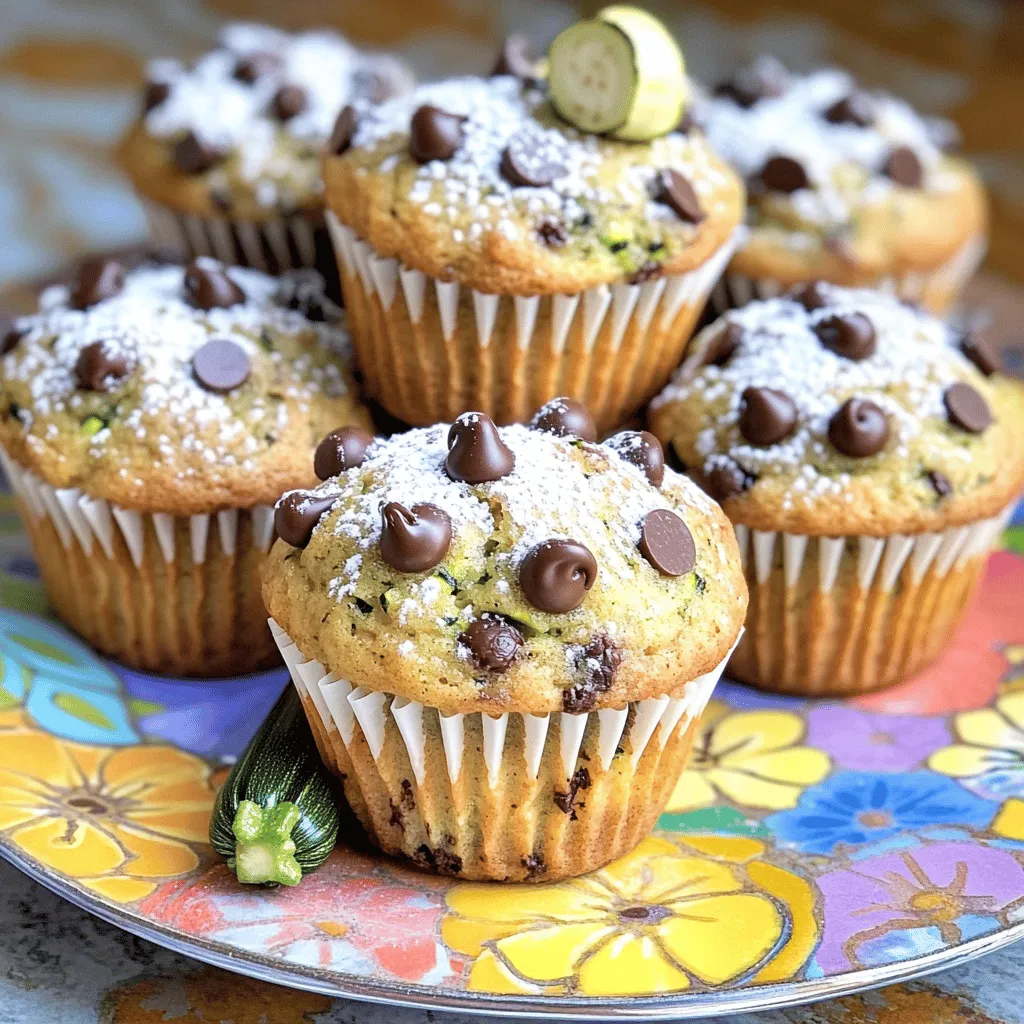 - 1 medium zucchini (finely grated) - 1 cup all-purpose flour - 1/2 cup whole wheat flour - 1/2 teaspoon baking soda - 1/2 teaspoon baking powder - 1/2 teaspoon salt - 1 teaspoon ground cinnamon The zucchini is the star of these muffins. It gives moisture and a soft texture. I use both all-purpose and whole wheat flours for a nice balance. The baking soda, baking powder, and salt help the muffins rise and taste great. Ground cinnamon adds warmth and spice, making each bite comforting. - 1/2 cup packed brown sugar - 1/4 cup granulated sugar - 2 large eggs - 1/2 cup vegetable oil (or melted coconut oil for a richer flavor) - 1 teaspoon vanilla extract - 1 cup semi-sweet chocolate chips I prefer a mix of brown and granulated sugar. Brown sugar gives a richer flavor. The eggs bind the ingredients together. The oil keeps muffins moist. Vanilla extract adds depth, while chocolate chips provide sweet bursts in every bite. - 1/2 cup chopped walnuts or pecans for added crunch - Other flavor options (such as peanut butter chips or dried fruit) For extra texture, I love adding nuts. They bring a nice crunch. You can also use peanut butter chips or dried fruit for unique flavors. Feel free to get creative! For the complete recipe, check out the [Full Recipe]. Preheat your oven to 350°F (175°C). This is the perfect temperature for baking. While it heats up, grab your muffin tin. You can line it with paper liners or spray it with non-stick spray. Using liners helps with easy cleanup and makes sure your muffins don’t stick. Take one medium zucchini and grate it finely. Place it in a large bowl with both sugars. Let this mix sit for about 5 minutes. This step helps draw out the moisture from the zucchini. Next, add in two large eggs and 1/2 cup of vegetable oil. You can also use melted coconut oil for a richer taste. Whisk everything together until it blends well. In a separate bowl, combine 1 cup of all-purpose flour, 1/2 cup of whole wheat flour, 1/2 teaspoon of baking soda, 1/2 teaspoon of baking powder, 1/2 teaspoon of salt, and 1 teaspoon of ground cinnamon. Stir these ingredients well. Mixing them this way ensures that the leavening agents and spices are evenly spread throughout your muffins. Now it’s time to mix the wet and dry bowls. Add the dry ingredients into the wet mix slowly. Use a spatula or a wooden spoon to combine them. Mix just until you see no dry flour. Avoid overmixing; this keeps the muffins light and fluffy. Gently fold in 1 cup of semi-sweet chocolate chips and any optional nuts like walnuts or pecans. Scoop the batter into your muffin tin, filling each cup about two-thirds full. This allows room for them to rise. Bake for 20-25 minutes. To check if they are done, insert a toothpick into the center of one muffin. If it comes out clean or with a few crumbs, they are ready. After baking, cool the muffins in the pan for about 5 minutes. Then transfer them to a wire rack. This helps them firm up for the best texture. For more details, check the Full Recipe. Use fresh ingredients at room temperature. This helps muffins bake evenly. Mix wet and dry ingredients gently. Overmixing can make your muffins dense, so stir just until combined. Add a dash of nutmeg or ginger for extra warmth. You can also try using dark chocolate chips or even white chocolate for a twist. Each type brings its own unique taste. Select firm, shiny zucchini for the best flavor. Fresh zucchini has more moisture, which keeps muffins soft. Grate the zucchini finely to blend well into the batter and avoid large chunks. For the full recipe, check out the detailed steps. Enjoy baking your delicious chocolate chip zucchini muffins! {{image_4}} To make these muffins gluten-free, use a blend of gluten-free flour. You can find mixes that work well for baking. Adjust moisture by adding a bit more liquid. Gluten-free flour can absorb more moisture than regular flour. If you want a vegan option, replace the eggs with flaxseed meal or applesauce. Use 1 tablespoon of flaxseed meal mixed with 2.5 tablespoons of water for each egg. For oil, substitute with coconut oil or any plant-based oil. This keeps the muffins moist and tasty. You can spice things up by adding nutmeg or ginger. A pinch of these spices can enhance the flavor. Consider incorporating pumpkin puree or shredded coconut for a unique twist. These ingredients add moisture and a delightful taste. For the full recipe, check out the original. To keep your chocolate chip zucchini muffins fresh, use an airtight container. Place the muffins in the container once they cool completely. Keep them at room temperature for up to three days. For longer storage, freeze them. Wrap each muffin in plastic wrap and then in aluminum foil. This helps prevent freezer burn. You can store them in the freezer for up to three months. When you want to enjoy your muffins again, reheating is key. You can use a microwave for quick warmth. Heat each muffin for about 15-20 seconds. If you want a crispier texture, use the oven. Preheat the oven to 350°F (175°C) and warm the muffins for 10-15 minutes. Try adding a pat of butter on top for extra flavor. You can also serve them warm with a sprinkle of cinnamon or a drizzle of honey for a special touch. For more ideas, check out the Full Recipe for variations to enjoy! To check if your muffins are ready, use a toothpick. Insert it into the center of a muffin. If it comes out clean or has a few moist crumbs, they are done. This is a simple way to avoid under or overbaking. You want your muffins soft and moist, not wet or dry. Yes, you can use frozen zucchini! Just remember to thaw it first. After thawing, drain the excess water. This helps keep the muffins from becoming too soggy. Frozen zucchini works well and is great for using leftover zucchini from your garden. You can swap out sugars with honey or maple syrup. These natural sweeteners add flavor and moisture. Use about 3/4 cup of honey or maple syrup instead of the sugars. Just remember to reduce the liquid in your recipe a little to keep the batter right. These muffins can stay fresh for about 3 days at room temperature. For longer storage, keep them in the fridge for up to a week. You can also freeze them for up to 3 months. Just make sure to wrap them tightly to avoid freezer burn. Absolutely! To make mini muffins, use a mini muffin pan. Fill each cup about halfway. Bake them for about 12-15 minutes. Keep an eye on them since they bake faster than regular-sized muffins. Enjoy these bite-sized treats! For the full recipe, check out the Deliciously Moist Chocolate Chip Zucchini Muffins. You now know how to make tasty chocolate chip zucchini muffins. We covered key ingredients, mixing steps, and baking tips. Remember to pick fresh zucchini for the best flavor. You can also try fun variations like gluten-free or vegan options. Store muffins properly to keep them fresh longer. With these insights, you can enjoy making and sharing these muffins. Happy baking!