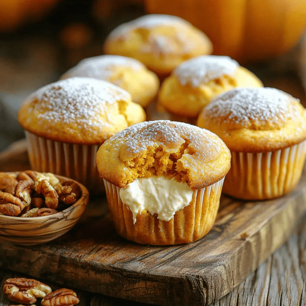 For the best pumpkin cream cheese stuffed muffins, gather these main ingredients: - 1 ½ cups all-purpose flour - 1 teaspoon baking soda - 1 teaspoon baking powder - ½ teaspoon salt - 1 teaspoon ground cinnamon - ½ teaspoon ground nutmeg - ½ teaspoon ground ginger - ½ cup granulated sugar - ½ cup packed brown sugar - 1 cup canned pumpkin puree - ¼ cup vegetable oil - 2 large eggs - 1 teaspoon vanilla extract These ingredients create a moist and flavorful muffin base. The pumpkin puree gives it a soft texture and a rich taste. The spices add warmth and depth. Next, gather the ingredients for the creamy filling that makes these muffins special: - 8 oz cream cheese, softened - ¼ cup powdered sugar - 1 tablespoon all-purpose flour - 1 teaspoon vanilla extract The cream cheese filling adds a delightful surprise. It contrasts perfectly with the pumpkin taste. You can make your muffins even better with these optional toppings: - Powdered sugar for dusting - Cream cheese glaze for drizzling - Chopped nuts for crunch These enhancements add beauty and flavor. They make your muffins stand out on any table. For the full recipe, check the description above. Start by preheating your oven to 350°F (175°C). This temperature is perfect for baking. Next, grab a muffin tin and line it with paper liners. This makes it easy to remove the muffins later. Make sure the liners fit snugly in each cup. In a medium bowl, whisk together the dry ingredients. You need flour, baking soda, baking powder, salt, cinnamon, nutmeg, and ginger. This mix gives the muffins a warm spice flavor. In a large bowl, mix the sugars, pumpkin puree, vegetable oil, eggs, and vanilla extract. Whisk until smooth. Slowly fold the dry mix into the wet mix. Do this gently to keep the muffins light and fluffy. For the cream cheese filling, take another bowl. Mix the softened cream cheese, powdered sugar, flour, and vanilla extract. Beat it until smooth. This filling adds a rich taste to each bite of your muffins. Spoon the pumpkin batter into each muffin liner, filling them halfway. Then, add a tablespoon of cream cheese filling on top. Offset it slightly to create a swirl. Lastly, cover the cream cheese with the remaining pumpkin batter. Make sure the filling is hidden. Place the muffin tin in the oven and bake for 18 to 20 minutes. Check if they are done by inserting a toothpick into the center. If it comes out clean, they are ready. Let the muffins cool in the tin for 5 minutes, then move them to a wire rack. This step keeps them fluffy and delicious. For the full recipe, check out the details above. To keep your muffins light, do not overmix the batter. Mixing too much can lead to dense muffins. Once you combine the wet and dry ingredients, stir gently until just mixed. It’s okay if a few lumps remain! Also, measure your flour correctly. Use a spoon to fill the measuring cup, then level it off with a knife. This method prevents adding too much flour, which can make the muffins heavy. Make sure your cream cheese is soft and at room temperature before mixing. This helps it blend smoothly with the other ingredients. When preparing the filling, beat it until it’s silky and free of lumps. This texture ensures that the filling will be creamy and delightful in each bite. Remember to offset the cream cheese filling slightly when adding it to the muffins. This creates a lovely swirl effect that looks great and adds flavor. After baking, let your muffins cool completely. For a nice touch, dust them with powdered sugar. You can also drizzle a simple cream cheese glaze on top for added sweetness. Arrange the muffins on a decorative platter for a beautiful display. Pair them with spiced nuts or a warm beverage like chai tea. These muffins shine during fall gatherings or any cozy morning. Check out the Full Recipe for more details! {{image_4}} For a gluten-free twist, swap regular flour with a gluten-free blend. Look for one that includes xanthan gum. This helps mimic the texture of all-purpose flour. Mix the gluten-free flour with the other dry ingredients. You can still enjoy these tasty muffins without gluten. To make these muffins dairy-free, use plant-based cream cheese. Brands like Tofutti or Daiya work well. Replace regular eggs with flax eggs. Combine one tablespoon of ground flaxseed with three tablespoons of water. Let it sit for five minutes. This mixture acts as a great egg substitute. You can add fun flavors to your muffins. Chocolate chips give a sweet touch. Use semi-sweet or dark chocolate. If you prefer crunch, add chopped nuts like walnuts or pecans. Fold these extras into the pumpkin batter for a tasty surprise. These variations make each muffin unique and exciting. For the full recipe, check out the guide above. Enjoy experimenting with these ideas! To keep your pumpkin cream cheese stuffed muffins fresh, place them in an airtight container. This helps keep moisture in while preventing them from drying out. You can store them at room temperature for about 2 to 3 days. If you want to keep them longer, the fridge is a great option, but they may dry out a bit. Freezing muffins is simple and effective. First, let them cool completely. Then, wrap each muffin in plastic wrap or place them in a freezer bag. Be sure to press out as much air as possible. They can last in the freezer for up to 3 months. When you want to enjoy one, simply thaw it in the fridge overnight or pop it in the microwave for a quick warm-up. Reheating your muffins can restore their soft texture. For the best results, use an oven or toaster oven. Preheat it to 350°F (175°C) and warm the muffins for about 5 to 10 minutes. If using a microwave, heat for 15 to 20 seconds. Keep an eye on them to avoid drying. Enjoy the warm, gooey cream cheese filling all over again! Yes, you can use fresh pumpkin. To do this, roast or steam a small pumpkin. Once it’s soft, scoop the flesh and mash it until smooth. Use this fresh puree in place of canned pumpkin. The flavor may be a bit brighter and fresher, giving your muffins a unique twist. To check if the muffins are done, use a toothpick. Insert it into the center of a muffin. If it comes out clean or with just a few crumbs, the muffins are ready. If wet batter sticks to the toothpick, bake them a few more minutes. If you need an egg substitute, try using unsweetened applesauce. Use 1/4 cup of applesauce for each egg you replace. You can also use mashed banana or a tablespoon of ground flaxseed mixed with water. These substitutes keep your muffins moist and fluffy. These muffins stay fresh for about three days at room temperature. Store them in an airtight container to keep them soft. If you want them to last longer, freeze them. They can stay good in the freezer for up to three months. Just thaw them overnight in the fridge before enjoying. You’ve learned how to make delicious pumpkin cream cheese stuffed muffins. We covered the main ingredients, step-by-step instructions, and helpful tips. I shared ways to adapt the recipe for different diets and all about storage. Now, get ready to enjoy your homemade muffins. They’re tasty and easy to share. With these tips, you will make perfect muffins every time. Happy baking!