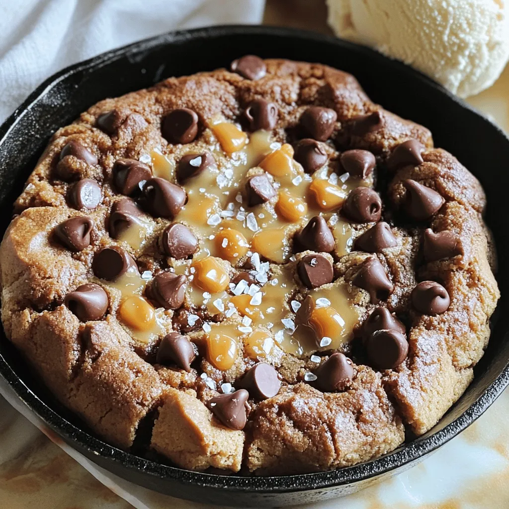 - 1 cup unsalted butter, softened - 1 cup packed brown sugar - 1/2 cup granulated sugar - 2 large eggs - 2 teaspoons pure vanilla extract - 2 cups all-purpose flour - 1 teaspoon baking soda - 1/2 teaspoon sea salt - 1 cup chocolate chips - 1/2 cup soft caramel candies, chopped - Flaky sea salt for garnish You can swap out unsalted butter for coconut oil or margarine. This works well if you want a dairy-free option. For sugar, try coconut sugar or even honey. Both can add unique flavors. If you need a gluten-free choice, use almond or oat flour instead of all-purpose flour. These options can make your cookie just as tasty. You will need a cast-iron skillet or any oven-safe frying pan. This helps the cookie bake evenly and gives it a nice crust. An electric mixer makes mixing easy and quick. Don't forget mixing bowls to hold your ingredients. These tools are key to making your skillet cookie a success. For the full recipe, check out the details above. First, you need to preheat your oven to 350°F (175°C). This temperature is key for baking. It helps the cookie cook evenly and rise well. If the oven is not hot enough, your cookie might bake slowly. This can affect the texture and taste. Next, let’s prepare the cookie dough. In a large mixing bowl, cream the softened butter, brown sugar, and granulated sugar. Use an electric mixer on medium speed. Mix for about 3-4 minutes until fluffy. After that, add the eggs one at a time. Mix well after each egg. Then, stir in the vanilla extract until blended. In another bowl, whisk the flour, baking soda, and sea salt together. Gradually add this dry mix to the wet mix. Stir gently until just combined. It’s important not to over-mix. Finally, fold in the chocolate chips and chopped caramel candies. This ensures they are spread evenly in the dough. Now, it's time to bake! Spoon the dough into your prepared skillet. Use a spatula to spread the dough evenly. Place the skillet in your preheated oven. Bake for 25-30 minutes. The edges should turn golden brown, and the center should be set. To check if it’s done, insert a toothpick in the center. It should come out mostly clean, with a few moist crumbs. Once baked, take the skillet out of the oven. While it’s still warm, sprinkle flaky sea salt on top. This adds a nice flavor contrast. Let the cookie cool in the skillet for about 10 minutes. Then, slice it into wedges or serve it warm straight from the skillet. For the full recipe, check out the section above. Enjoy your delicious creation! To get a chewy center and crispy edges, use the right butter. Softened butter is key. Cream it well with sugars until fluffy. This step adds air and helps the cookie rise. Do not over-mix the dough after adding flour. Gentle folding keeps the texture light. Bake until the edges are golden. The center should look set but soft. Choosing between milk and dark chocolate can change the flavor. Milk chocolate adds a sweet, creamy touch. It melts beautifully and mixes well with caramel. Dark chocolate gives a rich, bold taste. It balances the sweetness of the cookie. I often use a mix of both for a layered flavor experience. For a delightful presentation, serve warm slices right from the skillet. Top them with a scoop of vanilla ice cream. Adding a drizzle of caramel sauce makes it special. You can also sprinkle extra flaky sea salt on top. This contrast of flavors will impress your guests and make them want more. For the full recipe, check the details shared earlier. {{image_4}} You can take your skillet cookie to the next level. Adding nuts boosts texture and flavor. Try using chopped walnuts or pecans. These add a nice crunch. You can also switch up the chocolate. Use dark chocolate for a richer taste. White chocolate adds a sweet twist. Mix and match to find your favorite! Making a vegan version is easy. Swap butter with coconut oil and use flax eggs. For sugar-free options, choose sweeteners like erythritol or monk fruit. These choices keep the cookie tasty and healthy. You can still enjoy this treat without eggs or sugar! Get creative with toppings! Serve warm slices with vanilla ice cream. Drizzle extra caramel sauce on top for a sweet touch. You can also sprinkle crushed nuts or sea salt for added flavor. Fresh berries make a great garnish too. These toppings make your skillet cookie look and taste gourmet! For the full recipe, check out the details above. To keep your caramel chocolate chip skillet cookie fresh, place it in an airtight container. This will help prevent it from drying out. If you have leftovers, store them at room temperature for up to three days. If you want to keep it longer, consider refrigeration. Just remember to bring it back to room temperature before serving for the best taste. When you're ready to enjoy leftovers, reheating is key. Preheat your oven to 350°F (175°C). Place a slice of the cookie on a baking sheet. Heat for about 5-10 minutes. You want it warm, not hot, to keep the cookie soft. For a quick fix, you can microwave a slice for about 15 seconds. This will make it gooey and delightful again. If you want to save some for later, you can freeze the cookie. First, let it cool completely. Then, wrap it tightly in plastic wrap or aluminum foil. You can also place it in a freezer-safe bag. It will stay fresh for up to three months. When you're ready to eat it, thaw it overnight in the fridge. Then, reheat as mentioned above for a fresh-out-of-the-oven taste. Yes, you can make the cookie dough ahead of time. This makes baking easy! Just prepare the dough, wrap it tightly in plastic wrap, and store it in the fridge for up to three days. If you want to keep it longer, freeze the dough for up to three months. When you're ready to bake, let it thaw in the fridge overnight. Then, scoop and bake as usual. Look for a few signs when baking your skillet cookie. The edges should turn golden brown. The center should appear set but slightly soft. A toothpick test works well, too. Insert it into the center, and it should come out with a few moist crumbs. If it comes out clean, it may be overbaked. Serving this cookie is part of the fun! I love to serve warm slices right from the skillet. Pair it with a scoop of creamy vanilla ice cream. Drizzle extra caramel sauce on top for a sweet touch. You can also sprinkle some flaky sea salt to enhance the flavors. This makes every bite special! In this post, we explored the ingredients and techniques for baking the perfect cookie. We covered essential tools, tips for great texture, and ways to personalize your treat. Remember, ingredients matter, so choose wisely for the best flavor. Don't shy away from making variations or trying new serving ideas. Lastly, properly store your cookies to keep them fresh and tasty. Now, you have everything to bake cookies that everyone will love. Enjoy your baking adventure!