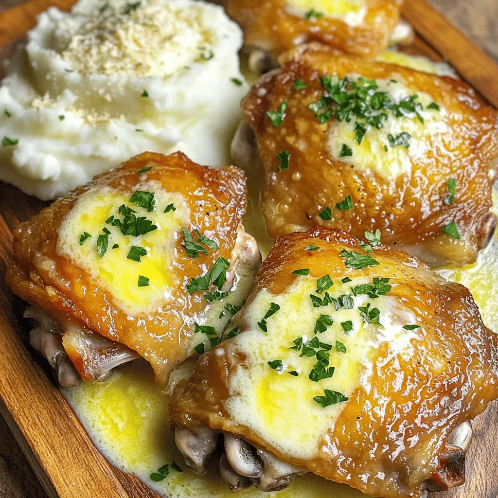 For this dish, you need 6 bone-in, skin-on chicken thighs. The skin helps keep the meat moist while cooking. Bone-in thighs add flavor and keep the meat juicy. You want 1/4 cup of unsalted butter, melted and 4 cloves of garlic, finely minced. The butter adds richness, while the garlic gives a strong, savory taste. Grab 1 cup of freshly grated Parmesan cheese and 1 teaspoon of mixed dried Italian herbs. The cheese adds a creamy texture. The herbs, like oregano, thyme, and basil, bring a fresh aroma and flavor. For seasoning, use 1 teaspoon of garlic powder, and add salt and freshly cracked pepper to taste. The garlic powder boosts the garlic flavor. Salt and pepper enhance all the other tastes. Don’t forget to garnish with fresh parsley, finely chopped for a pop of color and fresh taste! Start by drying the chicken thighs with paper towels. This helps the skin get crispy. Next, season both sides of the chicken well with salt and freshly cracked pepper. This adds great flavor and helps the seasoning stick. In a medium bowl, melt the unsalted butter. Add in the minced garlic, grated Parmesan cheese, dried Italian herbs, and garlic powder. Mix everything together until it is smooth. This mixture is what makes the chicken so tasty. Place the seasoned chicken thighs in your slow cooker. Make sure to lay them in one layer. Pour the garlic Parmesan mixture over the chicken. Use a spoon to spread it around so each thigh is coated well. Put the lid on the slow cooker. Cook the chicken on low for 6 hours or on high for 3 hours. It’s done when the chicken is fork-tender and reaches an internal temperature of 165°F (75°C). When the cooking is done, carefully lift the chicken from the slow cooker. Place it on a serving platter. Drizzle some of the cooking sauce over the chicken for extra flavor. To add a pop of color, sprinkle the chopped parsley on top of the chicken right before serving. This makes the dish look fresh and bright. To get that crispy skin on your chicken thighs, start by drying them well. Use paper towels to remove moisture. The dryer the skin, the better it will crisp up. After drying, season each thigh with salt and pepper. This step is key for flavor. You can also broil the chicken for a few minutes after cooking. This will give it a perfect golden finish. Want to make this dish even tastier? Try adding lemon zest to the garlic Parmesan mix. A bit of lemon juice can brighten the flavors too. You can also swap in fresh herbs for dried ones. Fresh thyme or rosemary adds a lovely taste. If you like heat, add a pinch of red pepper flakes to the blend. It adds a nice kick without being too spicy. When it comes to serving, let the chicken rest for a few minutes after cooking. This helps keep the juices in. Slice the thighs carefully and serve them on a platter. Drizzle the cooking sauce over the chicken for extra flavor. For sides, creamy mashed potatoes or roasted veggies pair well. A sprinkle of extra Parmesan on top makes it look great. Don’t forget to add fresh parsley for a pop of color! {{image_4}} You can switch up the chicken thighs for chicken breasts if you prefer. Chicken breasts cook faster, so adjust the time to about 4 hours on low. You can also use skinless chicken thighs for a lighter option. If you want a kick, add crushed red pepper flakes to the garlic Parmesan mixture. For a twist, try adding lemon zest for a fresh taste. If your slow cooker is smaller, use fewer chicken thighs. Four thighs can fit in a smaller cooker. If you have a bigger cooker, you can double the recipe. Just make sure to increase the butter and cheese as well. This way, every piece gets that rich flavor. For a dairy-free version, swap the Parmesan with nutritional yeast. This will give you a cheesy flavor without the dairy. To make it gluten-free, check all labels for hidden gluten. You can also use olive oil instead of butter for a heart-healthy option. These changes let everyone enjoy this tasty meal! To store leftover chicken thighs, place them in an airtight container. Make sure the chicken cools to room temperature first. Store the container in the fridge. Use the leftovers within three to four days for the best taste. When you reheat the chicken, do it gently. You can use the microwave or the oven. If using the microwave, heat it on medium power for short bursts. If using the oven, cover the chicken with foil and heat at 350°F (175°C) until warm. This keeps the chicken moist. If you want to freeze the chicken, wrap each thigh in plastic wrap. Then, place them in a freezer-safe bag or container. Remove as much air as possible. The chicken can last in the freezer for up to three months. Thaw it in the fridge before reheating. To cook chicken thighs in a slow cooker, set it to low for 6 hours. If you're in a hurry, you can cook them on high for about 3 hours. The meat will be tender and full of flavor. Yes, you can use chicken breasts. They will cook faster than thighs. Adjust the cooking time to about 4 hours on low or 2 hours on high. However, thighs are juicier and more flavorful. This dish goes great with many sides. Here are some tasty options: - Creamy mashed potatoes - Colorful roasted vegetables - Steamed green beans - Garlic bread These sides will balance the flavors and make a complete meal. The chicken is done when it is fork-tender and reaches an internal temperature of 165°F. Use a meat thermometer for accuracy. If it's tender and the juice runs clear, it’s ready to serve. Yes, you can prepare this dish in advance. Season the chicken and mix the sauce ahead of time. Store them in the fridge for up to a day. When you’re ready, just cook them in the slow cooker. This blog post outlined how to make tasty garlic Parmesan chicken. We went through the key ingredients, step-by-step instructions, and tips for great results. You learned how to store leftovers and answered common questions. In closing, this dish offers flavor and fun. Feel free to adapt it to fit your taste. Enjoy cooking and sharing this meal with others!