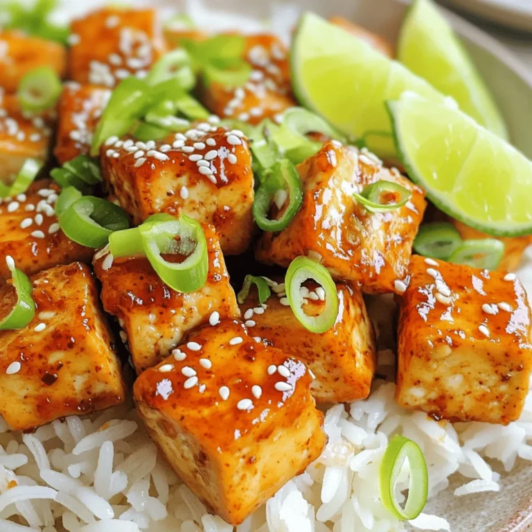 - 1 block (14 oz) firm tofu, thoroughly drained and pressed - 3 tablespoons sweet chili sauce - 2 tablespoons soy sauce - 1 tablespoon fresh lime juice - 1 tablespoon sesame oil The main ingredients form the base of our flavor-packed dish. Firm tofu works best for this recipe. It holds its shape and absorbs flavors well. Sweet chili sauce gives a nice kick of sweetness and heat. The soy sauce adds depth and saltiness. Fresh lime juice brightens the dish, while sesame oil adds a touch of nuttiness. - 2 cloves garlic, finely minced - 1 teaspoon fresh ginger, grated Aromatics like garlic and ginger make a big difference. They boost the dish's flavor. Garlic adds a savory note, while ginger brings warmth and a hint of spice. Together, they create a lovely aroma that fills your kitchen. - 1 tablespoon cornstarch - 2 green onions, thinly sliced (for garnish) - Sesame seeds (for garnish) Cornstarch is essential for that crispy texture. It coats the tofu and helps it get golden brown in the oven. Green onions and sesame seeds are perfect for garnishing. They add color and crunch to your dish, making it look as good as it tastes. - Preheat the oven to 400°F (200°C). - Line a baking sheet with parchment paper. - Cut the pressed tofu into your desired shape. You can make cubes or slabs. - In a medium bowl, whisk together the marinade ingredients: sweet chili sauce, soy sauce, lime juice, sesame oil, minced garlic, and grated ginger. - Add the tofu to the marinade and toss gently. Make sure every piece is coated. For deeper flavor, let it marinate for at least 15 minutes. - After marinating, coat the tofu with cornstarch. This helps it get crispy. - Arrange the tofu pieces on the baking sheet in a single layer. Don’t crowd them; this helps them cook evenly. - Bake for 25-30 minutes. Turn the tofu pieces halfway through. This gives them a nice golden color. Enjoy your flavorful Sweet Chili Lime Baked Tofu as a tasty dish! For the best flavor, marinate your tofu for at least 15 minutes. This time allows the tofu to soak up the sweet chili sauce and other ingredients. If you have more time, marinating for up to an hour can deepen the flavor even further. To enhance your marinade, consider adding a splash of rice vinegar or a pinch of red pepper flakes. This will give your tofu an extra kick. Cornstarch is key to getting that crunchy texture when you bake tofu. It creates a barrier that helps the tofu crisp up nicely in the oven. Make sure to coat each piece lightly, as too much can make it clump. To achieve optimal crispiness, set your oven to 400°F (200°C). This high heat ensures the tofu cooks evenly and develops a golden crust. Serve your Sweet Chili Lime Baked Tofu over fluffy jasmine rice or a mix of greens for a vibrant meal. This adds color and texture to your plate. For garnishes, sprinkle sliced green onions and sesame seeds on top. These not only look great but also add flavor. You can even add extra lime wedges on the side. A fresh squeeze of lime right before eating brightens up the dish and enhances the taste! {{image_4}} You can easily change the flavor of your Sweet Chili Lime Baked Tofu. If you like heat, add Sriracha. Just a teaspoon or two will make it spicy. This gives the dish a nice kick that many enjoy. Another option is to switch sweet chili sauce brands. Each brand has its own taste. Some sauces are sweeter or spicier. Try a few to find your favorite. You might discover a new flavor you love! You can also change the ingredients in this recipe. If you don’t have sesame oil, you can use olive oil or avocado oil. These oils will still give your tofu a nice flavor. For the tofu, you can use extra-firm or firm tofu. Both types work well. If you prefer a different texture, try tempeh instead. Tempeh has a nuttier taste and will add a new twist to the dish. Making this dish fit your diet is simple. To make it gluten-free, use tamari instead of soy sauce. Tamari is a great alternative that tastes just as good. If you want to ensure it’s vegan-friendly, check your sweet chili sauce. Some brands may contain fish sauce. Choose a brand that is labeled vegan for a worry-free meal. This way, everyone can enjoy the dish! To store your baked tofu, let it cool first. Place it in an airtight container. Keep it in the fridge. Baked tofu stays fresh for up to four days. To reheat, use an oven or a skillet. Preheat your oven to 350°F (175°C). Bake for about 10 minutes to keep it crispy. In a skillet, use medium heat and cook until warm. You can freeze leftover tofu, too. Wrap it tightly and store it for up to three months. Leftover baked tofu is very versatile. You can slice it for salads or wraps. It adds a protein boost to grain bowls. Try it in stir-fries or as a topping on rice. The sweet chili lime flavor works well with many dishes. The best type of tofu for baking is firm tofu. It holds its shape well and has a nice texture. Extra-firm tofu also works if you want a chewier bite. Soft or silken tofu can fall apart when baked, so avoid those. Yes, you can use homemade sweet chili sauce. Just make sure it has a good balance of sweetness and heat. Homemade sauce can even taste fresher than store-bought options. To make this dish spicier, add Sriracha or red pepper flakes to the marinade. You can also use a spicy chili sauce instead of sweet chili sauce. Adjust the amount to fit your heat level. Yes, you can bake tofu without cornstarch. However, cornstarch helps create a crisp texture. If you skip it, the tofu may be softer. You can simply bake it longer to achieve a firmer texture. Sweet Chili Lime Baked Tofu is rich in protein and low in carbs. A serving provides about 140 calories, 12 grams of protein, and 8 grams of fat. It also offers vitamins from the lime juice and green onions. For exact values, check the specific brands you use. Baking tofu is fun and easy with the right ingredients and steps. You learned about essential ingredients like firm tofu, sweet chili sauce, and sesame oil. I shared tips to make your tofu crispy and delicious. You can also customize flavors and make it fit your diet. In the end, this dish is tasty and versatile. Enjoy your Sweet Chili Lime Baked Tofu with friends or as leftovers. You can mix it into salads, wraps, or serve it on its own! Your kitchen skills will impress everyone.