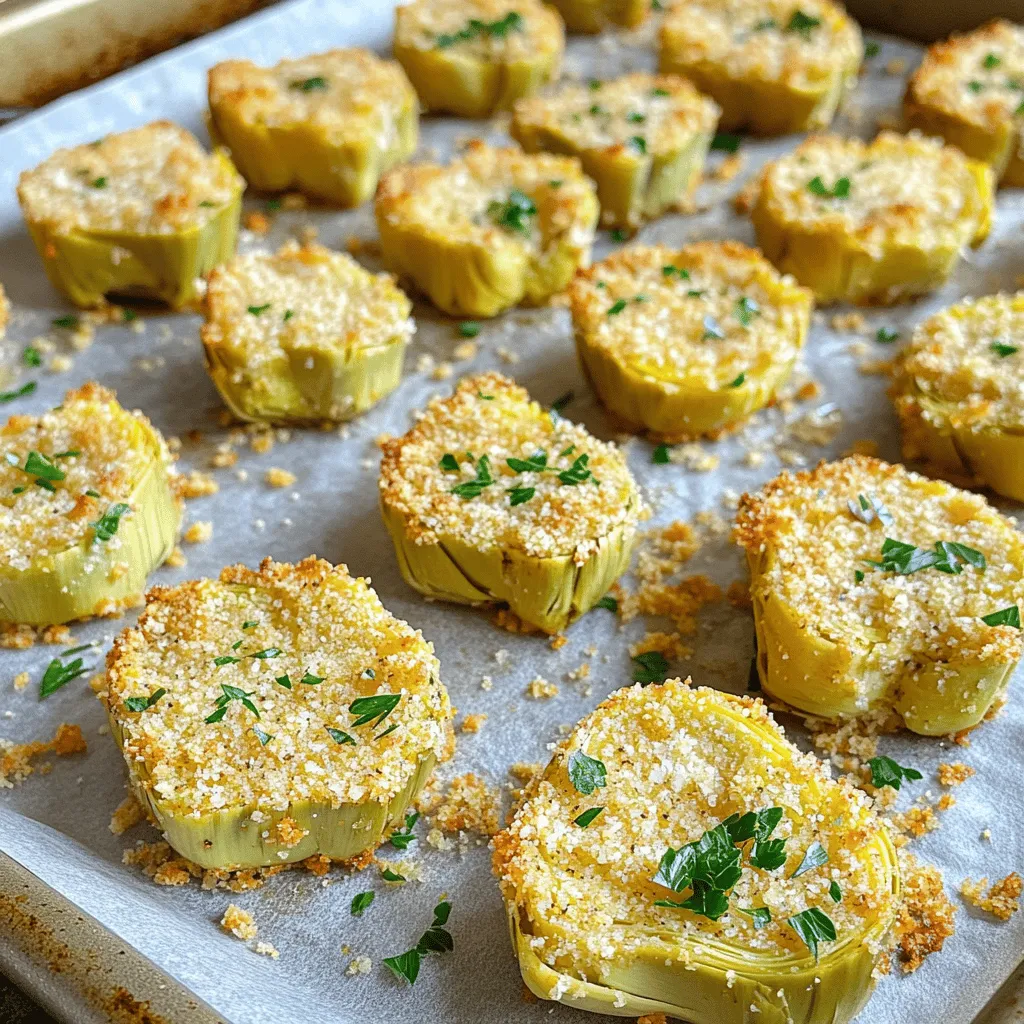 - 1 can (14 oz) artichoke hearts, drained and rinsed - 1 cup gluten-free breadcrumbs - 1/2 cup grated Parmesan cheese - 1/4 cup fresh parsley, finely chopped (for garnish) - 3 cloves garlic, finely minced - 1 teaspoon dried oregano - 1 teaspoon smoked paprika - 1/2 teaspoon freshly ground black pepper - 1/4 teaspoon sea salt - 2 large eggs - Olive oil spray To make crispy garlic Parmesan artichoke hearts, gather your ingredients first. The artichoke hearts are the star. Their tender texture provides a lovely base for the crunch you want. The gluten-free breadcrumbs give a satisfying crisp. I love using gluten-free options to keep this dish open for everyone. Grated Parmesan cheese adds a rich flavor that pairs well with artichokes. The fresh parsley brightens the dish, making it look appealing. Garlic brings a punch of flavor. I prefer fresh garlic for its strong aroma. The dried oregano adds a warm, earthy taste that balances well with the smoked paprika. Smoked paprika gives a hint of sweetness and depth. Black pepper adds a mild heat, while sea salt enhances all the flavors. The eggs act as a glue. They help the breading stick to the artichokes. A light spray of olive oil on top helps them crisp up in the oven. Each ingredient plays a role in creating the perfect crispy garlic Parmesan artichoke hearts. 1. Preheat your oven to 400°F (200°C). Line a baking sheet with parchment paper. This makes clean-up easy. 2. In a shallow bowl, mix the gluten-free breadcrumbs, grated Parmesan, minced garlic, dried oregano, smoked paprika, black pepper, and sea salt. Stir well to combine. 3. In another shallow bowl, crack the eggs and whisk them until blended and frothy. 1. Take each artichoke heart and dip it into the egg mixture. Make sure it is fully coated. 2. Next, roll the artichoke in the breadcrumb mixture. Ensure it is covered completely. 3. Place the coated artichoke hearts on the prepared baking sheet. Repeat until all are coated. 1. Bake the artichoke hearts for 20-25 minutes. Watch them closely to prevent burning. 2. After baking, let them cool on the sheet for a few minutes. 3. Garnish the crispy artichokes with chopped fresh parsley. This adds color and flavor. 4. Serve on a stylish platter, arranged in a circle. Pair with a creamy dip for added flavor. To make your artichoke hearts crispy, you need to use olive oil spray. This helps the coating turn golden and crunchy. Spray just enough on top before baking. It makes a big difference! Also, place your baking sheet in the center of the oven. This ensures even heat and perfect browning. When you coat the artichokes, make sure each heart is fully covered in the egg mix. This helps the breadcrumbs stick well. If you do not coat them enough, the crust may become soggy. Take your time and dip each one thoroughly before rolling it in the breadcrumb mix. Adjust the seasoning to your taste. You might want more garlic or a bit more salt. This dish is all about your preference! For dips, I suggest pairing with a creamy garlic aioli or a fresh lemon-tahini sauce. These choices will enhance the flavor and make every bite delightful. {{image_4}} For a twist, try different cheeses. You can use mozzarella or feta cheese instead of Parmesan. This change gives a new flavor and texture. If you want a dairy-free option, try a vegan cheese. Just ensure it melts well. When it comes to breadcrumbs, you can also swap them out. Use crushed cornflakes or ground nuts to keep it gluten-free. These alternatives add crunch and flavor. Want to spice it up? Adding cayenne pepper gives a nice kick. Just a pinch can make a big difference. You can also add other spices like garlic powder for an extra garlic taste. Fresh herbs make a dish pop. Try adding basil or thyme. These herbs brighten the flavor and add freshness. You can mix them into the breadcrumb mix or sprinkle them on top before serving. These crispy delights shine with various dips. Serve them with a creamy garlic aioli or zesty lemon-tahini sauce. Both add more flavor and make them a hit at any gathering. Feeling creative? Use the crispy artichokes as a salad topping. They add crunch and a fun twist to any green salad. Try mixing them into a Caesar salad or a simple greens mix. To store your leftover crispy garlic Parmesan artichoke hearts, let them cool first. Place them in an airtight container. This keeps them fresh and prevents them from drying out. You can store them in the fridge for up to three days. Use a container that fits snugly to avoid excess air. If you want to save these tasty bites for later, freezing is a great option. First, let the artichokes cool completely. Then, lay them out on a baking sheet in a single layer. Freeze them for about an hour. Once frozen, transfer them to a freezer-safe bag. Squeeze out as much air as possible before sealing. They can last up to three months in the freezer. When you're ready to eat, take out the desired amount. Thaw them in the fridge overnight. You can also use the microwave for a quick thaw, but be careful not to overdo it. For reheating, the oven is best. Preheat it to 375°F (190°C). Place the artichoke hearts on a baking sheet. Heat them for about 10-15 minutes. This keeps them crispy. If you use a microwave, the artichokes may turn soft. If you must use it, heat in short bursts. Check often to avoid sogginess. The oven is your best friend for keeping that delightful crunch! Yes, you can use fresh artichoke hearts! Here’s how to prepare them: - Start with whole artichokes. - Trim the leaves until you reach the tender heart. - Boil or steam them until soft, about 20-30 minutes. - Let them cool, then remove the fuzzy choke. - Cut the hearts into quarters and follow the same coating steps as with canned artichokes. To make Crispy Garlic Parmesan Artichoke Hearts vegan, use substitutes for eggs. - You can use ground flaxseed mixed with water. - Mix 1 tablespoon of flaxseed with 2.5 tablespoons of water. - Let this sit for 5 minutes until it thickens. - Use this mixture to coat the artichokes instead of eggs. These crispy bites pair well with many dishes and dips. - Serve with a creamy garlic aioli for a rich dip. - Try a zesty lemon-tahini sauce for a fresh flavor. - You can also serve them alongside a simple salad or pasta for a full meal. - Arrange them on a platter for a beautiful presentation! This blog post covered how to make Crispy Garlic Parmesan Artichoke Hearts. We explored the key ingredients, like artichoke hearts and gluten-free breadcrumbs. I shared step-by-step instructions for preparation, coating, and baking. You learned tips for crispiness and flavor enhancement. We also discussed variations, storage, and common questions. Enjoy creating your artichoke dish. With these tips, you’ll impress anyone at your table!
