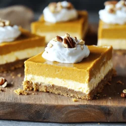 - 1 ½ cups graham cracker crumbs - ½ cup unsalted butter, melted - 2 tablespoons brown sugar - 1 teaspoon ground cinnamon - 16 oz cream cheese, softened - 1 cup granulated sugar - 1 cup pure pumpkin puree - 3 large eggs, at room temperature - 1 teaspoon vanilla extract - 1 teaspoon ground nutmeg - Pinch of salt - Whipped cream, for topping - Crushed pecans, for garnish To make these pumpkin cheesecake bars, you need a mix of sweet and creamy ingredients. The graham cracker crumbs form a base that is crunchy and sweet. The unsalted butter helps bind the crumbs together. Brown sugar adds a deep flavor, while cinnamon warms up the crust. For the filling, cream cheese is the star. It gives a rich, smooth texture. Pure pumpkin puree brings in that lovely fall flavor. Eggs add structure, while vanilla extract and nutmeg enhance the taste. Finally, a pinch of salt balances all the flavors. If you need to make changes, you can use gluten-free graham crackers for the crust. For a vegan version, try plant-based cream cheese. You can also use coconut oil instead of butter. These swaps let everyone enjoy this yummy dessert. Each serving of these bars has about 250 calories. It contains around 15 grams of fat and 20 grams of sugar. The bars also provide protein from the cream cheese and eggs. If you want to lower the sugar, consider using a sugar substitute. Preheating your oven is key. Set it to 350°F (175°C). This step ensures even baking. If your oven is not hot enough, the bars may not set well. Also, prepare a 9x13 inch baking pan with parchment paper. This makes it easy to lift out the bars later. To make the crust, gather these ingredients: - 1 ½ cups graham cracker crumbs - ½ cup unsalted butter, melted - 2 tablespoons brown sugar - 1 teaspoon ground cinnamon In a medium bowl, mix the graham cracker crumbs, melted butter, brown sugar, and cinnamon. Stir until the mixture looks like wet sand. This texture helps it hold together when pressed into the pan. For the filling, you will need: - 16 oz cream cheese, softened - 1 cup granulated sugar - 1 cup pure pumpkin puree - 3 large eggs, at room temperature - 1 teaspoon vanilla extract - 1 teaspoon ground nutmeg - Pinch of salt Start with softened cream cheese. Use an electric mixer to beat it until smooth. Gradually add in the granulated sugar. Mix until everything is well combined. Then, add the pumpkin puree, eggs, vanilla, nutmeg, and salt. Beat until the mixture is lump-free. This ensures a creamy texture in your bars. When baking, keep an eye on the time. Bake the cheesecake for about 30-35 minutes. The center should look set but may still jiggle slightly. To check for doneness, insert a toothpick into the center. If it comes out clean, your bars are ready. Avoid overbaking to keep them creamy and delicious. To boost the flavor of your pumpkin cheesecake bars, use fresh spices. Ground cinnamon and nutmeg give warmth and depth. Always choose high-quality vanilla extract for the best taste. You can also mix in a bit of ginger or allspice for a unique twist. Just a pinch can make a big difference. For a smooth and creamy texture, make sure your cream cheese is soft. This helps avoid lumps. Beat the cream cheese well before adding other ingredients. Mix gently after adding eggs to keep air bubbles out. If you see cracks on top, it often means the bars baked too long. Keep an eye on them toward the end of baking. Serve your pumpkin cheesecake bars in fun ways. A dollop of whipped cream on top adds creaminess. You can also sprinkle crushed pecans for extra crunch. Try adding a drizzle of caramel or chocolate sauce for a sweet touch. Arrange the bars on a pretty plate for a beautiful presentation. {{image_4}} You can make these pumpkin cheesecake bars even more fun with flavor twists. Here are two ideas: - Chocolate pumpkin cheesecake bars: Add half a cup of melted chocolate to the filling. This mix gives a rich taste that everyone loves. The chocolate pairs well with pumpkin's warmth. - Maple pumpkin cheesecake bars: Swap out half of the sugar for maple syrup. This change adds a sweet, earthy flavor. You can also drizzle some maple syrup on top before serving for extra flair. Many people have special diets today. You can easily adapt this recipe for different needs: - Gluten-free: Use gluten-free graham crackers instead of regular ones. This swap keeps the crust crisp and tasty. - Dairy-free: Choose plant-based cream cheese for the filling. You can also use coconut milk instead of regular milk for a creamy texture. - Low-sugar: Reduce the sugar in the recipe. Use a sugar substitute like erythritol to keep it sweet without the calories. Using the right pumpkin can change the flavor. Here’s how to choose: - Fresh pumpkin: If you use fresh pumpkin, roast it first. This step helps bring out the natural sweetness. Make sure to blend it until smooth. - Canned pumpkin puree: This option is quick and easy. Just make sure to buy 100% pure pumpkin. It saves time without losing flavor. Plus, it’s consistent and always ready to use. Experiment with these variations to find your favorite. Each one brings a unique twist to pumpkin cheesecake bars. To keep your pumpkin cheesecake bars fresh, store them in an airtight container. Place parchment paper between layers to avoid sticking. This method helps maintain moisture and flavor. Always store them in the fridge. If you plan to eat them within a few days, this is perfect. Freezing your bars is simple. First, let them cool completely after baking. Next, cut them into squares. Wrap each square in plastic wrap. Then, place the wrapped bars in a freezer-safe bag. Make sure to remove as much air as possible. To thaw, take them out and place them in the fridge overnight. Enjoy them cold or let them sit for a bit at room temperature. In the fridge, these bars last about a week. They stay tasty and fresh if stored properly. If you freeze them, they can last up to three months. Just remember to label the container with the date, so you know when to enjoy them! Yes, you can make pumpkin cheesecake bars ahead of time. I suggest preparing them a day before you plan to serve. After baking, let them cool at room temperature for one hour. Then, chill them in the fridge for at least three hours or overnight. This helps the flavors blend well. To get clean cuts, use a sharp knife. Dip the knife in hot water, then wipe it dry before each cut. This method helps prevent sticking. You can also use a ruler to measure equal squares. It makes serving easier and looks nice. Yes, these bars freeze well! To freeze, let them cool completely and cut them into squares. Wrap each piece in plastic wrap, then place them in a freezer bag. They can last up to three months. When ready to eat, thaw them in the fridge overnight. Cracks often happen due to rapid temperature changes or overbaking. To avoid this, bake at a low temperature and avoid opening the oven door. If cracks form, don’t worry! You can cover them with whipped cream or nuts for a tasty fix. Serve the bars chilled for the best taste. Top each square with a dollop of whipped cream. Add a sprinkle of crushed pecans for crunch and flavor. Arrange them on a nice plate for a beautiful presentation. Check for doneness by inserting a toothpick into the center. It should come out clean or with a few moist crumbs. The edges will puff up a bit, and the center will be set but slightly jiggly. This means they will firm up as they cool. You learned everything you need for delicious pumpkin cheesecake bars. We covered the key ingredients, from the graham cracker crust to creamy filling. I shared tips to enhance flavor, achieve a smooth texture, and present your bars beautifully. Don't forget the variations that cater to different tastes and dietary needs. With the right storage methods, you can enjoy these treats long after baking. Remember, practice makes perfect, so don’t hesitate to try again if things don’t go as planned. Now, you're ready to impress everyone with your baking!