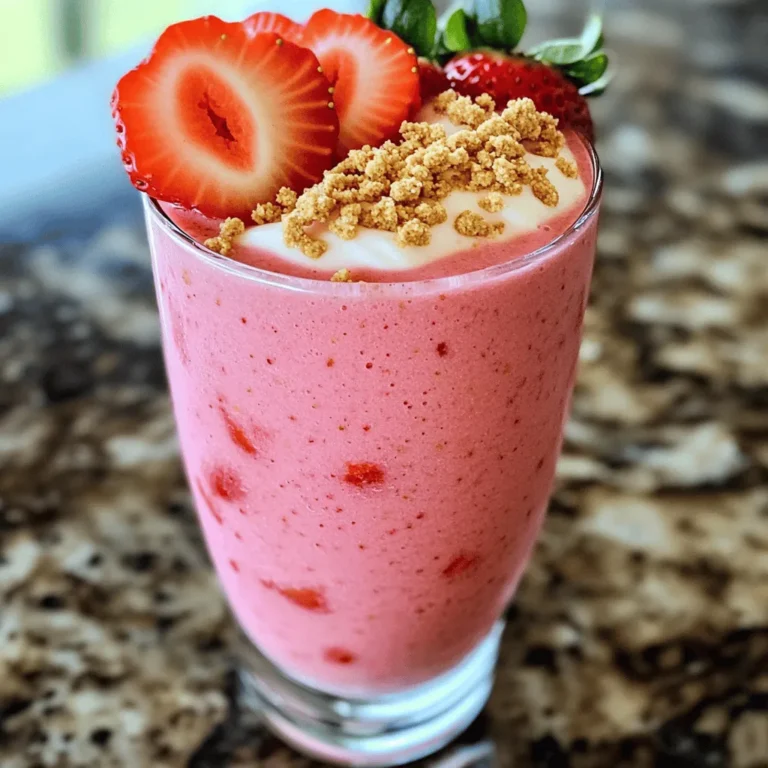 You need 1 cup of fresh strawberries for this smoothie. Make sure they are hulled and sliced. Fresh strawberries provide a sweet and tangy base. For a rich and creamy texture, use 1/2 cup of softened cream cheese. Let it sit at room temperature to soften. This ingredient gives the smoothie a cheesecake-like flavor. Adding 1/2 cup of Greek yogurt boosts creaminess. It also adds protein, making your smoothie more filling. This ingredient enhances the overall texture. Choose 1 cup of milk based on your preference. You can use dairy milk or any non-dairy alternative like almond or oat milk. This choice affects the flavor and creaminess. Use 2 tablespoons of honey or maple syrup for sweetness. Adjust this based on your taste. These options add a natural sweetness that pairs well with strawberries. Add 1/2 teaspoon of pure vanilla extract for flavor depth. This ingredient rounds out the taste and enhances other flavors in the smoothie. Use 1/4 cup of graham cracker crumbs to mimic cheesecake crust. You can sprinkle some on top for garnish. This adds a fun texture and taste contrast. If you like your smoothie thicker, add a handful of ice cubes. This step is optional, but it can make your smoothie extra refreshing. Gather all your ingredients first. You need: - 1 cup fresh strawberries, hulled and sliced - 1/2 cup cream cheese, softened - 1/2 cup Greek yogurt - 1 cup milk (dairy or non-dairy) - 2 tablespoons honey or maple syrup - 1/2 teaspoon pure vanilla extract - 1/4 cup graham cracker crumbs - A handful of ice cubes (optional) Make sure everything is ready before you start blending. This makes the process smooth and quick. Start by placing the sliced strawberries in your blender. Next, add the softened cream cheese and Greek yogurt. Pour in your choice of milk. Then, add honey or maple syrup along with the vanilla extract. Blend everything on high speed. You want a smooth and creamy mix. If it feels too thick, add a bit more milk. After blending, check the thickness. If it is still too thick, pour in a little more milk. Blend again until you reach your desired texture. The smoother, the better! Add the graham cracker crumbs to the blender. Pulse it a few times. You want to mix them in gently, not fully blend them. This gives your smoothie that cheesecake-like texture. If you like a thicker smoothie, toss in a handful of ice cubes. Blend it once more. This step makes your drink extra refreshing, especially on a hot day. Take a moment to taste your smoothie. If you want it sweeter, add a little more honey or maple syrup. Blend briefly to mix in the extra sweetness. Pour the smoothie into glasses. For a fun touch, sprinkle a few extra graham cracker crumbs on top. This adds a nice crunch and makes it look great! Enjoy your strawberry cheesecake smoothie right away. Select ripe, sweet strawberries. Look for bright red color and fresh green tops. Organic strawberries are best, as they have more flavor and fewer chemicals. You can taste the difference! Want to change things up? Add a banana for creaminess. Use blueberries or raspberries for a twist. You can mix in chocolate syrup for a rich flavor. Each option adds its own fun! Swap cream cheese with cashew cream or coconut yogurt. Use almond or oat milk instead of dairy. Maple syrup is a great sweetener. This keeps the smoothie tasty and plant-based. Blend the cream cheese and yogurt first. This helps them mix well. If the smoothie is too thick, add more milk gradually. The right blend gives you that creamy texture we all love! Serve in tall glasses for a pretty look. Top with more graham cracker crumbs for crunch. A sprig of mint adds a nice touch too. Enjoy your smoothie right away for the best taste! {{image_4}} You can make a chocolate strawberry cheesecake smoothie easily. Just add two tablespoons of cocoa powder to the blender. This will give your smoothie a rich, chocolate flavor. Blend it with the other ingredients for a tasty twist. Try a banana strawberry cheesecake smoothie for a fruity change. Simply add one ripe banana to the blender. The banana will add creaminess and natural sweetness. Blend it all together, and enjoy this delightful mix. If you want a vegan option, swap cream cheese with cashew cream. To make cashew cream, soak 1/2 cup of cashews in water for a few hours. Drain and blend them with a bit of water until smooth. This creamy base works well in your smoothie. Adding protein powder to your smoothie boosts nutrition. Use one scoop of your favorite protein powder. This change makes your drink great for breakfast or a post-workout snack. Mix it in with the other ingredients, and you’re all set for a healthy treat. If you have some smoothie left, pour it into a sealed jar. Store it in the fridge for up to two days. Make sure to shake it well before drinking. This keeps the flavors fresh and tasty. You can freeze your smoothie for a quick treat later. Pour it into ice cube trays or freezer-safe bags. When you're ready to enjoy it, blend the frozen cubes with a bit of milk. This makes a deliciously thick smoothie. You can use leftover ingredients in other recipes. For example, use extra cream cheese in a dip or spread. Strawberries can be added to yogurt or oatmeal. This way, nothing goes to waste, and you keep your meals diverse and tasty. Yes, you can use frozen strawberries. They make the smoothie cold and thick. Just blend them directly in place of fresh ones. If you do, you might want to reduce or skip the ice cubes. Absolutely! You can use vegan cream cheese or cashew cream. Both options will give you a creamy texture without dairy. You can add more honey or maple syrup. If you prefer, try adding a banana for natural sweetness. Taste as you go to find your perfect balance. This smoothie is packed with nutrients. Strawberries provide vitamins and antioxidants. Greek yogurt adds protein, while cream cheese gives you calcium. It’s a tasty way to get some healthy fats too. This smoothie stays fresh for about one day in the fridge. Store it in an airtight container to keep it tasting great. Give it a good shake before drinking. Yes, you can prepare it ahead of time. Just remember that the texture may change a bit. Blend it fresh for the best taste and creaminess! This blog post showed you how to make a tasty strawberry cheesecake smoothie. We covered the best ingredients, easy steps, and helpful tips. You can even try different flavors or make it dairy-free. Don’t forget about storage to save leftovers and keep the smoothie fresh. Enjoy making this treat and feel free to get creative. A delightful smoothie can bring fun to your kitchen!